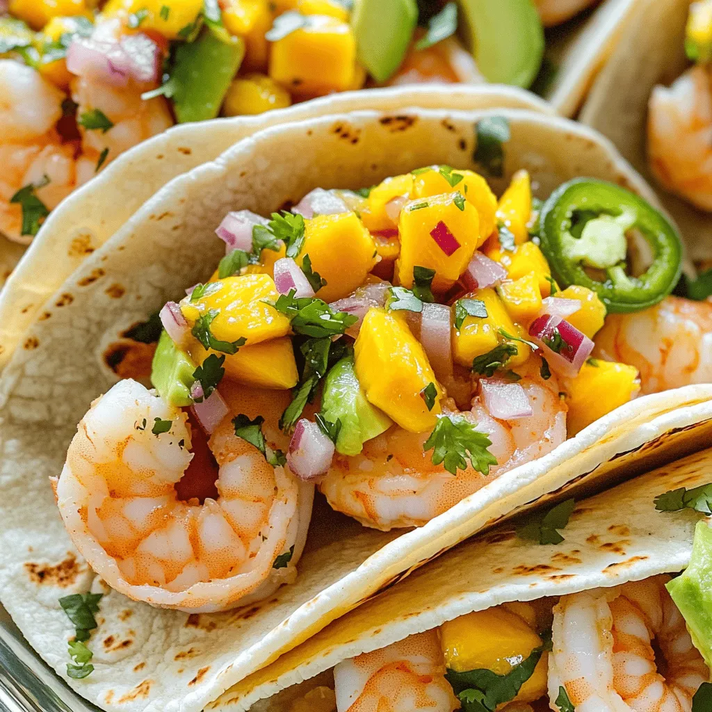 To make these spicy shrimp tacos, gather these main ingredients: - 1 lb large shrimp, peeled and deveined - 2 tablespoons olive oil - 1 teaspoon smoked paprika - 1 teaspoon chili powder - 1/2 teaspoon cayenne pepper (adjust for heat preference) - Salt and pepper to taste - 8 small corn tortillas - 1 avocado, sliced - Fresh cilantro for garnish These ingredients create a bold flavor. The shrimp provides a great base. The spices add heat and depth, making every bite exciting. Next, let’s focus on the mango salsa. You’ll need: - 1 ripe mango, diced - 1/2 red onion, finely chopped - 1 jalapeño, seeded and minced - 1 lime, juiced - Salt to taste This salsa adds a sweet and tangy touch. The mango balances the spicy shrimp perfectly. The jalapeño gives a kick, while the lime adds freshness. Feel free to customize your tacos. Here are some optional ingredients: - Shredded cabbage for crunch - Lime wedges for extra zest - Hot sauce for extra heat - Cotija cheese for creaminess These additions can enhance your tacos. Shredded cabbage gives a nice texture. Lime wedges and hot sauce let you adjust the flavor to your liking. For a full recipe, check out the complete details above! To start, grab a medium bowl. First, dice one ripe mango into small pieces. Next, finely chop half a red onion. Then, seed and mince one jalapeño. Combine all these ingredients in the bowl. Squeeze fresh lime juice over the mix. Add a pinch of salt to taste. Gently stir everything together. Let it sit for a few minutes. This allows the flavors to mix well. Now, take a separate bowl for the shrimp. Use one pound of large shrimp, already peeled and deveined. Add two tablespoons of olive oil. Sprinkle in one teaspoon of smoked paprika, one teaspoon of chili powder, and half a teaspoon of cayenne pepper. Feel free to adjust the cayenne for your heat preference. Season with salt and pepper. Toss everything together so the shrimp are well coated. Let them marinate for about 15 minutes. Heat a large skillet over medium-high heat. Once it’s hot, add the marinated shrimp in a single layer. Cook the shrimp for about 2 to 3 minutes on each side. Look for them to turn pink and opaque. Be careful not to overcook them. Once done, remove the skillet from the heat and set aside. In another skillet or on a grill, warm the corn tortillas. Heat them for about 30 seconds on each side. You want them soft and pliable. This step makes them easier to fill and fold later. Now it’s time to build your tacos. Place a few shrimp on each warm tortilla. Next, add a generous scoop of the mango salsa on top. For a creamy touch, add sliced avocado. Finish with a sprinkle of fresh cilantro for extra flavor. Enjoy the tacos right away while they are warm. Serve them with lime wedges on the side. A squeeze of lime adds a nice zing to each bite. You can also pair them with your favorite side dishes. For the full recipe, check the details above. When cooking shrimp, timing is key. I recommend using medium-high heat. This helps the shrimp cook quickly and evenly. Cook them for about 2-3 minutes per side. Look for a pink color and a firm texture. Overcooking makes shrimp tough. So, pay close attention while they cook. For added flavor, try grilling or sautéing in a cast-iron skillet. Both methods give a nice char and enhance taste. Want to make your tacos more or less spicy? Start with the cayenne pepper. Use less if you prefer mild flavors. You can also swap out the chili powder for a milder one. If you love heat, add extra jalapeños to the salsa. Taste as you go to find your perfect balance. Remember, everyone’s spice tolerance is different. Make it yours! If you have leftovers, store them properly to keep them fresh. Place shrimp and salsa in separate airtight containers. This keeps flavors intact. Shrimp will last for 2-3 days in the fridge. The salsa will be good for about 1-2 days. When ready to eat, reheat shrimp in a skillet over medium heat. Do not microwave, as it can make them rubbery. Enjoy the full recipe for more details on making the dish! {{image_2}} You can switch up the shrimp in this recipe. Try using chicken or fish. Both options work well with the same spices. For a vegetarian twist, use grilled portobello mushrooms. They soak up flavors and add a nice texture. While mango salsa is fresh and fruity, you can explore other flavors. Try a pineapple salsa with diced pineapple and red onion. A corn salsa with black beans and bell peppers also adds a great crunch. For heat, consider a tomatillo salsa. It brings a tangy kick that pairs nicely with shrimp. Get creative with your side dishes! Serve these tacos with a side of Mexican street corn. Its sweet and spicy mix complements the tacos well. A simple black bean salad adds protein and fiber. You can also offer tortilla chips with guacamole for a fun crunch. These sides keep your meal vibrant and exciting. To store leftover tacos, keep each part separate. Place the shrimp, tortillas, and mango salsa in airtight containers. This will help keep everything fresh. Store them in the fridge for up to three days. When you want to eat them, it’s best to reheat the shrimp. To reheat the shrimp, warm them in a skillet over medium heat. Cook for a few minutes until they are hot. Avoid cooking them too long, as they can turn tough. You can warm the tortillas in a dry skillet for about 30 seconds on each side. This will make them soft again. If you want to freeze the shrimp and salsa, do it separately. Place the cooked shrimp in a freezer bag, remove as much air as possible, and seal it. You can freeze them for up to three months. For the salsa, use a freezer-safe container. Note that the texture may change after freezing, but the flavor will still be great. For the full recipe, check out the full details provided earlier. Yes, you can prepare some parts ahead. Make the mango salsa one day before. Store it in the fridge to keep it fresh. Marinate the shrimp, but cook them closer to meal time. This keeps them juicy and tender. These tacos pair well with several sides. Try serving them with: - Rice and beans - Corn on the cob - A fresh salad - Tortilla chips with guacamole These sides add flavor and balance to the meal. To tone down the heat, reduce or omit cayenne pepper. You can also use a milder chili powder. Another trick is to add a touch of honey or sugar. This helps balance the spice without losing flavor. If you can’t find mango, try these fruits: - Pineapple for a sweet twist - Peaches for a juicy option - Papaya for a tropical taste These fruits add a similar sweetness and freshness to the salsa. Spicy shrimp tacos are simple and fun to make at home. We covered key ingredients, from shrimp to mango salsa. The step-by-step guide made cooking easy. I shared tips for cooking shrimp and adjusting spice levels. Plus, we explored tasty variations and smart storage methods. Enjoy this dish at your next meal. You can customize it to match your taste. Dive into flavors and impress your friends and family with this recipe!