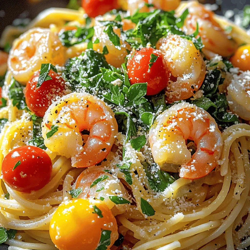 - 8 oz spaghetti or linguine - 1 lb shrimp, peeled and deveined - 4 tablespoons unsalted butter - 4 cloves garlic, minced These main ingredients form the base of our dish. You need the pasta to carry all the flavors. Shrimp adds a sweet and juicy touch. Butter makes everything rich and creamy. Garlic brings in that strong, savory flavor we all love. - 1/2 teaspoon red pepper flakes (adjust to taste) - 1 lemon, zested and juiced - 1/2 cup cherry tomatoes, halved - 2 cups baby spinach The additional ingredients add brightness and color. Red pepper flakes give a spicy kick. Lemon adds freshness and zing. Cherry tomatoes add sweetness and burst in each bite. Baby spinach makes the dish healthier and adds a nice green color. - Salt and pepper to taste - Fresh parsley, chopped (for garnish) - Grated Parmesan cheese (optional, for serving) You can’t forget seasoning! Salt and pepper enhance all the flavors. Fresh parsley gives a pop of color and freshness. Grated Parmesan cheese is optional but adds a nice creamy finish. For the full recipe, check the link provided. To start, fill a large pot with water and add a good amount of salt. Bring it to a boil. Once the water is boiling, add 8 oz of spaghetti or linguine. Cook it according to the package instructions. I like to aim for al dente texture. This means the pasta should be firm to the bite but not hard. When done, save 1/2 cup of the pasta water. Drain the pasta and set it aside. For the shrimp, take 1 lb of peeled and deveined shrimp. In a large skillet, melt 2 tablespoons of unsalted butter over medium heat. Add the shrimp in a single layer. Season them with salt, pepper, and 1/2 teaspoon of red pepper flakes. Cook for about 2-3 minutes on each side. The shrimp should turn pink and cook through. Once cooked, remove the shrimp from the skillet and set them aside. In the same skillet, add the remaining 2 tablespoons of butter. Once it melts, add 4 cloves of minced garlic. Sauté the garlic for about 1 minute. It should smell fragrant but not brown. This step is key to making a great sauce. Next, stir in 1/2 cup of halved cherry tomatoes. Cook them for 2 minutes until they soften. Then, add 2 cups of baby spinach. Cook until the spinach wilts, which should only take a minute. Now, return the cooked shrimp to the skillet. Add the drained pasta along with the juice and zest of 1 lemon. Toss everything together. If the sauce seems too thick, add some of the reserved pasta water. Do this a little at a time to reach your desired sauce consistency. Taste and adjust with more salt and pepper if needed. To finish, plate the pasta and shrimp. I like to garnish with fresh chopped parsley and grated Parmesan cheese if you want. This adds some color and extra flavor. A simple touch can make your meal look great! To make your pasta shine, choose spaghetti or linguine. Boil salted water before adding the pasta. Cook it until it is al dente. This means it should be firm but not hard. Drain the pasta, but save some water for later. This water helps the sauce stick. When cooking shrimp, keep a close eye on the time. Cook them for about 2-3 minutes on each side. They turn pink when done. Overcooked shrimp can become rubbery and tough. No one wants that! Want to spice things up? Try adding more red pepper flakes. If you love heat, toss in some cayenne pepper too. You can also use fresh herbs like basil or oregano. They add a fresh kick to the dish. For a twist, swap the garlic butter sauce for a lemon cream sauce. Simply add heavy cream after the garlic. This gives a rich, smooth flavor that pairs well with shrimp. Plating your dish nicely makes a big difference. Use a large plate and twirl the pasta into a nest shape. This looks appealing and is fun to eat! Garnish with fresh parsley for color. A sprinkle of grated Parmesan cheese adds richness. Use a lemon wedge on the side for a pop of color and extra flavor. For the full recipe, check out the details above! {{image_2}} You can swap shrimp for other proteins. Chicken or scallops work well. They offer great flavor and texture. For a vegetarian twist, use tofu or tempeh. Both absorb flavors well and add protein. If you need gluten-free options, try rice or quinoa pasta. They cook similarly and taste great. For a healthier twist, use olive oil instead of butter. This change adds good fats and lowers calories. Adding different vegetables can change the dish. Try bell peppers, zucchini, or asparagus for color and taste. You can also mix in other seafood like clams or mussels. They bring a unique flavor and add depth to the meal. To keep your Garlic Butter Shrimp Pasta fresh, use airtight containers. Glass containers work well and help avoid smells. Store it in the fridge for up to three days. Make sure to let the pasta cool before sealing. When it’s time to enjoy leftovers, use the stove or microwave. For the stove, heat it gently in a pan. Add a splash of water or broth to keep it moist. If using a microwave, cover it to avoid drying out. Heat in short bursts, stirring often until warm. You can freeze this dish for later. Divide it into single servings in freezer-safe bags. Squeeze out excess air before sealing. It can last up to three months in the freezer. To thaw, place it in the fridge overnight. If you're in a hurry, use the microwave on defrost. After thawing, reheat on the stove with a little liquid to revive the sauce. Enjoy your meal! For the full recipe, check the main section above. Yes, you can use frozen shrimp. Frozen shrimp are easy to find and can save time. They are also often more affordable. However, they may require extra cooking time. Be sure to thaw them properly. Place them in cold water for about 15 minutes. This helps maintain their texture. Fresh shrimp often taste better but frozen shrimp work well in a pinch. Garlic butter shrimp pasta pairs well with many sides. You can serve it with a fresh salad. A simple green salad with vinaigrette works great. Garlic bread is another tasty choice. It soaks up the sauce perfectly. You could also add a side of steamed vegetables, like broccoli or asparagus. These add color and nutrition to your meal. To spice things up, add more red pepper flakes. Start with half a teaspoon, then taste. You can also add sliced fresh chili peppers for heat. Another option is to use hot sauce. Drizzle it over the pasta just before serving. Adjust the spice level to fit your taste. Enjoy the kick of heat in every bite! Yes, cheese can enhance the dish. Grated Parmesan cheese is a great choice. It adds a rich, salty flavor. You could also use Pecorino Romano for a sharper taste. Adding cheese makes the dish creamier. Just sprinkle it on top before serving for a nice finish. This recipe is quick and easy. Prep time is about 10 minutes. Cooking the shrimp and pasta takes around 15 minutes. Overall, you can have this meal ready in just 25 minutes. It’s perfect for busy weeknights or a simple dinner party. You’ll impress everyone with your cooking skills! For the complete method, check the Full Recipe. This blog covered how to make a delicious garlic butter shrimp pasta. You learned about key ingredients like shrimp, pasta, and spices. I shared step-by-step instructions, tips for perfect pasta, and ways to customize the dish. Cooking can be fun and rewarding. With this recipe, you can create a great meal that impresses. Try it out, adjust as needed, and enjoy the flavors. Your kitchen is ready for action!