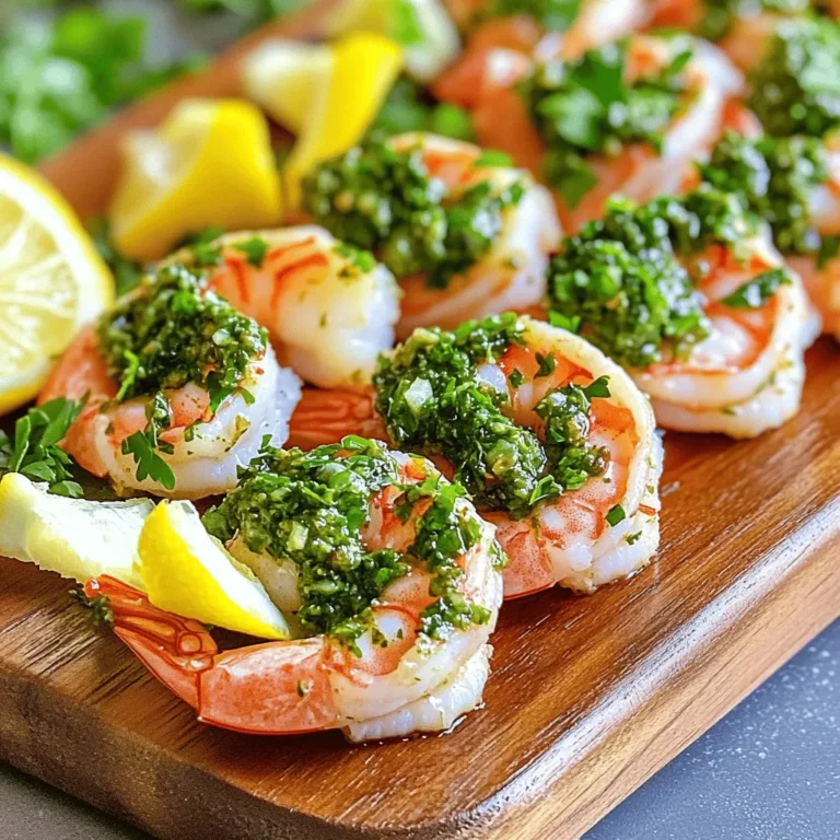 - 1 pound large shrimp, peeled and deveined - 1 cup fresh parsley, packed - 1/2 cup fresh cilantro, packed - 4 cloves garlic, minced - 1 small red chili, deseeded and chopped - 1/2 cup olive oil - 3 tablespoons red wine vinegar or lemon juice - 1 teaspoon dried oregano - Salt and pepper to taste - Lemon wedges for garnish When I prepare my shrimp chimichurri, I love using fresh ingredients. The large shrimp should be peeled and deveined for the best texture. Fresh parsley and cilantro add a bright flavor that makes this dish pop. Garlic gives it a strong base, while the red chili adds just the right amount of kick. In my pantry, I always keep high-quality olive oil. This oil helps blend the flavors smoothly. Red wine vinegar or lemon juice brings a nice acidity that balances the dish. Dried oregano, salt, and pepper round out the flavors. For serving, I like to add lemon wedges. They add a fresh touch. Squeezing lemon juice over the shrimp just before eating makes a big difference. It brightens up the whole dish. You can find the full recipe in the article to guide you through the steps. To make the chimichurri sauce, gather these ingredients: - 1 cup fresh parsley, packed - 1/2 cup fresh cilantro, packed - 4 cloves garlic, minced - 1 small red chili, deseeded and chopped - 1/2 cup olive oil - 3 tablespoons red wine vinegar (or lemon juice) - 1 teaspoon dried oregano - Salt and pepper to taste First, place the fresh herbs, garlic, and chili in a blender or food processor. Pulse them a few times until they are finely chopped. Then, pour in the olive oil and red wine vinegar. Add the dried oregano and season with salt and pepper. Blend until everything is well mixed but still a bit chunky. Taste it and adjust the seasoning if needed. You want a fresh and vibrant flavor. For the best flavor, marinate the shrimp for 15 to 20 minutes. This gives the shrimp time to soak up the chimichurri sauce. In a mixing bowl, add the shrimp and half of the chimichurri sauce. Toss the shrimp well to coat them evenly. This step is key to infusing flavor into every bite. You can cook the shrimp by frying or grilling. If you're frying, heat a pan over medium-high heat. Add a splash of olive oil if needed. Cook the shrimp for 2 to 3 minutes on each side. They are done when they turn pink and opaque. If grilling, follow the same time guide. Perfectly cooked shrimp should curl slightly and be firm to the touch. Serve them hot for the best taste. For the full recipe, check out the complete guide. To make shrimp chimichurri more exciting, you can adjust the spice levels. If you like heat, add more chopped red chili. For a milder dish, reduce the chili or remove the seeds. This way, you control the flavor explosion! For the best chimichurri consistency, blend it until chunky but smooth. You want to see bits of herbs and garlic, not a puree. If it’s too thick, add a splash of olive oil. This keeps the sauce vibrant and fresh. You can choose to grill or sauté the shrimp. Grilling gives a nice smoky flavor. Sautéing is quicker and easier for weeknight meals. Both methods work well, so pick what suits your needs! To avoid overcooking shrimp, watch them closely. They cook fast! When they turn pink and opaque, they are done. Remove them from heat right away for the best texture. For a stunning display, arrange the shrimp on a large platter. Drizzle extra chimichurri sauce over the shrimp. This adds color and flavor. Garnish the dish with fresh herbs like parsley or cilantro. Lemon wedges on the side add brightness and a pop of color. These small touches make your meal look gourmet! Don’t forget to check out the Full Recipe for complete steps and tips! {{image_2}} You can easily swap shrimp for other proteins. Chicken or steak works well in this dish. Just remember to adjust cooking times based on the protein you choose. Chicken takes longer, while steak cooks quickly. You can also make a vegan version. Use hearty vegetables like zucchini, bell peppers, or eggplant. These veggies soak up the chimichurri flavor nicely. Want to add a twist to the recipe? Consider adding citrus! Lime or orange juice brightens the dish and adds depth. You can also mix in different herbs. Try basil or mint for a fresh taste. Each herb brings its unique flavor and can change the whole dish. Feel free to experiment! Pair your shrimp chimichurri with side dishes. Rice or quinoa makes a great base. You can also serve it with fresh salads or grilled veggies. For a fun twist, use it as a topping for tacos or rice bowls. The chimichurri adds a fresh kick to any meal. Check out the Full Recipe for more ideas! To store leftovers, place the shrimp chimichurri in an airtight container. This keeps the dish fresh. You can enjoy it for up to three days in the fridge. After that, the shrimp may lose flavor and texture. Yes, you can freeze chimichurri sauce! Just pour it into a freezer-safe container. It can last for about three months in the freezer. For shrimp, it is best to freeze them uncooked. Place them in a single layer on a baking sheet first. Once frozen, transfer them to a freezer bag. This helps maintain their shape. To reheat shrimp, use a skillet over medium heat. Add a splash of olive oil to keep them moist. Heat for about 2-3 minutes until warmed through. Avoid overcooking, as shrimp can become rubbery. For chimichurri sauce, simply warm it gently on the stove. This keeps the flavors intact and fresh. Chimichurri sauce has fresh herbs, garlic, olive oil, and vinegar. Each ingredient plays a key role: - Fresh parsley: Adds bright flavor and color. - Fresh cilantro: Brings a unique taste that enhances the sauce. - Garlic: Offers a strong, aromatic flavor. - Red chili: Provides heat and depth; adjust to your spice level. - Olive oil: Acts as a base and brings richness. - Red wine vinegar: Adds acidity to balance the flavors. - Dried oregano: Contributes earthiness and complexity. - Salt and pepper: Enhances all the flavors. Shrimp can marinate safely for 15 to 30 minutes. This time allows the flavors to soak in. Avoid marinating longer as the shrimp can become mushy. Yes, you can make chimichurri sauce ahead. Store it in an airtight container in the fridge. It stays fresh for about 3 days. To keep the colors bright, add a little extra olive oil on top before sealing. Yes, Shrimp Chimichurri is gluten-free. All the ingredients are naturally gluten-free. It’s a great choice for those with gluten sensitivities. To make it spicier, add more red chili to the sauce. You can also try using red pepper flakes for extra heat. If you like it very hot, consider adding jalapeños or a dash of hot sauce. Adjust to your taste for the perfect kick. You now have all the tools to make a great shrimp chimichurri dish. We explored the key ingredients, like fresh shrimp and herbs, to create a flavorful meal. I shared step-by-step instructions, cooking methods, and tips for better taste and presentation. Remember, you can mix things up with different proteins or flavors. Don't forget to store leftovers properly to keep everything fresh. Enjoy your cooking and impress your friends with this vibrant dish!