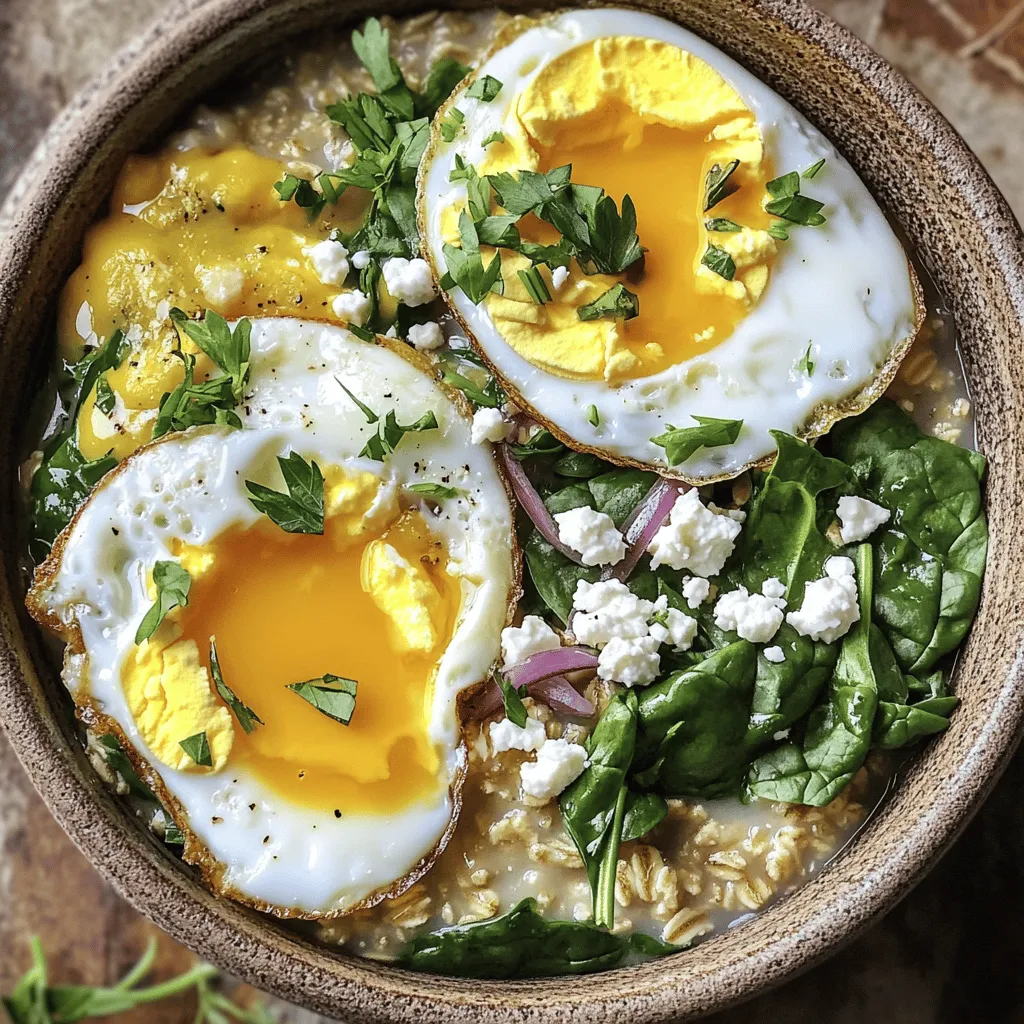 Cooking savory oatmeal is easy, and you only need a few simple ingredients. Here’s what you need: - 1 cup rolled oats - 2 cups vegetable broth - 1 cup fresh spinach, roughly chopped - 1 medium red onion, diced - 2 cloves garlic, minced - 1 tablespoon olive oil - 1 teaspoon smoked paprika - 1/2 teaspoon salt (or to taste) - 1/4 teaspoon black pepper - 2 large eggs - Crumbled feta cheese (optional, for topping) - Fresh herbs for garnish (optional) These ingredients come together to create a warm and filling meal. The rolled oats provide a hearty base, while the vegetable broth adds flavor. Fresh spinach brings nutrition and color. The red onion and garlic add depth, and smoked paprika gives it a nice kick. The eggs are the star of the show and make this dish truly special. You can also customize this recipe. For example, if you like cheese, add feta on top. Fresh herbs can make your meal pop with fresh flavor. This savory oatmeal with spinach and eggs is a comfort meal you can enjoy any day of the week. Explore the full recipe for all the details on how to make it! Start by heating olive oil in a medium saucepan over medium heat. Add the diced red onion. Sauté for about 3 to 4 minutes. You want the onion to get soft and clear. Next, add minced garlic and smoked paprika. Cook this mixture for another 1 to 2 minutes. The smell will be amazing! Pour in 2 cups of vegetable broth. Bring this to a boil. Then, add 1 cup of rolled oats, along with salt and pepper. Reduce the heat to a simmer after that. Cook for about 5 to 7 minutes. Stir occasionally. The oats should absorb most of the liquid and be creamy. Now, stir in 1 cup of chopped spinach. Cook it for an additional 1 to 2 minutes. The spinach will wilt quickly. In a separate skillet, prepare 2 large eggs as you like. You can fry or poach them. Season the eggs with a little salt and pepper. Now you can serve this delicious dish! Spoon the savory oatmeal into bowls. Top each bowl with an egg. You can also sprinkle on crumbled feta cheese and fresh herbs if you wish. For the full recipe, check out the details above! To achieve creamy oatmeal, use rolled oats instead of instant oats. Rolled oats absorb liquid well and become soft. Cook them in vegetable broth for extra flavor. Stirring while cooking is key. It helps the oats cook evenly and prevents sticking. Stir every couple of minutes for the best texture. Spice adjustments can elevate your dish. Try adding a pinch of cayenne for heat or a dash of turmeric for color. Fresh herbs like chives or parsley can brighten your meal. Add them right before serving for the best taste. Frying and poaching eggs each have their perks. Fried eggs give a crispy edge, while poached eggs are soft and tender. To achieve the perfect runny yolk, cook them on low heat. For poached eggs, add a splash of vinegar to the water. This helps the egg whites stay together. Practice makes perfect, so don't worry if it takes a few tries! For the full recipe, check out Savory Oatmeal Delight with Spinach & Eggs. {{image_2}} You can easily customize your savory oatmeal to fit your taste. Start by adding your favorite vegetables. Try diced bell peppers, mushrooms, or zucchini for extra flavor and nutrition. You can also add proteins like cooked chicken, bacon, or tempeh. These additions make your meal heartier and more filling. For toppings, consider using avocado or salsa. Sliced avocado adds creaminess and healthy fats. Salsa brings a zesty kick that brightens the dish. You could also sprinkle some sunflower seeds or chopped nuts for crunch. Each topping changes the dish’s flavor, so feel free to mix and match! If you need gluten-free oats, look for certified gluten-free brands. They are safe for those with gluten sensitivities. You can also swap regular oats for steel-cut oats. Just remember to adjust the cooking time as needed. For vegan options, you can replace the eggs with tofu or chickpea scramble. Nutritional yeast can add a cheesy flavor without dairy. For the creamy touch, use almond or coconut yogurt instead of feta. These swaps make the dish plant-based while still delicious. To keep your savory oatmeal fresh, store it in an airtight container. Refrigerate it within two hours of cooking. This helps prevent bacteria growth. You can keep it for up to three days. When reheating, add a splash of broth or water to restore creaminess. Heat it on the stove or in the microwave until warm. Preparing your savory oatmeal in advance saves time. Cook a big batch and store it in the fridge. You can warm it up for quick meals. For the best taste, keep the ingredients separate. Store oats, veggies, and broth in one container, and eggs in another. This way, everything stays fresh and tasty. You can add the eggs just before eating for the best texture. For the full recipe, check out the delicious Savory Oatmeal Delight with Spinach & Eggs! How long does savory oatmeal last? Savory oatmeal lasts about 3 to 5 days in the fridge. Store it in an airtight container. Reheat it on the stove or in the microwave. Can I freeze savory oatmeal? Yes, you can freeze savory oatmeal. Place it in a freezer-safe container. It can last up to 3 months in the freezer. Thaw it overnight in the fridge before reheating. Key health benefits of ingredients Savory oatmeal is rich in fiber from oats. The spinach adds vitamins A and K. Eggs provide protein and healthy fats. This meal is filling and nutritious. Caloric breakdown per serving One serving of savory oatmeal has about 350 to 400 calories. This includes oats, broth, spinach, and eggs. Adding feta cheese increases the calories slightly. Can I use water instead of broth? Yes, you can use water instead of broth. However, broth adds more flavor. If you prefer a lighter taste, water works fine. What can I substitute for spinach? You can use kale or Swiss chard instead of spinach. Both add great flavor and nutrients. You can also try other greens like arugula or collard greens. This blog post covered a great savory oatmeal recipe. We looked at ingredients and steps for cooking the dish. I shared tips to enhance flavors and storage methods to keep it fresh. Feel free to customize your oatmeal with different veggies or toppings. With simple swaps, you can meet dietary needs too. Embrace this healthy meal full of nutrients. You now have all the info you need to make it your own. Enjoy your cooking adventure!
