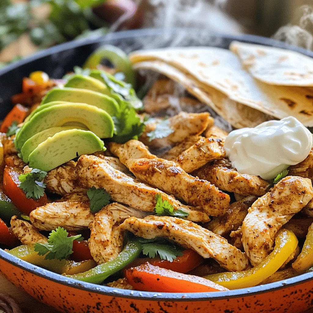 - 2 boneless, skinless chicken breasts, sliced into thin strips - 2 tablespoons olive oil - 1 tablespoon taco seasoning - 1 bell pepper (red or yellow), sliced - 1 green bell pepper, sliced - 1 medium onion, sliced - 2 cloves garlic, minced - Salt and pepper to taste - Fresh lime juice, from 1 lime - Flour tortillas, for serving To make easy chicken fajitas, you need fresh ingredients. Start with chicken breasts. Slice them into thin strips for quick cooking. Olive oil helps the chicken brown nicely. Use a tablespoon of taco seasoning for flavor. Bell peppers add color and crunch. I like using both red and green. Onions bring sweetness and depth. Don’t forget garlic for that lovely aroma. - Avocado slices - Fresh cilantro - Sour cream - Salsa Toppings make your fajitas pop! Creamy avocado balances the spices. Fresh cilantro adds brightness. Sour cream gives a cool touch. Salsa adds zest and extra flavor. Choose your favorites or mix them all! - Salt - Pepper - Flour tortillas Keep salt and pepper handy. They enhance the taste of your dish. Flour tortillas are a must for serving. They hold all the delicious ingredients together. With these pantry staples, your fajitas will shine. For the full recipe, check out the earlier section. To start, place the sliced chicken in a large bowl. Add two tablespoons of olive oil and one tablespoon of taco seasoning. Sprinkle in some salt and pepper. Mix it all together well. Make sure every piece is coated. Let the chicken marinate for about 15 minutes. This will help deepen the flavor. Next, heat a large skillet over medium-high heat. Once it gets hot, add the marinated chicken strips. Cook them for 5-7 minutes. Stir occasionally to ensure even cooking. The chicken should turn golden brown. Use a meat thermometer to check if it reaches 165°F for safety. Once done, remove the chicken from the skillet and set it aside on a plate. Now, it’s time for the veggies! In the same skillet, add a little more olive oil if needed. Toss in the sliced bell peppers and onions. Sauté them for about 3-4 minutes. You want them tender but still crisp. Then, add the minced garlic and cook for another minute. This will give your fajitas a lovely aroma. Return the cooked chicken to the skillet and squeeze fresh lime juice over everything. Stir it all together to mix the flavors. For the full recipe, check out the details above. Enjoy your easy chicken fajitas! To make great chicken fajitas, choose fresh chicken breasts. They should be boneless and skinless. Slice them into thin strips for quick cooking. For seasoning, taco seasoning works best. You can buy it or make your own. A mix of chili powder, cumin, and garlic powder gives depth. Marinate your chicken for at least 15 minutes. This helps the flavors soak in and makes it tender. The right skillet temperature is key. Heat your skillet over medium-high. This helps the chicken cook evenly. Add the marinated chicken and cook for 5-7 minutes. You want it golden brown and cooked through. Don’t overcrowd the pan, as this steams the chicken instead of browning it. After cooking the chicken, remove it and sauté your veggies for about 3-4 minutes. This keeps them crisp and colorful. Serve your chicken fajitas with warm flour tortillas. They hold the filling well. Add toppings like fresh avocado slices, cilantro, or sour cream for extra flavor. You can also serve them with a side of rice or beans for a complete meal. A refreshing drink, like limeade, pairs well too. For the full recipe, check out the detailed instructions on how to create these delightful fajitas! {{image_2}} You can make tasty vegetarian fajitas by swapping chicken for tofu or mushrooms. Both options soak up flavors well. For tofu, use firm and press it to remove excess water. Cut it into strips and marinate just like the chicken. For mushrooms, I recommend using portobello or cremini. Slice them thick and sauté until they get a nice brown color. Both choices offer a satisfying texture and taste. If you like heat, add jalapeños or chipotle to your fajitas. Jalapeños give a fresh, bright flavor. Slice them thin and toss them in with the veggies. Chipotle adds a smoky heat. You can use chipotle powder or canned chipotle in adobo sauce. Adjust the amount to your spice level. These additions will make your fajitas exciting and flavorful. Tortillas are key to great fajitas. You can choose flour or corn tortillas. Flour tortillas are soft and chewy, perfect for wrapping. Corn tortillas offer a nice crunch and earthy flavor. If you need gluten-free options, look for rice or corn tortillas. Each tortilla type gives a unique taste and texture, so try them all! For the complete recipe, check out the Full Recipe section. To safely store chicken fajitas, let them cool first. Place the fajitas in an airtight container. You can keep them in the fridge for up to three days. If you want to keep them longer, consider freezing. To reheat chicken fajitas without drying them out, use the stovetop. Heat a skillet over low heat. Add a splash of water or oil to keep them moist. Stir gently until heated through. You can also use the microwave, but cover the fajitas with a damp paper towel to add moisture. Yes, you can freeze chicken fajitas. Store them in a freezer-safe bag or container. They will last for up to three months in the freezer. When ready to eat, thaw them in the fridge overnight. Then, reheat using the stovetop method mentioned above for best results. For the full recipe, refer back to the earlier section. It takes about 30 minutes to make chicken fajitas. You spend 15 minutes prepping the ingredients. Cooking the chicken and veggies takes another 15 minutes. To save time, cut your chicken and veggies in advance. You can also marinate the chicken overnight for more flavor. Yes, you can make chicken fajitas ahead of time. Cook the chicken and veggies, then cool them down. Store the fajitas in an airtight container in the fridge. They will stay good for 3 to 4 days. When ready to eat, just reheat them on the stove. If you need an alternative to taco seasoning, you can make your own. Mix chili powder, cumin, garlic powder, and paprika for a simple blend. Adjust the amounts to fit your taste. This homemade mix adds great flavor to your chicken fajitas. In this post, we explored how to make delicious chicken fajitas. We covered required ingredients, marinating the chicken, and sautéing veggies. I shared tips for perfecting your fajitas and offered variations for different diets. Lastly, we discussed storage and reheating methods to enjoy leftovers. Try these tips to create your own tasty dish. Fajitas are easy and fun to make, and they can fit everyone's taste. Enjoy cooking and savor your meal!