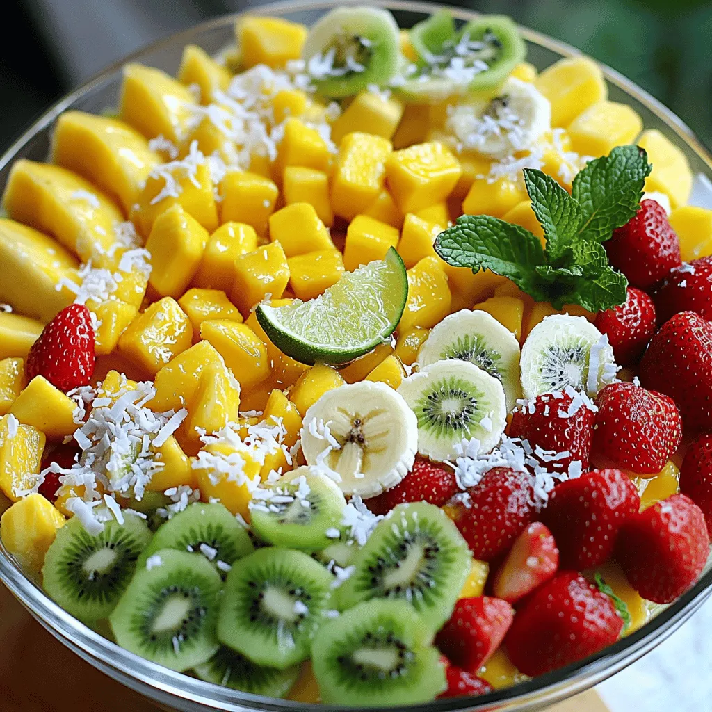 To create a vibrant Tropical Fruit Salad, gather these fresh fruits: - 1 ripe pineapple, peeled and diced - 2 ripe mangoes, peeled and diced - 2 bananas, sliced - 1 cup strawberries, hulled and halved - 1 cup kiwi, peeled and sliced These fruits add a mix of colors and flavors that excite the taste buds. Each bite bursts with sweetness and freshness. Pineapples bring a tropical zing, while mangoes add rich creaminess. Bananas offer softness, strawberries add a tart bite, and kiwis provide a unique tang. You can enhance your salad with these optional ingredients: - 1 cup coconut flakes (unsweetened) - Juice of 2 limes - 1 tablespoon honey (optional) - Fresh mint leaves for garnish Coconut flakes add a fun crunch. Lime juice brightens the flavors, while honey can sweeten it up if needed. Mint leaves offer a fresh aroma and pretty touch to the dish. This Tropical Fruit Salad is not only tasty but also healthy. Each serving is packed with vitamins and minerals. Here are some benefits: - Rich in Vitamin C - High in fiber - Low in calories - Hydrating properties Eating this salad gives your body a boost of energy. It’s a great treat for hot days or as a light dessert. You can find the full recipe to make this delightful dish. First, gather your fruits. You will need pineapple, mangoes, bananas, strawberries, kiwi, and coconut flakes. Start by peeling the pineapple and cutting it into small chunks. Next, peel the mangoes and chop them into cubes. For bananas, slice them into round pieces. Remove the green tops from the strawberries and cut them in half. Finally, peel the kiwi and slice it. Make sure to keep all pieces roughly the same size. This helps with even mixing and presentation. Once you have all your fruits ready, grab a large mixing bowl. Add the diced pineapple, mangoes, bananas, strawberries, and kiwi to it. Gently stir to combine the fruits. Be careful not to mash them. In a small bowl, mix the juice of two limes with one tablespoon of honey if you want extra sweetness. Pour this mixture over the fruits. Toss the salad gently to coat all the pieces evenly. Finally, sprinkle in the coconut flakes and fold them in without breaking the fruit. Now that your salad is mixed, cover the bowl with plastic wrap. Place it in the fridge for about 30 minutes. This chill time allows the flavors to blend and makes the salad refreshing. When you are ready to serve, take the salad out of the fridge. Scoop it into bowls and garnish with fresh mint leaves. This adds a lovely touch and extra flavor. Enjoy your Tropical Paradise Fruit Salad! For full preparation details, check the Full Recipe. To make the best tropical fruit salad, choose ripe fruits. Look for a pineapple that smells sweet at the bottom. The skin should have a golden hue. For mangoes, the skin should give slightly when you press gently. Bananas should be yellow with a few brown spots. Strawberries must be bright red and firm. Kiwi should be slightly soft but not mushy. Fresh fruits are key to great taste. You can make your salad pop with flavors. Squeeze fresh lime juice over the fruits. This adds zest and keeps them fresh. For a touch of sweetness, mix in a bit of honey. Coconut flakes add texture and flavor. To make it look beautiful, garnish with fresh mint leaves. A colorful presentation will make everyone excited to dig in. Avoid using overripe fruits. They can turn mushy in your salad. Do not skip the chilling step. Chilling helps the flavors blend well. Be gentle when mixing fruits to keep them whole. Lastly, don’t add too much lime juice. It can overpower the natural sweetness of the fruits. Stick to the full recipe for the perfect balance. {{image_2}} You can customize your tropical fruit salad by adding other fruits. Consider using papaya, passion fruit, or guava. These fruits add unique flavors and textures. Each fruit brings its own taste and health benefits. For a crunchier bite, try adding jicama or even starfruit. Mixing different colors makes the salad more appealing. To boost flavor, consider adding a splash of coconut water or orange juice. These liquids enhance the tropical vibe. You can also sprinkle a pinch of sea salt to bring out the sweetness. For a spicy kick, add a dash of chili powder or finely chopped jalapeño. Fresh herbs like basil or cilantro can add a new layer of flavor. Serve your salad in a hollowed-out pineapple for a fun presentation. This gives a festive touch to any gathering. You can also serve it in individual cups for easy sharing. Pair the salad with grilled chicken or fish for a complete meal. For dessert, enjoy it with a scoop of vanilla ice cream. You can find the full recipe for this delicious dish to get started! To keep your tropical fruit salad fresh, store it in an airtight container. This helps prevent moisture loss and keeps flavors intact. It's best to chill it in the fridge. Enjoy within 2 days for the best taste. If you notice any browning on bananas or apples, squeeze a little lime juice on them. This keeps them looking bright and fresh. You do not need to reheat tropical fruit salad. Serve it cold for a refreshing treat. If the salad seems a bit soggy, gently toss it again before serving. This helps redistribute the juices and brighten up the dish. Adding a few fresh mint leaves right before serving can enhance the look and taste. While it’s not ideal to freeze tropical fruit salad, you can do it. Some fruits freeze better than others. Pineapple and mango work well, but bananas can turn mushy. To freeze, place the salad in a freezer-safe bag. Lay it flat to save space. Thaw it in the fridge when you're ready to enjoy it again. Keep in mind that the texture may change a bit, but the taste will still be delightful. For the full recipe, check out Tropical Paradise Fruit Salad. Yes, you can use canned fruits. Choose fruits packed in juice or water, not syrup. Canned fruits save time and add sweetness. However, fresh fruits taste better and have more nutrients. If you use canned fruits, rinse them to reduce added sugars. To keep fruits like bananas and apples from browning, use lime juice. The acid in lime juice slows down the browning process. You can toss the fruit pieces in lime juice as soon as you cut them. Cover your salad tightly with plastic wrap to limit air exposure. Chill it right away for best results. Tropical fruits are tasty and packed with nutrients. They offer vitamins, minerals, and fiber. For example, pineapple has bromelain, which helps digestion. Mango is high in vitamin C, great for your immune system. Kiwi supports heart health and is rich in antioxidants. Eating a variety of these fruits boosts your health. For a full recipe, check out the Tropical Paradise Fruit Salad. This blog post taught you about making a delicious tropical fruit salad. We covered key ingredients, step-by-step prep, and tips to enhance your dish. Remember to select ripe fruits for the best taste. Avoid common mistakes, like using brown fruits. Try different variations to keep it fun. Proper storage is key for freshness. In the end, enjoy the health benefits of these fruits. Embrace your creativity and make this salad your own. Your taste buds will thank you!
