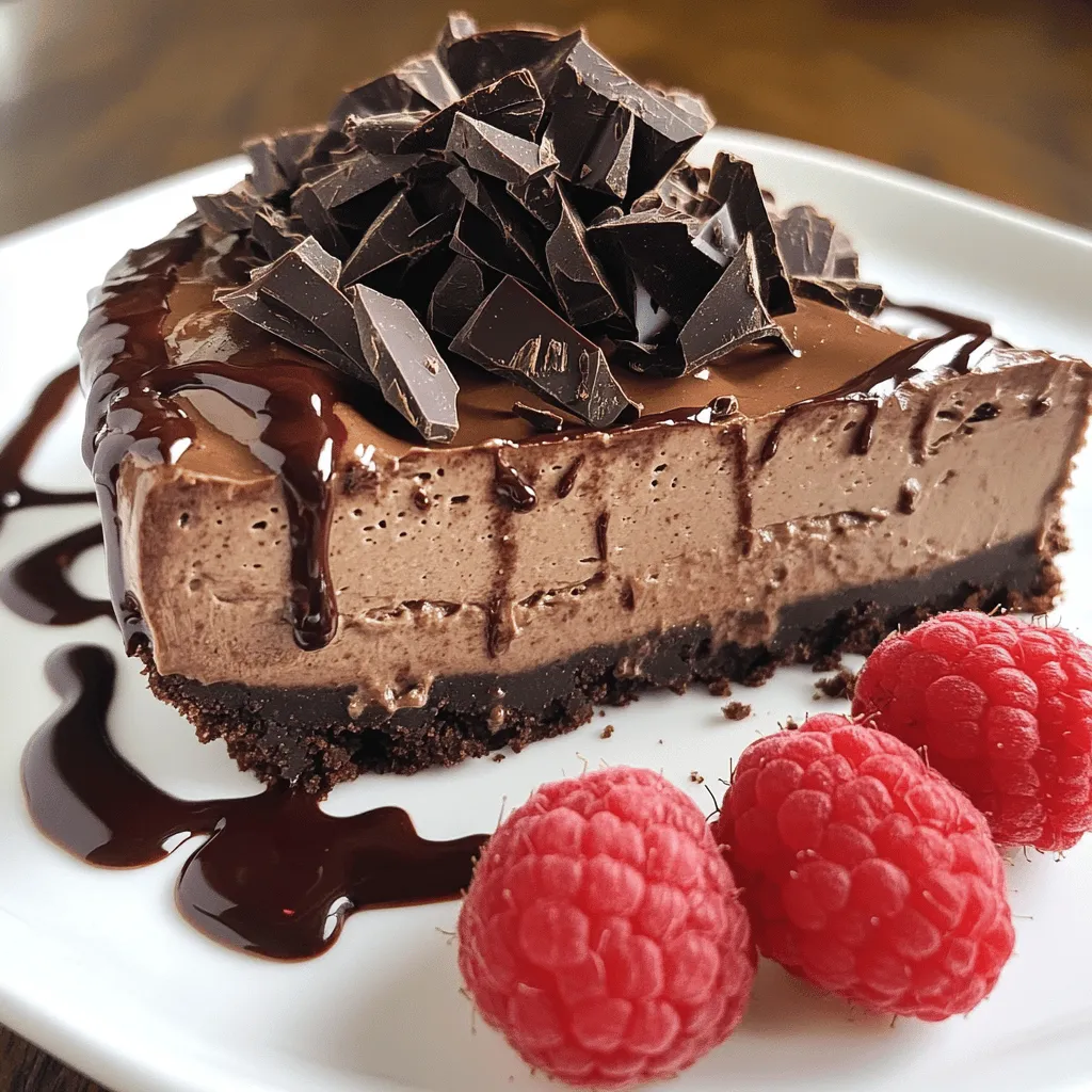 - 1 ½ cups chocolate cookie crumbs (like Oreos or chocolate graham crackers) - ½ cup unsalted butter, melted - 16 oz cream cheese, softened - 1 cup powdered sugar - 2 cups heavy whipped cream - 1 cup sour cream - ½ cup cocoa powder - 1 teaspoon vanilla extract - A pinch of salt - Dark chocolate shavings or curls for garnish For a fun twist, you can change the cookie crust. Try using vanilla wafers or even crushed pretzels for a salty-sweet mix. You can also add a hint of coffee or mint extract to the filling for extra flavor. This no-bake chocolate cheesecake is flexible and fun to make! You can find the Full Recipe for all the details. To make the crust, you need chocolate cookie crumbs and melted butter. In a medium bowl, combine 1 ½ cups of chocolate cookie crumbs with ½ cup of melted butter. Mix them well until the crumbs soak up the butter. Take a 9-inch springform pan and press the crumb mixture firmly into the bottom. This will form a nice, even base. After that, chill the crust in the fridge while you work on the filling. Next, let’s make the yummy cheesecake filling. In a large mixing bowl, beat 16 oz of softened cream cheese with a hand mixer until it’s smooth. Slowly add in 1 cup of powdered sugar, mixing until it’s well blended. Now, add 1 cup of sour cream and ½ cup of cocoa powder. Don’t forget to include 1 teaspoon of vanilla extract and a pinch of salt. Beat this mixture until everything is creamy and mixed well. Now it’s time to add some air to our filling. In another bowl, whip 2 cups of heavy cream until stiff peaks form. This is key for a light cheesecake. Take the whipped cream and gently fold it into the chocolate mixture. Use a spatula and be careful not to deflate the cream too much. Once it’s well combined, pour the filling over your chilled cookie crust. Smooth the top with a spatula and gently tap the pan on the counter to remove air bubbles. Cover it with plastic wrap and chill in the fridge for 4-6 hours or overnight until it’s fully set. Enjoy this simple dessert delight from the full recipe! To make your no-bake cheesecake perfect, you must start with cream cheese that is soft. If the cream cheese is too cold, it won’t mix well. Leave it at room temperature for about an hour. This helps it blend smoothly. When it comes to folding in whipped cream, be gentle. Use a spatula and lift the mixture from the bottom. This keeps your whipped cream light and airy. If you stir too hard, you may lose that fluffy texture. Presentation is key for a stunning dessert. Serve slices on individual plates. You can drizzle chocolate sauce over the top for a rich touch. Fresh raspberries or strawberries add a bright pop of color. For extra flavor, pair the cheesecake with fruit sauces or a scoop of ice cream. A hint of mint can also enhance the dessert. These small details elevate the overall experience. Enjoy your no-bake chocolate cheesecake with these tips! For the full recipe, check out the No-Bake Chocolate Cheesecake section above. {{image_2}} You can switch up the chocolate in your cheesecake. Try dark chocolate for a rich taste. White chocolate gives a sweeter, lighter flavor. You can also add flavor extracts. A splash of peppermint or orange extract can brighten the taste. For adults, consider adding a bit of liqueur. Espresso liqueur adds a nice depth. Vanilla liqueur can enhance sweetness without overpowering the chocolate. If you want a dairy-free cheesecake, use dairy-free cream cheese. Coconut cream works well instead of whipped cream. For the crust, gluten-free cookie crumbs can replace regular cookies. Look for gluten-free Oreos or chocolate graham crackers. This way, everyone can enjoy your no-bake chocolate cheesecake. You can find the full recipe to guide you through all these options. To keep your No-Bake Chocolate Cheesecake fresh, wrap it tightly in plastic wrap. Place it in the fridge. It will last for about 5 days. If you want to extend its life, cover it well. You can also use an airtight container for better protection. This helps prevent it from absorbing other smells in the fridge. You can freeze slices of your cheesecake for later enjoyment. Cut the cheesecake into pieces. Wrap each slice in plastic wrap. Then, put them in a freezer bag. Make sure to squeeze out the air before sealing. This helps prevent freezer burn. You can freeze it for up to 3 months. When you want to enjoy a slice, take it out. Place it in the fridge for several hours to thaw. For the best texture, do not rush this process. Avoid using a microwave for thawing, as it can change the texture. Enjoy your delicious dessert anytime! Can I use a different type of cookie for the crust? Yes, you can use other cookies. Try graham crackers or vanilla wafers for a twist. The key is to crush them finely and mix with melted butter. How do I know when the cheesecake is properly set? Check the edges. They should be firm, while the center may jiggle slightly. After chilling, it should not be liquid. What can I do if my cheesecake isn't firm enough? If your cheesecake is too soft, you can return it to the fridge. Let it chill longer, or add more whipped cream to thicken. Can I make this cheesecake ahead of time? Absolutely! This cheesecake is perfect for making a day or two ahead. Just keep it chilled until serving. What to do if the mixture is too runny? If your mixture is runny, try adding more cocoa powder or cream cheese. Mix well and refrigerate longer to firm it up. Solutions for a crumbly crust For a crumbly crust, ensure you use enough melted butter. Press the mixture firmly into the pan for a solid base. If it crumbles, add a bit more butter to hold it together. You now have a clear path to creating a perfect No-Bake Chocolate Cheesecake. We covered the essential ingredients and precise steps for making this delightful dessert. Remember the tips for perfect texture and the fun variations you can try. Whether you want to wow guests or enjoy a sweet treat, this cheesecake is sure to impress. Use the storage tips to keep leftovers fresh, and don't hesitate to ask any questions if you hit a snag. Enjoy your baking journey!