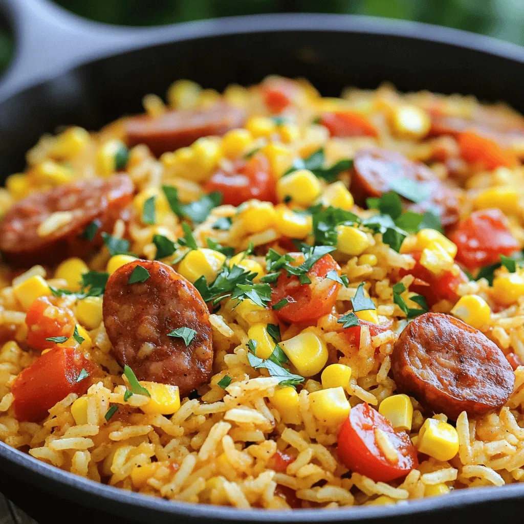 - 1 cup long-grain white rice - 2 tablespoons olive oil - 1 medium onion, diced - 1 red bell pepper, diced - 1 green bell pepper, diced - 3 cloves garlic, minced - 1 pound andouille sausage, sliced - 1 cup diced tomatoes (canned or fresh) - 2 cups chicken broth - 2 teaspoons Cajun seasoning - 1 teaspoon smoked paprika - 1/2 teaspoon cayenne pepper (adjust to taste) - Salt and pepper to taste - 1 cup frozen corn - 1/4 cup chopped fresh parsley for garnish When cooking Cajun Rice Skillet, fresh and quality ingredients make a big difference. I always choose long-grain white rice for its nice texture. Olive oil adds a smooth flavor and helps cook the veggies. Diced onions, red, and green bell peppers give a sweet crunch. Garlic adds a strong, tasty punch. Andouille sausage brings a rich, smoky flavor. You can use other sausages, but andouille gives the dish its Cajun flair. Diced tomatoes, whether fresh or canned, add moisture and color. Chicken broth enhances the taste of the rice. Cajun seasoning is key. It blends spices and flavors well. Smoked paprika adds depth. Cayenne pepper gives heat, so adjust it to your liking. Don't forget salt and pepper for balance. Frozen corn adds sweetness and texture. Fresh parsley finishes the dish with a pop of color. If you can't find andouille sausage, try chorizo or turkey sausage. For a lighter meal, skip the sausage altogether and add more veggies like zucchini or mushrooms. For gluten-free options, use rice labeled gluten-free. Always check labels to be sure. Choosing the right spices elevates the dish. Fresh spices are more potent, which makes your food taste better. Fresh herbs, like parsley, add brightness and freshness. They lift the dish and make it look appealing. Always look for fresh ingredients, as they enhance flavors and provide better nutrition. - Prepping the ingredients First, gather all your ingredients. This makes cooking easier. Measure out 1 cup of rice, 2 tablespoons of olive oil, and the rest of the veggies. Dice the onion, red bell pepper, and green bell pepper. Mince the garlic and slice the sausage. - Setting up your workspace Clear your counter and set out your skillet. Having a clean space helps you focus. Make sure your tools, like a cutting board and knives, are ready to use. - Heating the oil and sautéing vegetables Put the skillet on medium heat and add the olive oil. Once hot, toss in the diced onion, red bell pepper, and green bell pepper. Let them cook for about 5 minutes until soft. Stir in the minced garlic and cook for one more minute. The smell will be great! - Adding the sausage and spices Next, add the sliced andouille sausage. Cook it for about 5 to 7 minutes until it browns. Sprinkle in the Cajun seasoning, smoked paprika, cayenne pepper, salt, and pepper. Mix everything well to coat in those tasty spices. - Combining all ingredients Pour in the rice, diced tomatoes, and chicken broth. Stir everything together and bring it to a simmer. Once it simmers, lower the heat and cover the skillet. Let it cook for 15 to 20 minutes, or until the rice is tender. - Fluffing the rice and garnishing After the rice is done, stir in the frozen corn. Heat it for another 5 minutes. Remove the skillet from heat and let it sit, covered, for 5 more minutes. Then, fluff the rice with a fork. Finally, sprinkle fresh parsley on top for a bright finish. Enjoy your Cajun Rice Skillet! Check out the Full Recipe for more details. To get perfect rice texture, rinse the rice before cooking. This removes excess starch and helps prevent stickiness. Use a good quality chicken broth for more flavor. When you add the rice, make sure to stir it well. This helps it soak up all the tasty juices. If you want to adjust spice levels, start with less cayenne pepper. Taste as you go. You can always add more spice later. If your dish is too spicy, add a bit of sugar or extra corn to balance it out. Preparing your ingredients in advance can save time. Chop your veggies and sausage the night before. Store them in the fridge until you are ready to cook. This way, you can whip up the dish quickly after a long day. For storing leftovers, let the dish cool down. Then place it in an airtight container. It will last up to three days in the fridge. You can also freeze it for up to three months. Just make sure to label the container! When serving, pair the Cajun Rice Skillet with a simple salad or cornbread. A cold drink, like iced tea or lemonade, goes well too. For a fun twist, serve it with a side of hot sauce. For presentation, serve the skillet dish right from the pan. This gives it a rustic feel. Garnish with fresh parsley and a sprinkle of Cajun seasoning for extra flair. You can find the full recipe [here](#). {{image_2}} For a tasty vegetarian option, you can swap the andouille sausage. Use plant-based sausage or mushrooms for a savory bite. Both options add great flavor and texture. You can also load your skillet with more veggies. Try zucchini, spinach, or even black beans. This creates a colorful dish packed with nutrition. Seafood is a fantastic addition to Cajun rice. Shrimp or crab makes it special. If using shrimp, add them when the rice is almost done. Cook until they turn pink. For crab, stir it in gently at the end. This way, the meat stays tender and juicy. Adjust cooking time for seafood so it doesn’t overcook. You can make this dish as spicy as you like. For a mild version, reduce the cayenne pepper. For medium heat, stick to the recipe. If you love spice, add more cayenne or even hot sauce. Customizing with your favorite seasonings works too. Experiment with paprika, chili powder, or even a dash of hot pepper flakes. Adjust to suit your taste! To keep your Cajun Rice Skillet fresh, you can use simple methods. First, let the dish cool to room temperature. Then, store any leftovers in an airtight container in the fridge. This method helps to keep moisture in, which is key for flavor. If you want to save it for longer, consider freezing it. Use freezer-safe containers or bags for best results. Just remember to label them with the date. When it's time to enjoy your leftovers, reheating is easy. The best way is to use the stove. Add a splash of water or broth to a pan. Heat it on low and stir occasionally. This keeps the rice moist and prevents it from sticking. You can also use the microwave if you're in a hurry. Just cover the bowl to trap steam, which helps keep the rice tender. In the fridge, your Cajun Rice Skillet can last for about three to four days. Always check for signs of spoilage before eating. If it smells off or shows mold, throw it away. Frozen, it can last up to three months. Just be sure to check for ice crystals, which can affect texture. Enjoy your meal knowing you can keep it fresh! Cajun Rice Skillet is a one-pan meal packed with flavor. It blends rice, sausage, and vegetables. This dish hails from Louisiana and reflects the vibrant Cajun culture. Cajun food often uses bold spices and fresh ingredients. You get a hearty meal that warms you up. Yes, you can prepare Cajun Rice Skillet ahead of time. Cook the dish and let it cool. Store it in an airtight container in the fridge for up to three days. Reheat it on the stove or in the microwave before serving. For longer storage, freeze it for up to three months. Just thaw overnight in the fridge before reheating. Cajun Rice Skillet pairs well with many sides. Consider serving it with a fresh green salad. A side of cornbread adds a nice touch too. You could also serve it with pickles or coleslaw for extra crunch. A glass of iced tea or lemonade complements the flavors perfectly. To make Cajun Rice Skillet vegan, swap the sausage for plant-based options. You could use tempeh or mushrooms for a hearty texture. Replace chicken broth with vegetable broth. Ensure your Cajun seasoning contains no animal products. You can also add more veggies, like zucchini or eggplant, for added flavor. This blog post covered the key ingredients and steps to make a Cajun rice skillet. You learned about ingredient options, the importance of freshness, and tips to perfect the dish. I also shared variations for meat lovers, seafood fans, and vegetarians. With easy storage methods and serving ideas, you can confidently enjoy this meal any time. Embrace your creativity in the kitchen and make it your own!