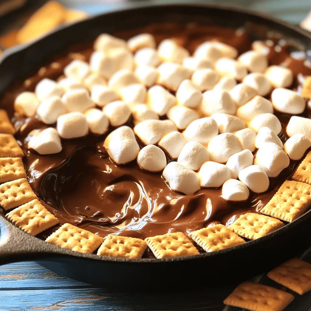To make a great s'mores dip, you need a few simple ingredients. Here is what you will need: - 1 cup semi-sweet chocolate chips - 1 cup mini marshmallows - 1 tablespoon unsalted butter - ½ teaspoon vanilla extract - ¼ teaspoon sea salt - Graham crackers, for dipping These ingredients blend together to create a rich and gooey treat. The chocolate chips provide the base, while the marshmallows add sweetness and texture. The butter helps everything melt smoothly, and the vanilla brings out the flavors. Sea salt enhances the taste, giving it a perfect balance. You can also customize your s'mores dip with extra flavors. Here are some optional ingredients you might consider: - Nuts or crushed cookies - Flavored chocolate chips (e.g., milk chocolate, dark chocolate) Adding nuts gives a nice crunch. Crushed cookies can add a fun twist. If you want a richer taste, try flavored chocolate chips. These small changes can take your dip to the next level and make it even more special. For the full recipe, check out [Full Recipe]. - Preheat your oven to 350°F (175°C). - Get your oven-safe skillet or baking dish ready. Make sure it is clean and dry. - In the skillet, melt 1 tablespoon of unsalted butter over low heat. - Once the butter melts, take the skillet off the heat. - Stir in 1 cup of semi-sweet chocolate chips until they melt and become smooth. - Add ½ teaspoon of vanilla extract and ¼ teaspoon of sea salt. Mix well. - Spread 1 cup of mini marshmallows evenly over the chocolate mix. - Place the skillet in the oven and bake for about 5-7 minutes. Watch for golden brown marshmallows. - After baking, carefully take the skillet out of the oven. It will be hot! - Let it cool for about a minute before serving. - Serve the dip with graham crackers. They are perfect for dipping into the gooey mix. Enjoy the delicious blend of flavors! For the full recipe, check the steps above. To get the best marshmallow texture, use mini marshmallows. They melt evenly and get nice and gooey. When you bake them, watch for that golden brown color. This means they are perfectly toasted. For melting chocolate, always use low heat. Start with the butter in your skillet. Then add the chocolate chips. Stir often to avoid burning. Once smooth, add vanilla and sea salt. This adds depth to the flavor. You can enjoy S'mores Dip with more than just graham crackers. Try fresh fruit like strawberries and bananas. Cookie sticks also add a fun crunch. At parties, serve in a cast iron skillet. This keeps it warm and gooey longer. Place extra graham crackers around the skillet for easy dipping. Guests will love it! For more ideas, check out the Full Recipe. {{image_2}} You can make your s'mores dip even more fun. Try adding peanut butter or caramel drizzle. Both flavors blend well with chocolate. They add richness and a sweet twist. Just drizzle them over the top before you serve. Experimenting with different chocolate types is another great idea. You can use dark chocolate for a bold taste. Milk chocolate gives a sweeter flavor. White chocolate adds creaminess. Mixing these chocolates can create a unique flavor. If you need a gluten-free version, swap in gluten-free graham crackers. They taste just as good and keep the dip classic. Look for brands that fit your diet. For a vegan option, use non-dairy chocolate and marshmallows. Many stores sell great vegan chocolate. Marshmallows made from plant-based ingredients work well too. This way, everyone can enjoy the dip! For the full recipe, check out S'mores Dip Delight . To store your s'mores dip, let it cool completely. Transfer it to an airtight container. You can keep it in the fridge for up to three days. If you want the best taste, eat it fresh. However, it still tastes great after a few days. For reheating, I recommend using the oven. Preheat it to 350°F (175°C). Place the dip in an oven-safe dish. Heat for about 5-10 minutes. This method keeps the texture nice and gooey. If you want to use a microwave, heat it in short bursts. Start with 15 seconds, then stir. Repeat until warm. This can help you restore that gooeyness. Just be careful not to overheat it! Can I make S'mores Dip ahead of time? Yes, you can prepare S'mores Dip ahead of time. Just make the chocolate layer and let it cool. You can cover it and store it in the fridge. When you are ready to serve, add the marshmallows and bake it. This keeps the marshmallows fresh and fluffy. Is it better to use the oven or microwave for this recipe? Using the oven is better for S'mores Dip. The oven gives a nice, even heat. It makes the marshmallows golden and toasted. If you use the microwave, the marshmallows may not brown well. The oven also keeps the chocolate creamy. How do I fix hard chocolate in my dip? If your chocolate hardens, don't worry. You can add a splash of milk or cream. Heat it slowly on low, stirring gently. This will help the chocolate melt again. If it is still hard, you can warm it in the oven briefly. Just be careful not to overheat it. For the complete recipe, check out the Full Recipe. This blog post covered how to make a tasty s'mores dip by using simple ingredients. We explored required items, cooking steps, and helpful tips for a perfect dip. You can also add fun variations for more flavor and explore ways to store leftovers. Keep these ideas in mind for your next gathering. This dip is fun to make and share. Enjoy experimenting with flavors and serving it your way! Get ready to impress everyone with this sweet treat!