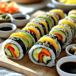 Here is what you need to make rainbow veggie sushi rolls: - 1 cup sushi rice - 1 1/4 cups water - 2 tablespoons rice vinegar - 1 tablespoon sugar - 1 teaspoon salt - 4 sheets nori (seaweed) - 1/2 avocado, sliced - 1/2 cucumber, julienned - 1 carrot, julienned - 1/2 bell pepper (any color), julienned - 1/4 cup red cabbage, shredded - Soy sauce, for serving - Sesame seeds, for garnish - Pickled ginger, for serving (optional) Choosing fresh vegetables makes a big difference. Here are my top tips: - Look for bright colors. Vibrant veggies taste better and look great. - Check for firmness. Soft or wilted vegetables won't roll well. - Smell the produce. Fresh vegetables have a nice, earthy scent. - Buy in season. Seasonal veggies are often fresher and tastier. - Visit local markets. Farmers markets offer fresh, local options. To get started, gather these essential tools: - Bamboo sushi mat or a clean kitchen towel - Sharp knife for slicing rolls - Medium saucepan for cooking rice - Small bowl for seasoning rice - Measuring cups and spoons for accuracy - Plastic wrap (optional, for easier cleanup) These tools will help you create perfect sushi rolls every time. To start, rinse the sushi rice under cold water. Keep rinsing until the water runs clear. This step removes extra starch. Next, combine the rinsed rice with water in a medium saucepan. Bring it to a boil, then lower the heat. Cover it and let it simmer for 20 minutes. The rice should absorb all the water. After cooking, remove the pot from the heat and let it sit covered for 10 more minutes. This resting time makes the rice fluffy. While the rice cools, prepare a seasoning mix. In a small bowl, combine rice vinegar, sugar, and salt. Microwave this mix for about 30 seconds. This step helps the sugar dissolve. Once the rice has cooled, pour the vinegar mix over it. Use a wooden spatula to gently fold the seasoning in. Be careful not to smash the rice. Let the rice cool to room temperature before rolling. While the rice cools, it’s time to prep your vegetables. Slice the avocado into thin pieces. Julienne the cucumber, carrot, and bell pepper. Shred the red cabbage. Keep all the veggies uniform in size. This helps the sushi roll evenly and look nice. Fresh, crisp vegetables add color and flavor to your rolls. Now it’s time to roll! Place a sheet of nori, shiny side down, on a bamboo mat or a clean kitchen towel. With wet hands, spread a thin layer of sushi rice over the nori. Leave about 1 inch of space at the top edge. Arrange your veggie fillings in a line across the center of the rice. Starting from the bottom edge, roll the sushi away from you. Tuck the filling inside as you roll. Apply gentle pressure to make a tight roll. To seal the sushi, wet the exposed edge of the nori with a bit of water. Once rolled, use a sharp knife to slice the roll into bite-sized pieces. Wipe the knife with a damp cloth between cuts for clean edges. Arrange the rolls on a platter and sprinkle sesame seeds on top for a finishing touch. The vibrant colors of the rolls will make them look as good as they taste. Check out the Full Recipe for detailed instructions. To roll sushi well, start with a clean bamboo mat. Place nori on the mat, shiny side down. Wet your hands to keep the rice from sticking. Spread a thin layer of sushi rice evenly, leaving a 1-inch edge at the top. Place your veggie fillings in the center. Tuck the mat and roll tightly, applying gentle pressure. Seal the edge with a bit of water. This technique makes a nice, tight roll. One common mistake is using too much rice. This can lead to an overwhelming roll that falls apart. Another mistake is not wetting your hands. If your hands are dry, the rice will stick. Rolling too loosely can also cause the sushi to fall apart. It’s key to find the right balance with filling and rice to keep everything together. To keep sushi rice from sticking, wet your hands before handling the rice. You can also wet your knife when slicing the rolls. Use a damp cloth to wipe the knife between cuts. This helps you make cleaner slices. If your rice is too sticky, it may need more vinegar in the seasoning. Adjust the seasoning to find the right consistency for your taste. For the full recipe, check out the Rainbow Veggie Sushi Rolls section! {{image_2}} You can mix and match veggies for your sushi rolls. Try using vibrant colors like radishes or beets. Spinach or arugula can add a fresh taste. For a crunch, add jicama or sprouts. You can even use cooked veggies like zucchini or asparagus for a different flavor profile. Each vegetable adds its own taste and texture. Adding protein makes your sushi rolls more filling. Tofu is a great choice; it soaks up flavors well. Simply marinate it in soy sauce and grill it for added taste. If you prefer shrimp, cook it until pink and tender. You can slice it and place it right in the roll. For a heartier option, try cooked chicken or crab too. To make your sushi vegan, simply skip fish and use only veggies. For gluten-free sushi, ensure you use gluten-free soy sauce. Brown rice can replace sushi rice for a healthier option. You can even use quinoa for a unique twist. Always check labels on your ingredients to stay gluten-free. These options keep your sushi delicious and inclusive for all diets. To store leftover sushi rolls, wrap them tightly in plastic wrap. This keeps them fresh and prevents them from drying out. Place the wrapped rolls in an airtight container. Store them in the fridge for up to 24 hours. Sushi is best eaten fresh, so try to enjoy it soon! To keep your ingredients fresh, store them properly. Here are some tips: - Sushi rice: Store in an airtight container in a cool, dry place. - Nori sheets: Keep in a cool, dark place. Use a sealed bag for best results. - Vegetables: Store in the fridge in sealed containers or bags. Use within a few days for best taste. - Avocado: If cut, store with lemon juice to slow browning. Wrap in plastic wrap. Reheating sushi can be tricky. It’s best to eat sushi cold. If you must reheat, do it gently. Here’s how: 1. Remove the sushi from the fridge. 2. Let it sit at room temperature for about 10 minutes. 3. If you want to warm it slightly, use a microwave. Place sushi on a plate and cover with a damp paper towel. 4. Heat for 10-15 seconds. Check to avoid overheating. Enjoy your rainbow veggie sushi rolls with care! They taste best fresh. For the full recipe, check out the Rainbow Veggie Sushi Rolls section. No, you should not use white rice instead of sushi rice. Sushi rice has a sticky texture that helps hold the rolls together. Regular white rice does not have this quality. If you use white rice, the rolls will fall apart easily. If you can’t find sushi rice, short-grain rice might work better than long-grain rice. You can use a clean kitchen towel if you don’t have a bamboo mat. Place the nori on the towel, shiny side down. Spread the rice as usual. Roll it tightly using the towel to help you. Wet the edge of the nori to seal the roll. This method may take a little practice, but it works well! The best dipping sauce for sushi is soy sauce. It adds a salty flavor that complements the veggies. You can also try spicy mayo for a creamy kick. Another option is ponzu sauce, which has a citrus taste. Experiment to find your favorite! This blog post covered how to make sushi at home. First, we looked at key ingredients and tools. Next, we dove into each step, from preparing the rice to rolling sushi. We also shared useful tips to avoid common mistakes. You can create fun variations with your favorite vegetables and proteins. Lastly, we discussed how to store leftover sushi properly. With these ideas, I hope you feel ready to roll your own sushi. Enjoy creating delicious, homemade rolls!