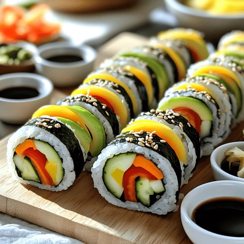 Here is what you need to make rainbow veggie sushi rolls: - 1 cup sushi rice - 1 1/4 cups water - 2 tablespoons rice vinegar - 1 tablespoon sugar - 1 teaspoon salt - 4 sheets nori (seaweed) - 1/2 avocado, sliced - 1/2 cucumber, julienned - 1 carrot, julienned - 1/2 bell pepper (any color), julienned - 1/4 cup red cabbage, shredded - Soy sauce, for serving - Sesame seeds, for garnish - Pickled ginger, for serving (optional) Choosing fresh vegetables makes a big difference. Here are my top tips: - Look for bright colors. Vibrant veggies taste better and look great. - Check for firmness. Soft or wilted vegetables won't roll well. - Smell the produce. Fresh vegetables have a nice, earthy scent. - Buy in season. Seasonal veggies are often fresher and tastier. - Visit local markets. Farmers markets offer fresh, local options. To get started, gather these essential tools: - Bamboo sushi mat or a clean kitchen towel - Sharp knife for slicing rolls - Medium saucepan for cooking rice - Small bowl for seasoning rice - Measuring cups and spoons for accuracy - Plastic wrap (optional, for easier cleanup) These tools will help you create perfect sushi rolls every time. To start, rinse the sushi rice under cold water. Keep rinsing until the water runs clear. This step removes extra starch. Next, combine the rinsed rice with water in a medium saucepan. Bring it to a boil, then lower the heat. Cover it and let it simmer for 20 minutes. The rice should absorb all the water. After cooking, remove the pot from the heat and let it sit covered for 10 more minutes. This resting time makes the rice fluffy. While the rice cools, prepare a seasoning mix. In a small bowl, combine rice vinegar, sugar, and salt. Microwave this mix for about 30 seconds. This step helps the sugar dissolve. Once the rice has cooled, pour the vinegar mix over it. Use a wooden spatula to gently fold the seasoning in. Be careful not to smash the rice. Let the rice cool to room temperature before rolling. While the rice cools, it’s time to prep your vegetables. Slice the avocado into thin pieces. Julienne the cucumber, carrot, and bell pepper. Shred the red cabbage. Keep all the veggies uniform in size. This helps the sushi roll evenly and look nice. Fresh, crisp vegetables add color and flavor to your rolls. Now it’s time to roll! Place a sheet of nori, shiny side down, on a bamboo mat or a clean kitchen towel. With wet hands, spread a thin layer of sushi rice over the nori. Leave about 1 inch of space at the top edge. Arrange your veggie fillings in a line across the center of the rice. Starting from the bottom edge, roll the sushi away from you. Tuck the filling inside as you roll. Apply gentle pressure to make a tight roll. To seal the sushi, wet the exposed edge of the nori with a bit of water. Once rolled, use a sharp knife to slice the roll into bite-sized pieces. Wipe the knife with a damp cloth between cuts for clean edges. Arrange the rolls on a platter and sprinkle sesame seeds on top for a finishing touch. The vibrant colors of the rolls will make them look as good as they taste. Check out the Full Recipe for detailed instructions. To roll sushi well, start with a clean bamboo mat. Place nori on the mat, shiny side down. Wet your hands to keep the rice from sticking. Spread a thin layer of sushi rice evenly, leaving a 1-inch edge at the top. Place your veggie fillings in the center. Tuck the mat and roll tightly, applying gentle pressure. Seal the edge with a bit of water. This technique makes a nice, tight roll. One common mistake is using too much rice. This can lead to an overwhelming roll that falls apart. Another mistake is not wetting your hands. If your hands are dry, the rice will stick. Rolling too loosely can also cause the sushi to fall apart. It’s key to find the right balance with filling and rice to keep everything together. To keep sushi rice from sticking, wet your hands before handling the rice. You can also wet your knife when slicing the rolls. Use a damp cloth to wipe the knife between cuts. This helps you make cleaner slices. If your rice is too sticky, it may need more vinegar in the seasoning. Adjust the seasoning to find the right consistency for your taste. For the full recipe, check out the Rainbow Veggie Sushi Rolls section! {{image_2}} You can mix and match veggies for your sushi rolls. Try using vibrant colors like radishes or beets. Spinach or arugula can add a fresh taste. For a crunch, add jicama or sprouts. You can even use cooked veggies like zucchini or asparagus for a different flavor profile. Each vegetable adds its own taste and texture. Adding protein makes your sushi rolls more filling. Tofu is a great choice; it soaks up flavors well. Simply marinate it in soy sauce and grill it for added taste. If you prefer shrimp, cook it until pink and tender. You can slice it and place it right in the roll. For a heartier option, try cooked chicken or crab too. To make your sushi vegan, simply skip fish and use only veggies. For gluten-free sushi, ensure you use gluten-free soy sauce. Brown rice can replace sushi rice for a healthier option. You can even use quinoa for a unique twist. Always check labels on your ingredients to stay gluten-free. These options keep your sushi delicious and inclusive for all diets. To store leftover sushi rolls, wrap them tightly in plastic wrap. This keeps them fresh and prevents them from drying out. Place the wrapped rolls in an airtight container. Store them in the fridge for up to 24 hours. Sushi is best eaten fresh, so try to enjoy it soon! To keep your ingredients fresh, store them properly. Here are some tips: - Sushi rice: Store in an airtight container in a cool, dry place. - Nori sheets: Keep in a cool, dark place. Use a sealed bag for best results. - Vegetables: Store in the fridge in sealed containers or bags. Use within a few days for best taste. - Avocado: If cut, store with lemon juice to slow browning. Wrap in plastic wrap. Reheating sushi can be tricky. It’s best to eat sushi cold. If you must reheat, do it gently. Here’s how: 1. Remove the sushi from the fridge. 2. Let it sit at room temperature for about 10 minutes. 3. If you want to warm it slightly, use a microwave. Place sushi on a plate and cover with a damp paper towel. 4. Heat for 10-15 seconds. Check to avoid overheating. Enjoy your rainbow veggie sushi rolls with care! They taste best fresh. For the full recipe, check out the Rainbow Veggie Sushi Rolls section. No, you should not use white rice instead of sushi rice. Sushi rice has a sticky texture that helps hold the rolls together. Regular white rice does not have this quality. If you use white rice, the rolls will fall apart easily. If you can’t find sushi rice, short-grain rice might work better than long-grain rice. You can use a clean kitchen towel if you don’t have a bamboo mat. Place the nori on the towel, shiny side down. Spread the rice as usual. Roll it tightly using the towel to help you. Wet the edge of the nori to seal the roll. This method may take a little practice, but it works well! The best dipping sauce for sushi is soy sauce. It adds a salty flavor that complements the veggies. You can also try spicy mayo for a creamy kick. Another option is ponzu sauce, which has a citrus taste. Experiment to find your favorite! This blog post covered how to make sushi at home. First, we looked at key ingredients and tools. Next, we dove into each step, from preparing the rice to rolling sushi. We also shared useful tips to avoid common mistakes. You can create fun variations with your favorite vegetables and proteins. Lastly, we discussed how to store leftover sushi properly. With these ideas, I hope you feel ready to roll your own sushi. Enjoy creating delicious, homemade rolls!