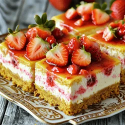 - 20 Golden Oreo cookies, crushed - 4 tablespoons unsalted butter, melted - 16 oz cream cheese, softened - ¾ cup granulated sugar - 1 teaspoon vanilla extract - 2 large eggs - 1 cup fresh strawberries, diced - 1 tablespoon cornstarch - ½ cup sour cream - Extra strawberries for garnish To make Golden Oreo Strawberry Cheesecake Bars, you need a few simple items. First, the star of the show is the Golden Oreo cookies. They create a sweet and crunchy crust. Next, cream cheese gives the bars their rich and creamy filling. Granulated sugar adds sweetness, while unsalted butter helps bind the crust. You also need fresh strawberries for flavor and color. Accurate measurements are key for great results. Use the exact amount of each ingredient listed. If you run out of an ingredient, here are some conversions you can try: - Cream Cheese Substitutions: Use low-fat cream cheese or ricotta cheese. - Butter Substitutions: Coconut oil can replace butter in the crust. Measuring with precision ensures your cheesecake bars turn out just right. Choosing the best ingredients makes a big difference. When picking strawberries, look for bright red ones that smell sweet. Avoid any that have soft spots or mold. For cream cheese, select a full-fat version. This gives a better texture and flavor. Check the expiration date to ensure freshness. High-quality ingredients lead to a delicious dessert you’ll love! 1. Preheating the oven Start by preheating your oven to 325°F (160°C). This step is key. A hot oven helps your cheesecake set right. 2. Preparing the baking dish Line an 8x8 inch baking dish with parchment paper. Leave some paper hanging over the edges. This helps you lift out the bars later. 1. Combining crust ingredients In a medium bowl, mix 20 crushed Golden Oreo cookies with 4 tablespoons of melted butter. Stir until it looks like wet sand. Press this mixture firmly into the bottom of your lined dish. 2. Preparing the cheesecake filling In a large bowl, beat 16 oz of softened cream cheese with ¾ cup granulated sugar. Mix until it is smooth and creamy. Add 1 teaspoon of vanilla extract and blend it in well. Then, add 2 large eggs one at a time. Mix just until blended. 3. Adding strawberries In another bowl, toss 1 cup of diced fresh strawberries with 1 tablespoon of cornstarch. This will help them stay in the filling. Gently fold these strawberries and ½ cup sour cream into the cheese mixture. 1. Baking time specifics Pour the cheesecake mixture over your cooled crust. Spread it out evenly. Bake for 40-45 minutes. The center should be slightly jiggly but set, and the edges should turn a light golden brown. 2. Best practices for cooling the cheesecake Turn off the oven and crack the door open. Let your cheesecake cool in the oven for about 1 hour. After that, refrigerate it for at least 4 hours, or overnight for best results. Enjoy your delicious Golden Oreo Strawberry Cheesecake Bars! For the full recipe, refer to the instructions above. How to fix a cracked cheesecake If your cheesecake cracks, don’t worry. It often happens. You can fix it by covering the cracks with a topping. Whipped cream or extra strawberries work well. These will hide the cracks and add flavor. To avoid cracks in the future, mix your batter gently. Overmixing adds air, which can cause cracks. The importance of cooling techniques Cooling is key to a perfect cheesecake. After baking, turn off the oven and crack the door. This lets the cheesecake cool slowly. Rapid cooling can cause cracks too. Let it sit in the oven for about an hour before moving it to the fridge. This step helps keep your cheesecake smooth and creamy. Flavor enhancements with toppings You can make your bars even better with toppings. Try drizzling melted chocolate or caramel sauce on top. Fresh whipped cream also makes a great addition. You can add crushed Golden Oreos for a nice crunch. These toppings will elevate the flavor and make your dessert pop. Pairing ideas for serving Serve your cheesecake bars with a side of fresh fruit. Sliced strawberries or blueberries complement the flavors well. A scoop of vanilla ice cream is another tasty option. These pairings will create a delightful experience with every bite. Best ways to cut and serve Cutting cheesecake bars can be tricky. Use a sharp knife and clean it between cuts. This keeps the edges neat. Serve the bars on a colorful platter for a fun look. You can also place them in cupcake liners for easy serving. Garnishing ideas to impress Garnishes can make a big impact. Add some fresh mint leaves for a touch of green. A dusting of powdered sugar gives a nice finish. You can also sprinkle some crushed Golden Oreos on top. These small details will impress your guests. {{image_2}} You can switch the strawberries for other fruits. Ripe blueberries, raspberries, or peaches add great taste. Just chop them fine and mix them in. This change keeps your dessert fresh and fun. For the crust, consider using other cookies. Golden Oreos are great, but chocolate or peanut butter cookies work well too. Each type gives a new twist to the bars. If you need gluten-free options, try gluten-free cookies. Many brands offer tasty choices. Swap in gluten-free flour if you want to create a crust from scratch. For dairy-free alternatives, use vegan cream cheese. There are also great plant-based butters. These swaps make the bars friendly for all diets. You can add seasonal berries for a fresh taste. In spring and summer, use blackberries or cherries. In fall, try adding pumpkin spice for a cozy flavor. For holidays, make mini versions of the bars. Cut them into festive shapes and add colorful sprinkles. These small treats look great on any table. For more ideas, check out the Full Recipe. To keep your Golden Oreo strawberry cheesecake bars fresh, store them in the fridge. Use an airtight container to seal in moisture. If you want to keep them longer, freezing is a great option. Wrap each bar in plastic wrap and place them in a freezer bag. This way, they stay tasty for up to three months. These bars last about five days in the fridge. After that, they may start to lose their flavor. Look for signs of spoilage, like changes in color or a sour smell. If you notice any white spots or a slimy texture, it is best to toss them. To enjoy leftovers, gently reheat the bars in the microwave. Use short bursts of heat, about 10-15 seconds at a time. This keeps the cheesecake smooth and creamy. You can serve them warm or chilled. A drizzle of strawberry sauce or a dollop of whipped cream makes a great addition! Can I make this recipe in advance? Yes, you can prepare these bars a day ahead. After baking, let them cool and chill in the fridge. This helps the flavors blend well. Plus, they taste even better the next day! How do I know when the cheesecake is done? Look for a slight jiggle in the center. The edges should be lightly golden. If it's too jiggly, bake a bit longer. The cheesecake will set as it cools. Can I use low-fat cream cheese? Yes, you can use low-fat cream cheese. It will change the taste and texture a bit. The bars may be less rich but still tasty. What other types of cookies can I use for the crust? You can try other cookies like chocolate wafers or graham crackers. Each cookie adds a unique flavor. Have fun experimenting with different options! What drinks pair well with cheesecake bars? Cheesecake bars go well with sweet drinks. Try iced tea or lemonades. Coffee or hot chocolate also works great for a cozy touch. Best occasions for serving this dessert? These bars are perfect for parties, picnics, or family dinners. They impress at birthdays or holidays too. Everyone loves a sweet treat, especially cheesecake! You now have all the tools to make delicious cheesecake bars. We covered the must-have ingredients, step-by-step baking instructions, and helpful tips for a flawless dessert. With choices for flavors and dietary needs, you can customize this treat to fit any occasion. Don’t forget to store leftovers properly for the best taste later. Enjoy sharing your creations and impressing friends with your skills. Happy baking!