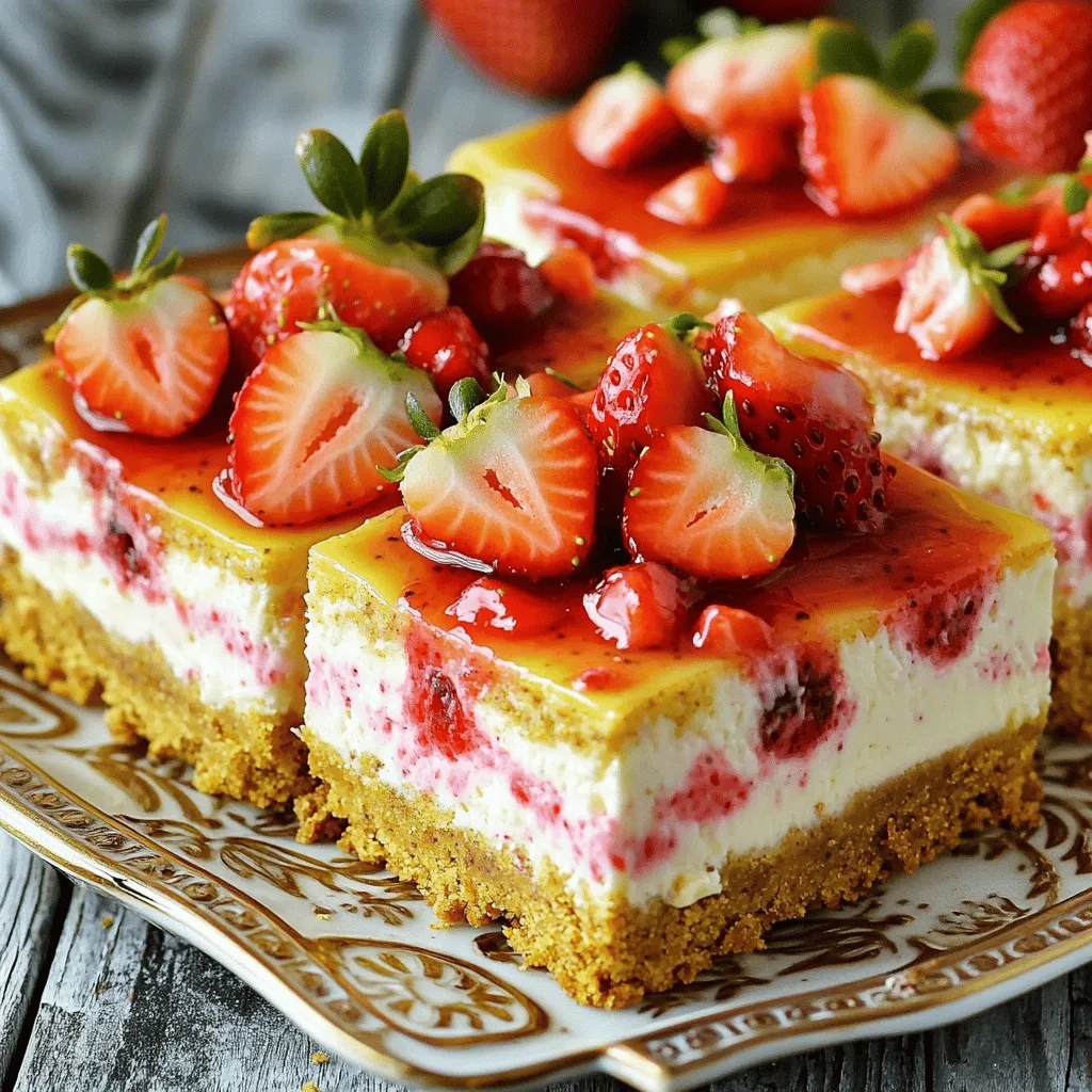 - 20 Golden Oreo cookies, crushed - 4 tablespoons unsalted butter, melted - 16 oz cream cheese, softened - ¾ cup granulated sugar - 1 teaspoon vanilla extract - 2 large eggs - 1 cup fresh strawberries, diced - 1 tablespoon cornstarch - ½ cup sour cream - Extra strawberries for garnish To make Golden Oreo Strawberry Cheesecake Bars, you need a few simple items. First, the star of the show is the Golden Oreo cookies. They create a sweet and crunchy crust. Next, cream cheese gives the bars their rich and creamy filling. Granulated sugar adds sweetness, while unsalted butter helps bind the crust. You also need fresh strawberries for flavor and color. Accurate measurements are key for great results. Use the exact amount of each ingredient listed. If you run out of an ingredient, here are some conversions you can try: - Cream Cheese Substitutions: Use low-fat cream cheese or ricotta cheese. - Butter Substitutions: Coconut oil can replace butter in the crust. Measuring with precision ensures your cheesecake bars turn out just right. Choosing the best ingredients makes a big difference. When picking strawberries, look for bright red ones that smell sweet. Avoid any that have soft spots or mold. For cream cheese, select a full-fat version. This gives a better texture and flavor. Check the expiration date to ensure freshness. High-quality ingredients lead to a delicious dessert you’ll love! 1. Preheating the oven Start by preheating your oven to 325°F (160°C). This step is key. A hot oven helps your cheesecake set right. 2. Preparing the baking dish Line an 8x8 inch baking dish with parchment paper. Leave some paper hanging over the edges. This helps you lift out the bars later. 1. Combining crust ingredients In a medium bowl, mix 20 crushed Golden Oreo cookies with 4 tablespoons of melted butter. Stir until it looks like wet sand. Press this mixture firmly into the bottom of your lined dish. 2. Preparing the cheesecake filling In a large bowl, beat 16 oz of softened cream cheese with ¾ cup granulated sugar. Mix until it is smooth and creamy. Add 1 teaspoon of vanilla extract and blend it in well. Then, add 2 large eggs one at a time. Mix just until blended. 3. Adding strawberries In another bowl, toss 1 cup of diced fresh strawberries with 1 tablespoon of cornstarch. This will help them stay in the filling. Gently fold these strawberries and ½ cup sour cream into the cheese mixture. 1. Baking time specifics Pour the cheesecake mixture over your cooled crust. Spread it out evenly. Bake for 40-45 minutes. The center should be slightly jiggly but set, and the edges should turn a light golden brown. 2. Best practices for cooling the cheesecake Turn off the oven and crack the door open. Let your cheesecake cool in the oven for about 1 hour. After that, refrigerate it for at least 4 hours, or overnight for best results. Enjoy your delicious Golden Oreo Strawberry Cheesecake Bars! For the full recipe, refer to the instructions above. How to fix a cracked cheesecake If your cheesecake cracks, don’t worry. It often happens. You can fix it by covering the cracks with a topping. Whipped cream or extra strawberries work well. These will hide the cracks and add flavor. To avoid cracks in the future, mix your batter gently. Overmixing adds air, which can cause cracks. The importance of cooling techniques Cooling is key to a perfect cheesecake. After baking, turn off the oven and crack the door. This lets the cheesecake cool slowly. Rapid cooling can cause cracks too. Let it sit in the oven for about an hour before moving it to the fridge. This step helps keep your cheesecake smooth and creamy. Flavor enhancements with toppings You can make your bars even better with toppings. Try drizzling melted chocolate or caramel sauce on top. Fresh whipped cream also makes a great addition. You can add crushed Golden Oreos for a nice crunch. These toppings will elevate the flavor and make your dessert pop. Pairing ideas for serving Serve your cheesecake bars with a side of fresh fruit. Sliced strawberries or blueberries complement the flavors well. A scoop of vanilla ice cream is another tasty option. These pairings will create a delightful experience with every bite. Best ways to cut and serve Cutting cheesecake bars can be tricky. Use a sharp knife and clean it between cuts. This keeps the edges neat. Serve the bars on a colorful platter for a fun look. You can also place them in cupcake liners for easy serving. Garnishing ideas to impress Garnishes can make a big impact. Add some fresh mint leaves for a touch of green. A dusting of powdered sugar gives a nice finish. You can also sprinkle some crushed Golden Oreos on top. These small details will impress your guests. {{image_2}} You can switch the strawberries for other fruits. Ripe blueberries, raspberries, or peaches add great taste. Just chop them fine and mix them in. This change keeps your dessert fresh and fun. For the crust, consider using other cookies. Golden Oreos are great, but chocolate or peanut butter cookies work well too. Each type gives a new twist to the bars. If you need gluten-free options, try gluten-free cookies. Many brands offer tasty choices. Swap in gluten-free flour if you want to create a crust from scratch. For dairy-free alternatives, use vegan cream cheese. There are also great plant-based butters. These swaps make the bars friendly for all diets. You can add seasonal berries for a fresh taste. In spring and summer, use blackberries or cherries. In fall, try adding pumpkin spice for a cozy flavor. For holidays, make mini versions of the bars. Cut them into festive shapes and add colorful sprinkles. These small treats look great on any table. For more ideas, check out the Full Recipe. To keep your Golden Oreo strawberry cheesecake bars fresh, store them in the fridge. Use an airtight container to seal in moisture. If you want to keep them longer, freezing is a great option. Wrap each bar in plastic wrap and place them in a freezer bag. This way, they stay tasty for up to three months. These bars last about five days in the fridge. After that, they may start to lose their flavor. Look for signs of spoilage, like changes in color or a sour smell. If you notice any white spots or a slimy texture, it is best to toss them. To enjoy leftovers, gently reheat the bars in the microwave. Use short bursts of heat, about 10-15 seconds at a time. This keeps the cheesecake smooth and creamy. You can serve them warm or chilled. A drizzle of strawberry sauce or a dollop of whipped cream makes a great addition! Can I make this recipe in advance? Yes, you can prepare these bars a day ahead. After baking, let them cool and chill in the fridge. This helps the flavors blend well. Plus, they taste even better the next day! How do I know when the cheesecake is done? Look for a slight jiggle in the center. The edges should be lightly golden. If it's too jiggly, bake a bit longer. The cheesecake will set as it cools. Can I use low-fat cream cheese? Yes, you can use low-fat cream cheese. It will change the taste and texture a bit. The bars may be less rich but still tasty. What other types of cookies can I use for the crust? You can try other cookies like chocolate wafers or graham crackers. Each cookie adds a unique flavor. Have fun experimenting with different options! What drinks pair well with cheesecake bars? Cheesecake bars go well with sweet drinks. Try iced tea or lemonades. Coffee or hot chocolate also works great for a cozy touch. Best occasions for serving this dessert? These bars are perfect for parties, picnics, or family dinners. They impress at birthdays or holidays too. Everyone loves a sweet treat, especially cheesecake! You now have all the tools to make delicious cheesecake bars. We covered the must-have ingredients, step-by-step baking instructions, and helpful tips for a flawless dessert. With choices for flavors and dietary needs, you can customize this treat to fit any occasion. Don’t forget to store leftovers properly for the best taste later. Enjoy sharing your creations and impressing friends with your skills. Happy baking!