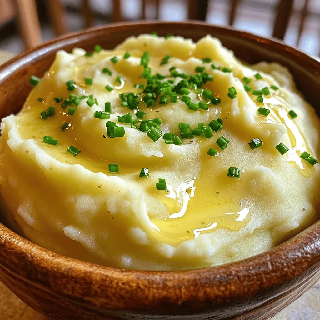 - 2 pounds Yukon gold potatoes, peeled and cubed - 4 cloves of garlic, minced - ½ cup unsalted butter, softened - 1 cup heavy cream (or milk for a lighter version) For creamy garlic mashed potatoes, I always choose Yukon gold potatoes. They are buttery and smooth. You can peel them easily, and they cook well. Minced garlic adds a strong flavor. I love using four cloves for a rich taste. Unsalted butter makes the mash creamy and adds a nice texture. You can use heavy cream for a rich dish, or milk for a lighter option. - Salt and pepper to taste - ¼ cup fresh chives or parsley, chopped (for garnish) Seasoning is key to great mashed potatoes. A pinch of salt and some pepper will enhance the flavors. I always recommend using fresh chives or parsley for garnish. They add color and freshness. You can find the full recipe in the sections below for more details on cooking. Start by boiling the potatoes. Take 2 pounds of Yukon gold potatoes. Peel and cube them. Place the cubes in a large pot. Cover them with cold water and add a pinch of salt. Bring the pot to a boil over high heat. Once it starts boiling, reduce the heat to medium. Let the potatoes simmer for about 15 to 20 minutes. You want them to be fork-tender. To check, poke a potato with a fork. If it slides off easily, they are ready. While the potatoes cook, it's time to infuse the garlic flavor. In a small saucepan, combine 4 cloves of minced garlic and 1 cup of heavy cream (or milk for a lighter version). Heat it gently over medium-low heat. Watch closely! You must avoid boiling the mixture. This step helps the cream soak up the garlic taste without losing its smooth texture. After draining the cooked potatoes, return them to the pot. Add ½ cup of softened unsalted butter. Pour in the warm garlic cream. Now, it’s time to mash! You can use a potato masher or a ricer for smooth potatoes. Mash until creamy and smooth. If you want a creamier texture, add more cream as needed. Finally, season with salt and pepper to taste. Mix well to combine all flavors. Serve your creamy garlic mashed potatoes hot, garnished with chopped chives or parsley for a lovely finish. For the full recipe, check out the earlier section. To get the best creamy texture in your mashed potatoes, start with the right potatoes. I love using Yukon gold potatoes. They have a smooth texture and rich flavor. Avoid starchy potatoes like russets. They can make your mash sticky. If you want creamier potatoes, adjust the amount of cream. Start with the recipe's cup of cream. If you want it smoother, add more. Just be careful not to add too much at once. You want it creamy but not runny. Garlic is key in this dish. You can use fresh garlic or roasted garlic. Roasted garlic gives a sweet, rich flavor. It adds depth to the dish. If you want a stronger bite, stick with fresh garlic. If you’re short on time, garlic powder is a quick fix. It doesn’t have the same depth, but it can still work. Just use about a teaspoon for a nice flavor boost. For more tips and the full recipe, check out the details above. {{image_2}} You can make your mashed potatoes even better by adding cheese. Parmesan or cheddar works great. Just mix in about a cup of your favorite cheese while mashing the potatoes. This gives them a rich, creamy flavor. You can also combine the cheese with sour cream. This mix adds tanginess and makes the texture extra smooth. Use about half a cup of sour cream for a lovely twist. Adding herbs can make your mashed potatoes pop with flavor. Rosemary and thyme are perfect choices. Chop a tablespoon of fresh herbs and mix them in while mashing. You can also garnish your dish with fresh herbs. This adds color and makes your potatoes look fancy. Consider using parsley or chives as a light topping. For the full recipe, check the Creamy Garlic Mashed Potatoes section above. After enjoying your creamy garlic mashed potatoes, you might have some left. To store them well, first let them cool. This helps keep the texture nice. Use an airtight container to prevent air from getting in. Glass containers work great, but plastic ones are fine too. Label the container with the date. This way, you know when to use them. To reheat your mashed potatoes, avoid the microwave if possible. Microwaving can dry them out. Instead, warm them on the stove. Add a splash of milk or cream to keep them creamy. Stir gently over low heat until they are hot. You can also add a bit of butter to refresh the flavor. If they're too thick, just mix in more cream. Enjoy your creamy garlic mashed potatoes like they were just made! Yes, you can use other potatoes. Each type gives a unique taste. - Russet Potatoes: These are starchy and fluffy. They make creamy mashed potatoes. - Red Potatoes: These are waxy and hold their shape. They give a denser texture. - Fingerling Potatoes: These have a rich flavor but need more time to cook. Yukon gold potatoes work best for creamy garlic mashed potatoes. They have a buttery taste and smooth texture. To make creamy garlic mashed potatoes dairy-free, you can swap out the butter and cream. - Butter Substitute: Use olive oil or vegan butter. Both add a nice flavor. - Cream Substitute: Use almond milk, coconut milk, or cashew cream. These options keep it rich and creamy. These changes keep the taste strong while making it dairy-free. Yes, you can prepare creamy garlic mashed potatoes ahead of time. Here are some tips: - Make Ahead: Cook and mash the potatoes. Then, store them in the fridge. - Timing: You can make them a day in advance. Reheat them before serving. - Reheat Method: Use a pot on low heat. Stir in a splash of milk or cream to keep them smooth. These steps help you save time and enjoy tasty mashed potatoes anytime. This blog post explored how to make the best garlic mashed potatoes. We covered key ingredients, like Yukon gold potatoes and garlic. You learned tips for cooking, mashing, and enhancing flavors. We also discussed cheesy and herb-infused variations for extra taste. In my view, mastering this dish elevates any meal. With these steps, you can make creamy, flavorful mashed potatoes at home. Enjoy experimenting and find your favorite twist on this classic comfort food.
