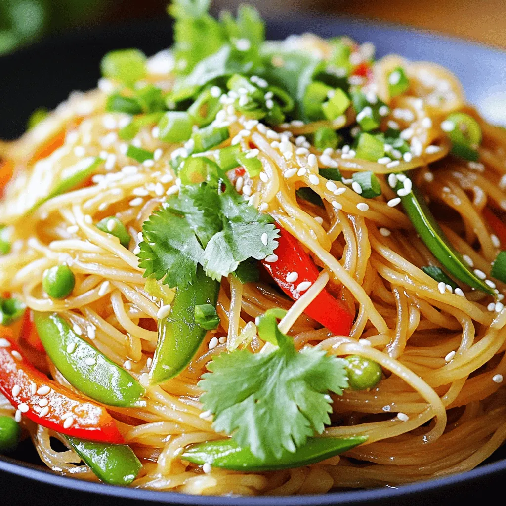 - 200g rice noodles - 3 tablespoons sesame oil - 1 tablespoon fresh ginger, grated - 2 garlic cloves, minced - 3 tablespoons soy sauce - 2 tablespoons honey or maple syrup - 1 tablespoon rice vinegar - 1 bell pepper, thinly sliced - 1 cup snap peas, trimmed - 3 green onions, chopped - 2 tablespoons sesame seeds - Salt and pepper to taste - Fresh cilantro for garnish (optional) These ingredients create a burst of flavor in your ginger sesame noodles. Rice noodles bring a soft texture. Sesame oil adds a rich, nutty taste. Fresh ginger gives a zesty kick that makes each bite exciting. Garlic complements the ginger, adding warmth. Soy sauce provides umami, while honey or maple syrup balances the salt with sweetness. Rice vinegar gives a nice tang to the dish. The colorful bell pepper and crisp snap peas add crunch and nutrition. Green onions bring freshness, and sesame seeds give a delightful finish. You can garnish with fresh cilantro for extra flavor if you like. - Large skillet or wok - Measuring cups and spoons - Mixing bowls - Cooking utensils You need a large skillet or wok to cook everything together. Measuring cups and spoons ensure you use the right amounts. Mixing bowls help combine the sauce and prep the ingredients. Basic cooking utensils like spatulas and tongs make the process easier. To see how all these come together, check the Full Recipe for complete details. - Cook the rice noodles according to package instructions until al dente. - Drain and rinse under cold water to stop the cooking process. Cooking the noodles correctly is key. If you overcook them, they become mushy. Rinsing them cools them down and keeps them from sticking. - Whisk together sesame oil, grated ginger, minced garlic, soy sauce, honey (or maple syrup), and rice vinegar. The ginger sauce adds a punch of flavor. Use fresh ginger for the best taste. This sauce combines sweet and savory notes. - Heat sesame oil in a large skillet, sauté bell pepper and snap peas for 2-3 minutes. Sautéing vegetables brings out their natural sweetness. Keep them crisp for texture. You want bright colors in your dish. - Add cooked noodles to the skillet, pour in the ginger sauce, and mix well. This is where the magic happens! Toss the noodles and sauce until everything is well coated. - Stir in green onions, season to taste, and serve with sesame seeds and cilantro. Green onions add a fresh crunch. Sesame seeds give a nice finish. You can find the full recipe in the article above. Enjoy your tasty meal! To get the best texture for rice noodles, cook them just until they are al dente. This means they should be firm but not hard. After cooking, drain them well and rinse them under cold water. Rinsing stops the cooking and removes excess starch. This helps keep your noodles from clumping together. Want to kick the flavor up a notch? Try adding a pinch of red pepper flakes for some heat. You can also mix in a spoon of peanut butter for richness. If you enjoy a tangy taste, squeeze in some lime juice before serving. These simple additions can make the dish your own. For a beautiful plate of Ginger Sesame Noodles, start with a clean plate. Twirl the noodles into a nest shape for height. Scatter the colorful vegetables over the top. Finally, sprinkle sesame seeds and fresh cilantro for a pop of color. A well-presented dish makes the meal even more special. {{image_2}} You can make Ginger Sesame Noodles even better by adding protein. Consider these options: - Chicken: Use cooked, shredded chicken for a hearty touch. - Tofu: Add cubed, pan-fried tofu for a plant-based choice. - Shrimp: Sauté shrimp until pink and toss them in. - Beef: Thinly slice and quickly stir-fry beef for a rich flavor. Each option gives a new taste and makes the dish more filling. Mix up the veggies to suit your taste. Here are some great alternatives: - Carrots: Shred or julienne for a sweet crunch. - Broccoli: Add small florets for extra nutrition. - Zucchini: Spiralize or cut into thin strips for a fresh bite. - Spinach: Toss in fresh spinach for a pop of color and nutrients. Feel free to use what you have on hand! If you need gluten-free options, there are many choices. Try these: - Noodles: Use rice noodles or gluten-free pasta. - Sauce: Look for gluten-free soy sauce or tamari. - Other options: Coconut aminos can replace soy sauce for a different flavor. These swaps keep the meal delicious while ensuring it meets your dietary needs. For the complete recipe, check out the Full Recipe section. To keep your Ginger Sesame Noodles fresh, place them in an airtight container. Make sure to cool them to room temperature first. Store the noodles in the fridge for up to three days. If you want to keep them longer, consider freezing them. When you’re ready to eat the noodles again, there are a few options. You can use the microwave. Heat them on medium power for about one to two minutes. Stir halfway through to warm evenly. A skillet works well too. Add a splash of water or oil to the pan. Heat over medium heat until warmed through, stirring often. To freeze Ginger Sesame Noodles, let them cool completely. Then, portion them into freezer-safe bags or containers. Remove as much air as possible before sealing. You can freeze them for up to three months. When you’re ready to eat, thaw in the fridge overnight, then reheat as described above. Enjoy your quick, tasty meal anytime! Yes, you can make Ginger Sesame Noodles ahead of time. This dish is great for meal prep. Cook the noodles and veggies in advance. Store the sauce separately. Keep everything in airtight containers in the fridge. You can combine them when you are ready to eat. This method saves time and lets flavors blend. Warm everything up in a pan or microwave before serving. If you need a substitute for soy sauce, there are several options. You can use tamari, which is gluten-free. Coconut aminos is another tasty choice, and it’s also soy-free. For a lighter flavor, try using a mix of balsamic vinegar and water. This mix gives a nice balance without being too salty. Each option will change the dish’s taste a bit, but all will work well. Yes, you can easily make this recipe vegan. Instead of honey, use maple syrup for sweetness. This swap keeps the dish plant-based. Check the soy sauce too; some brands contain animal products. Tamari or coconut aminos are great vegan choices. With these simple changes, you can enjoy delicious Ginger Sesame Noodles that fit a vegan diet. For the full recipe, check out the details above! In this blog post, we explored how to make Ginger Sesame Noodles. We covered essential ingredients like rice noodles, fresh veggies, and a flavorful ginger sauce. I shared tips for cooking and storing, plus ways to customize the dish with proteins and alternative veggies. These noodles are simple to make and offer a tasty meal. Enjoy experimenting with flavors, and feel free to adapt the recipe to suit your taste. This dish not only nourishes but also brings joy to your table.