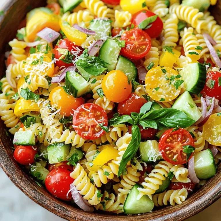 - 12 oz (340g) rotini or fusilli pasta - 1 cup cherry tomatoes, halved - 1 cucumber, diced - 1/2 red onion, finely chopped - 1 bell pepper (any color), diced - 1/2 cup fresh basil leaves, chopped - 1/4 cup grated Parmesan cheese (optional) - 1/3 cup olive oil - 1/4 cup fresh lemon juice - 1 teaspoon lemon zest - 1 teaspoon honey - Salt and pepper to taste The first step is choosing the right pasta. I like rotini or fusilli because their shapes hold the dressing well. You want enough pasta to make it satisfying. Next, fresh produce adds color and taste. Cherry tomatoes give sweetness, while cucumber adds crunch. Red onion offers a bit of bite, and bell pepper brings in more flavor. Fresh basil is key for that lovely aroma. For the dressing, you need olive oil, lemon juice, and lemon zest. Honey adds a nice touch of sweetness. Don't forget the salt and pepper to enhance the taste. This Lemon Basil Pasta Salad is easy to make with these simple ingredients. You can find the full recipe above for all the steps. To get the best pasta, start with plenty of salted water. Bring the water to a full boil. Then, add your rotini or fusilli pasta. Cook it until it is just right, or al dente. This means it should be firm but not hard. You can check by tasting a piece. After cooking, drain the pasta in a colander. Rinse it under cold water right away. This stops the cooking process and cools the pasta quickly. Rinsing also helps separate the noodles, so they don’t stick together. Set your pasta aside to finish cooling. For the dressing, you need a small bowl. Add olive oil, fresh lemon juice, lemon zest, honey, salt, and pepper. Use a whisk to mix these together. Whisking helps blend the oil and juice, making a smooth dressing. To balance the flavors, taste as you go. If it’s too tangy, add a bit more honey. If it needs a kick, a bit more lemon juice will help. This dressing will make your salad pop with flavor. In a large mixing bowl, combine your cooled pasta with the cherry tomatoes, cucumber, red onion, bell pepper, and fresh basil. Mix gently to avoid breaking the pasta. Once everything is in the bowl, pour the dressing over the top. Toss the salad carefully until all the ingredients are coated evenly. This helps each bite be full of flavor. For the best taste, cover the bowl and chill it in the fridge for at least 30 minutes. This allows the flavors to blend. Serve the salad cold or at room temperature. You can add grated Parmesan cheese on top for extra flavor if you like. Enjoy this fresh and flavorful Lemon Basil Pasta Salad! Check out the Full Recipe for more details. - Pasta Types: You can swap the rotini or fusilli for whole wheat or gluten-free pasta. These options work well and keep the dish light. - Seasonal Vegetables: Use fresh veggies like zucchini or asparagus in spring. In summer, try adding sweet corn or snap peas for a crunch. - Adding Proteins: Grilled chicken or shrimp adds a nice touch. You can also use chickpeas for a plant-based option. - Herbs and Spices: Fresh herbs like parsley or mint can brighten the dish. A pinch of red pepper flakes adds a bit of heat. - Garnishing Ideas: Top the salad with extra basil leaves or a sprinkle of lemon zest for color. You can also add toasted nuts like pine nuts for a crunchy finish. - Serving Suggestions: This pasta salad is perfect for picnics or potlucks. Serve it in a large bowl or individual cups for easy sharing. For more details on how to make this dish, check out the Full Recipe. {{image_2}} To give your Lemon Basil Pasta Salad a Mediterranean twist, add some sun-dried tomatoes, olives, and feta cheese. These ingredients bring a salty, rich flavor that pairs well with the lemon and basil. For the dressing, swap out the honey for a splash of red wine vinegar. This change adds a sharp taste that enhances the salad's overall flavor. If you want a vegan version, replace the Parmesan cheese with nutritional yeast. This adds a cheesy flavor without using dairy. You can also use almond or soy milk instead of honey in the dressing. To boost taste, sprinkle in some capers or artichoke hearts. These ingredients will add depth and a unique twist. For a grilled version, use vegetables like zucchini, bell peppers, and asparagus. Grill them until they have nice char marks, then chop them and mix with the pasta. This adds a smoky flavor that elevates the dish. Cook the pasta and let it cool before adding the grilled veggies. The warm veggies will mix well without cooking the pasta further. To store your Lemon Basil Pasta Salad, place it in an airtight container. This keeps the salad fresh and tasty. Make sure to cool the salad before sealing it. If you have leftovers, eat them within a few days. This salad tastes best when fresh. Keep it in the fridge, not on the counter. In the fridge, your pasta salad lasts about 3 to 5 days. Look for signs of spoilage, like a bad smell or slimy texture. If it looks or smells off, it’s best to throw it away. Always trust your senses when checking food safety. You can freeze Lemon Basil Pasta Salad, but the texture may change. If you freeze it, do so in a freezer-safe container. Leave a little space at the top for expansion. To reheat, let it thaw in the fridge overnight, then enjoy it cold. If you want, you can add fresh ingredients after reheating for a better texture. Don't refreeze it once thawed. For the full recipe, check out the link above! You can easily make Lemon Basil Pasta Salad in advance. Just follow these steps: - Cook the pasta: Prepare the pasta as usual and cool it down. - Store the dressing: Mix the dressing in a separate jar. This keeps it fresh. - Combine later: Wait to mix the pasta and veggies until just before serving. This keeps everything crisp. - Refrigerate: You can keep the salad in the fridge for up to 24 hours before serving. This way, you save time on the day of your meal. Yes, you can use dried basil, but fresh is better. Here’s why: - Flavor: Fresh basil has a bright taste. Dried basil lacks that freshness. - Texture: Fresh leaves add a nice crunch. Dried leaves can make the salad taste flat. If you use dried basil, use less. About one teaspoon of dried basil equals one tablespoon of fresh. Lemon Basil Pasta Salad pairs well with many dishes. Here are some ideas: - Grilled chicken: The flavors blend well together. - Fish tacos: The lightness of fish goes great with the salad. - Garlic bread: A warm, crispy side adds comfort. - Roasted veggies: These add color and nutrition. These options enhance your meal and make it even more enjoyable. For the full recipe, check out the Lemon Basil Pasta Salad section! This blog post covered everything you need to know about making a delicious Lemon Basil Pasta Salad. We explored ingredients, cooking steps, and tips to enhance flavor. You learned how to store leftovers and even saw variations to fit your taste. Remember, cooking is about creativity. Don’t hesitate to try new ingredients or mix flavors. With these tips, your pasta salad can impress anyone. Enjoy creating and sharing your tasty dish!