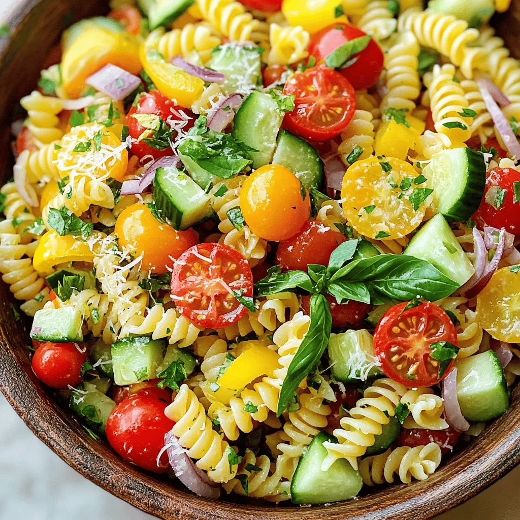 - 12 oz (340g) rotini or fusilli pasta - 1 cup cherry tomatoes, halved - 1 cucumber, diced - 1/2 red onion, finely chopped - 1 bell pepper (any color), diced - 1/2 cup fresh basil leaves, chopped - 1/4 cup grated Parmesan cheese (optional) - 1/3 cup olive oil - 1/4 cup fresh lemon juice - 1 teaspoon lemon zest - 1 teaspoon honey - Salt and pepper to taste The first step is choosing the right pasta. I like rotini or fusilli because their shapes hold the dressing well. You want enough pasta to make it satisfying. Next, fresh produce adds color and taste. Cherry tomatoes give sweetness, while cucumber adds crunch. Red onion offers a bit of bite, and bell pepper brings in more flavor. Fresh basil is key for that lovely aroma. For the dressing, you need olive oil, lemon juice, and lemon zest. Honey adds a nice touch of sweetness. Don't forget the salt and pepper to enhance the taste. This Lemon Basil Pasta Salad is easy to make with these simple ingredients. You can find the full recipe above for all the steps. To get the best pasta, start with plenty of salted water. Bring the water to a full boil. Then, add your rotini or fusilli pasta. Cook it until it is just right, or al dente. This means it should be firm but not hard. You can check by tasting a piece. After cooking, drain the pasta in a colander. Rinse it under cold water right away. This stops the cooking process and cools the pasta quickly. Rinsing also helps separate the noodles, so they don’t stick together. Set your pasta aside to finish cooling. For the dressing, you need a small bowl. Add olive oil, fresh lemon juice, lemon zest, honey, salt, and pepper. Use a whisk to mix these together. Whisking helps blend the oil and juice, making a smooth dressing. To balance the flavors, taste as you go. If it’s too tangy, add a bit more honey. If it needs a kick, a bit more lemon juice will help. This dressing will make your salad pop with flavor. In a large mixing bowl, combine your cooled pasta with the cherry tomatoes, cucumber, red onion, bell pepper, and fresh basil. Mix gently to avoid breaking the pasta. Once everything is in the bowl, pour the dressing over the top. Toss the salad carefully until all the ingredients are coated evenly. This helps each bite be full of flavor. For the best taste, cover the bowl and chill it in the fridge for at least 30 minutes. This allows the flavors to blend. Serve the salad cold or at room temperature. You can add grated Parmesan cheese on top for extra flavor if you like. Enjoy this fresh and flavorful Lemon Basil Pasta Salad! Check out the Full Recipe for more details. - Pasta Types: You can swap the rotini or fusilli for whole wheat or gluten-free pasta. These options work well and keep the dish light. - Seasonal Vegetables: Use fresh veggies like zucchini or asparagus in spring. In summer, try adding sweet corn or snap peas for a crunch. - Adding Proteins: Grilled chicken or shrimp adds a nice touch. You can also use chickpeas for a plant-based option. - Herbs and Spices: Fresh herbs like parsley or mint can brighten the dish. A pinch of red pepper flakes adds a bit of heat. - Garnishing Ideas: Top the salad with extra basil leaves or a sprinkle of lemon zest for color. You can also add toasted nuts like pine nuts for a crunchy finish. - Serving Suggestions: This pasta salad is perfect for picnics or potlucks. Serve it in a large bowl or individual cups for easy sharing. For more details on how to make this dish, check out the Full Recipe. {{image_2}} To give your Lemon Basil Pasta Salad a Mediterranean twist, add some sun-dried tomatoes, olives, and feta cheese. These ingredients bring a salty, rich flavor that pairs well with the lemon and basil. For the dressing, swap out the honey for a splash of red wine vinegar. This change adds a sharp taste that enhances the salad's overall flavor. If you want a vegan version, replace the Parmesan cheese with nutritional yeast. This adds a cheesy flavor without using dairy. You can also use almond or soy milk instead of honey in the dressing. To boost taste, sprinkle in some capers or artichoke hearts. These ingredients will add depth and a unique twist. For a grilled version, use vegetables like zucchini, bell peppers, and asparagus. Grill them until they have nice char marks, then chop them and mix with the pasta. This adds a smoky flavor that elevates the dish. Cook the pasta and let it cool before adding the grilled veggies. The warm veggies will mix well without cooking the pasta further. To store your Lemon Basil Pasta Salad, place it in an airtight container. This keeps the salad fresh and tasty. Make sure to cool the salad before sealing it. If you have leftovers, eat them within a few days. This salad tastes best when fresh. Keep it in the fridge, not on the counter. In the fridge, your pasta salad lasts about 3 to 5 days. Look for signs of spoilage, like a bad smell or slimy texture. If it looks or smells off, it’s best to throw it away. Always trust your senses when checking food safety. You can freeze Lemon Basil Pasta Salad, but the texture may change. If you freeze it, do so in a freezer-safe container. Leave a little space at the top for expansion. To reheat, let it thaw in the fridge overnight, then enjoy it cold. If you want, you can add fresh ingredients after reheating for a better texture. Don't refreeze it once thawed. For the full recipe, check out the link above! You can easily make Lemon Basil Pasta Salad in advance. Just follow these steps: - Cook the pasta: Prepare the pasta as usual and cool it down. - Store the dressing: Mix the dressing in a separate jar. This keeps it fresh. - Combine later: Wait to mix the pasta and veggies until just before serving. This keeps everything crisp. - Refrigerate: You can keep the salad in the fridge for up to 24 hours before serving. This way, you save time on the day of your meal. Yes, you can use dried basil, but fresh is better. Here’s why: - Flavor: Fresh basil has a bright taste. Dried basil lacks that freshness. - Texture: Fresh leaves add a nice crunch. Dried leaves can make the salad taste flat. If you use dried basil, use less. About one teaspoon of dried basil equals one tablespoon of fresh. Lemon Basil Pasta Salad pairs well with many dishes. Here are some ideas: - Grilled chicken: The flavors blend well together. - Fish tacos: The lightness of fish goes great with the salad. - Garlic bread: A warm, crispy side adds comfort. - Roasted veggies: These add color and nutrition. These options enhance your meal and make it even more enjoyable. For the full recipe, check out the Lemon Basil Pasta Salad section! This blog post covered everything you need to know about making a delicious Lemon Basil Pasta Salad. We explored ingredients, cooking steps, and tips to enhance flavor. You learned how to store leftovers and even saw variations to fit your taste. Remember, cooking is about creativity. Don’t hesitate to try new ingredients or mix flavors. With these tips, your pasta salad can impress anyone. Enjoy creating and sharing your tasty dish!