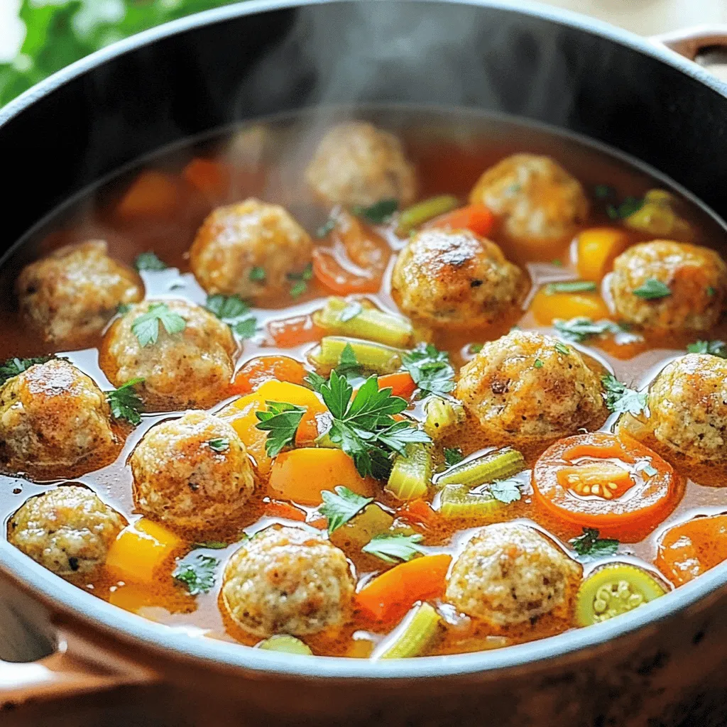 Cajun Meatball Stew bursts with flavor and warmth. Each ingredient plays a key role in creating this hearty dish. Here’s what you need to gather for this delicious meal: - Ground Meat Mix: - 1 lb ground beef - 1/2 lb ground pork - Aromatics: - 2 cloves garlic, minced - 1 onion, diced - 1 bell pepper, chopped (any color) - 2 celery stalks, diced - Seasonings and Flavorings: - 1 tablespoon Cajun seasoning - 1 teaspoon thyme - 1 teaspoon smoked paprika - Salt and pepper to taste - Liquids: - 4 cups chicken broth - 1 can (14.5 oz) diced tomatoes, undrained - Add-ins: - 1 cup okra, sliced (fresh or frozen) - 1 bay leaf - Garnish: - Fresh parsley for garnish These ingredients mix together to create a stew full of rich taste and texture. The meatballs are savory, while the broth is a warm hug in a bowl. You can find the full recipe at the end to guide your cooking. Each step brings you closer to a comforting dinner that feels like home. Mixing Ingredients of Meatballs Start by taking a large bowl. Add 1 pound of ground beef and 1/2 pound of ground pork. Then, mix in 1/2 cup of breadcrumbs, 1 large egg, and 2 cloves of minced garlic. Sprinkle in 1 tablespoon of Cajun seasoning, along with salt and pepper to taste. Use your hands to mix everything until it's well combined. This blend creates the base for the meatballs. Forming and Shaping the Meatballs Once your mixture is ready, form it into small meatballs. Aim for about 1 inch in diameter. You should get around 20 meatballs. Make sure they are evenly shaped for even cooking. Place them on a plate as you work. Sautéing Aromatics In a large pot, heat 1 tablespoon of olive oil over medium heat. Once hot, add the diced onion, chopped bell pepper, and 2 diced celery stalks. Sauté the veggies for 5 to 6 minutes. You want them soft and fragrant. This step builds a strong flavor base for your stew. Building the Flavor with Broth and Tomatoes Next, pour in 4 cups of chicken broth. Stir in 1 can of diced tomatoes, including the juice. Add 1 cup of sliced okra, 1 teaspoon of thyme, 1 teaspoon of smoked paprika, and 1 bay leaf. Bring this mix to a gentle boil. This stage adds depth and richness to the stew. Returning Meatballs to the Stew After your stew base boils, lower the heat. Carefully return the meatballs to the pot. Ensure they are evenly distributed in the liquid. Let everything simmer together for 30 minutes. This time allows the meatballs to absorb the stew's flavors. Adjusting Seasonings Taste the stew before serving. You might want to add more salt, pepper, or Cajun seasoning to enhance the flavor. Don’t forget to remove the bay leaf before serving. The final dish should be warm, hearty, and bursting with Cajun flavors. For the full recipe, check out the [Full Recipe](#). - Browning Techniques: To get great color on meatballs, heat your oil until it's hot. Add meatballs in batches, giving them space. This helps them brown nicely on all sides. - Keeping Meatballs Juicy: Mix the meat gently. Overworking can make them tough. Adding breadcrumbs and egg also helps keep them soft and juicy. - Adjusting Spice Levels: If you prefer less heat, reduce the Cajun seasoning. You can always add more later if needed. For more spice, consider adding cayenne or hot sauce. - Adding Extra Veggies: You can sneak in more veggies like carrots or zucchini. Adding them boosts nutrition and flavor. Just chop them small so they cook well. - Best Side Dishes for Cajun Meatball Stew: Serve with crusty bread to soak up the stew. Rice or cornbread also pairs well. They add a nice touch to the meal. - How to Garnish: Top your stew with fresh parsley for color and flavor. A sprinkle of green onions also adds a nice crunch. {{image_2}} Gluten-Free Substitutes If you need a gluten-free option, swap breadcrumbs for gluten-free breadcrumbs or crushed rice. You can also use ground oats. They work well and keep the meatballs moist. Vegetarian/Vegan Alternatives For a vegetarian or vegan twist, use lentils or chickpeas. Mash them and mix with spices. You can also use plant-based meat alternatives. Add extra veggies like carrots or mushrooms for texture. Using Ground Turkey or Chicken If you want a leaner option, ground turkey or chicken works great. They have a milder flavor but still absorb the spices well. Just keep an eye on the cooking time, as they can dry out faster. Seafood Variations You can also try shrimp or crab meat for a seafood twist. Use fresh seafood for the best flavor. Just add them near the end of cooking, so they don’t overcook. Adding More Heat: Peppers and Hot Sauce To turn up the heat, add jalapeños or cayenne pepper to the mix. Hot sauce can kick up the spice level too. Just add it to your taste for the perfect balance. Cajun Style vs. Creole Style Cajun style focuses on rustic flavors with less cream. Creole style includes tomatoes and cream, giving a richer taste. Choose your style based on your preference for a different experience. Explore the [Full Recipe](#) for more details and cooking tips! Refrigeration Guidelines To keep your Cajun meatball stew fresh, store leftovers in airtight containers. Make sure to let the stew cool before sealing it. Place it in the fridge within two hours of cooking. It will stay good for about three to four days. When you’re ready to eat, check for any off smells or changes in color. Freezing Recommendations If you want to save your stew for later, freezing is a great option. Use freezer-safe containers or resealable bags for storing. Label them with the date. The stew can last up to three months in the freezer. To thaw, place it in the fridge overnight or use the defrost setting on your microwave. Microwave vs. Stovetop You can reheat your stew in the microwave or on the stovetop. For the microwave, place the stew in a bowl and cover it. Heat in short bursts, stirring often. If you prefer the stovetop, pour the stew into a pot over medium heat. Stir occasionally until heated through. Best Practices for Maintaining Flavor To keep the flavors intact, add a splash of broth or water when reheating. This will help keep the stew from getting too thick. Always taste the stew after reheating. You may need to add a bit more seasoning to bring back the original flavor. Enjoy your flavorful dish! For the full recipe, check out the detailed instructions above. You can pair Cajun meatball stew with many sides. - Rice: White or brown rice soaks up the stew well. - Cornbread: A sweet, soft bread adds a lovely contrast. - Green Salad: A fresh salad balances the rich stew. - Collard Greens: This classic side brings more depth to the meal. Cajun cuisine often includes dishes like gumbo or jambalaya. These dishes share flavors, making them great companions. Yes, you can prepare Cajun meatball stew ahead of time. - Meal Prep Techniques: Make the meatballs and the stew base a day before. Store them in the fridge. Just combine and heat when you're ready to eat. - Alternative Cooking Methods: You can also use a slow cooker. It lets flavors blend beautifully while you go about your day. You can cut down on cooking time with a few tricks. - Quick Cooking Methods: You can use an Instant Pot. It cooks the stew in about 20 minutes under pressure. - Prepping Ingredients in Advance: Chop veggies and mix meat ahead of time. This way, you can start cooking right away. For the full recipe, check out the Cajun meatball stew details. This blog post covered how to make a delicious Cajun meatball stew. We explored the key ingredients like ground beef, pork, and fresh veggies. Next, I shared step-by-step instructions for preparing meatballs and cooking the stew. Tips for perfect meatballs and tasty variations helped enhance your dish. Finally, we looked at storage tips to keep leftovers fresh. Try this recipe at home for a hearty meal. Enjoy the bold flavors and warm aromas. Make it your own with personal touches!