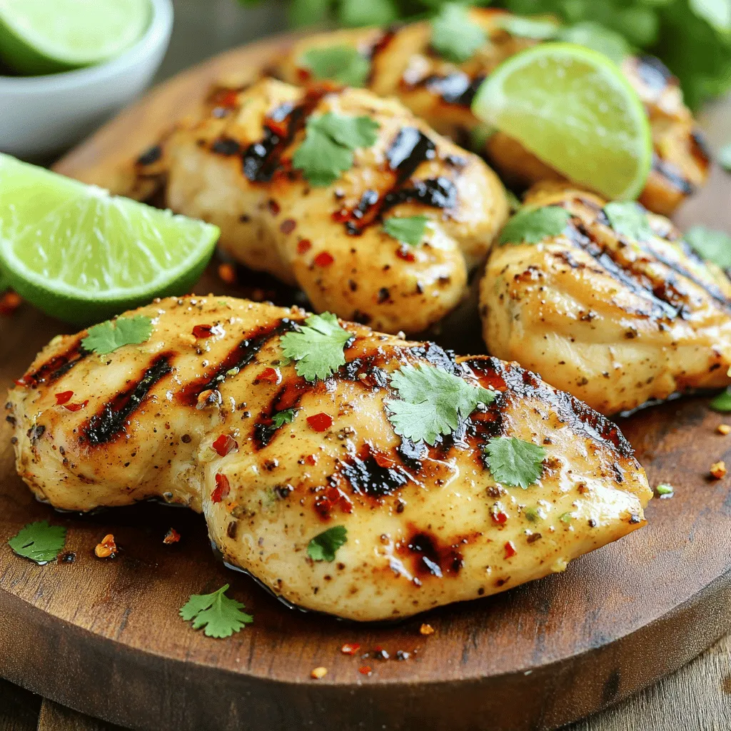 To make the Zesty Lime Chicken Marinade, gather these ingredients: - 1/4 cup fresh lime juice - 1/4 cup olive oil - 4 cloves garlic, minced - 1 tablespoon honey - 1 teaspoon ground cumin - 1 teaspoon smoked paprika - 1/2 teaspoon red pepper flakes (adjust for heat) - 1/2 teaspoon salt - 1/4 teaspoon black pepper - 2 lbs chicken breasts (boneless and skinless) Using fresh lime juice gives your chicken a bright and zesty flavor. Olive oil adds richness and helps the marinade cling to the chicken. Minced garlic provides an aromatic kick. Honey balances the acidity of the lime juice with its sweetness. The spices in this recipe elevate the dish. Ground cumin adds earthiness. Smoked paprika gives depth and a hint of smoke, while red pepper flakes add a bit of heat. Adjust the flakes based on your spice preference. For best results, use boneless, skinless chicken breasts. They absorb flavors well and cook evenly. This marinade works great with the full recipe for Zesty Lime Chicken Marinade, ensuring your meal is both tasty and easy to prepare. Start by gathering your ingredients. You will need fresh lime juice, olive oil, garlic, honey, cumin, smoked paprika, red pepper flakes, salt, and black pepper. In a medium bowl, combine all these ingredients. Use a whisk to mix them well. You want a smooth blend. The olive oil helps to coat the chicken. The honey adds a touch of sweetness. For the best taste, adjust the red pepper flakes to your heat preference. If the mixture feels too thick, add a little more olive oil. Next, we need to coat the chicken. Place the chicken breasts in a large resealable plastic bag or a shallow dish. Pour the marinade over the chicken. Ensure every piece is well coated. This helps the flavors soak in. Seal the bag or cover the dish tightly. Let the chicken sit in the fridge for at least one hour. For even better flavor, marinate for up to four hours. The longer you marinate, the more flavorful the chicken will be. Now, it’s time to cook the chicken. You can grill it or use a skillet. If grilling, preheat your grill to medium-high heat. If using a skillet, heat it on the stove. Remove the chicken from the marinade and let any excess drip off. Discard the leftover marinade as it is no longer safe to use. Grill the chicken for about 6 to 7 minutes on each side. Check that the juices run clear and the internal temperature is 165°F (75°C). Once cooked, take the chicken off the heat. Let it rest for about 5 minutes. This helps keep it juicy. Then, slice or serve the chicken. Enjoy the zesty flavor! For the detailed process, check the Full Recipe. To boost your Zesty Lime Chicken Marinade, consider adding extra spices. Here are a few ideas: - Cilantro: Fresh cilantro brightens the dish. Add a handful for a fresh taste. - Chili powder: This spice adds warmth and depth. Use it if you enjoy a bit more heat. - Black pepper: A bit more black pepper can enhance the overall flavor. When it comes to herbs, fresh is always best. They bring a vibrant taste to your dish. Dried herbs are useful too, but they are less potent. If you use dried herbs, remember to use less than fresh. About one-third of the amount should work well. Choosing the right tools makes marinating easy. Here are my top picks: - Resealable bags: These are perfect for marinating. They let the marinade coat the chicken evenly. - Shallow dishes: If you prefer, a shallow dish works too. Just make sure the chicken is fully submerged in the marinade. For cooking, you want a good grill or skillet. A grill gives a nice char and smoky flavor. A cast-iron skillet is great for even cooking and nice sear marks. Make sure your grill or skillet is hot before you start cooking the chicken. This helps lock in the juices and flavor. {{image_2}} You can switch up the lime juice in this marinade. Try using lemon or orange juice. They add a bright and zesty taste. Lemon juice gives a sharp flavor, while orange juice adds a sweet touch. You can even mix these juices together for a unique twist. Combining different citrus fruits can create a fun flavor profile. If you add grapefruit juice, it brings a tartness that pairs well with chicken. These options make your marinade fresh and exciting. Experimenting with citrus lets you find your perfect taste. This marinade works great with more than just chicken. You can use it on pork or tofu. For pork, marinating time should be about 2 hours. Tofu can soak for 30 minutes to 1 hour. It helps the tofu absorb the tasty flavors. When cooking different proteins, adjust your cooking times. Pork chops need about 7-10 minutes per side on the grill. Make sure the internal temperature reaches 145°F (62°C). For tofu, grill it until golden brown on each side. This way, every protein gets a delicious finish. You can keep leftover marinade for later. Store it in an airtight container. It lasts in the fridge for about three days. If you want to save it longer, freeze it. Pour it into ice cube trays for easy use later. Each cube gives you a perfect portion for next time. After marinating, cover the chicken tightly. Use plastic wrap or a resealable bag. This keeps it fresh for up to two days in the fridge. If you want to freeze it, do so before cooking. It can be frozen for up to three months. When you're ready to cook, thaw it in the fridge overnight. For reheating, grill or pan-sear the chicken again. This keeps its flavor and juiciness. Use medium heat and check for doneness. It should reach 165°F (75°C) to be safe. Enjoy your delicious meal! If you want to make this dish, check out the Full Recipe for all the details. Marinating chicken is key to great taste. For the best flavor, I suggest marinating your chicken for at least 1 hour. If you have time, let it sit for up to 4 hours. This longer time allows the flavors to soak in better. Just remember, don’t exceed 24 hours. The chicken can become too soft if left too long in the marinade. You can use bottled lime juice, but fresh is best. Fresh lime juice gives a brighter, more vibrant flavor. When you use fresh juice, you also get the zest from the lime. This zest adds even more flavor to your dish. Bottled lime juice can be more convenient, but it often lacks the same punch. Pair your Zesty Lime Chicken with fresh sides for a tasty meal. Here are some great options: - Cilantro rice: The herb complements the lime well. - Grilled veggies: Bell peppers and zucchini add color and crunch. - Black bean salad: This adds protein and flavor. - Corn on the cob: A sweet side that contrasts with the zesty chicken. For more ideas, check out the Full Recipe for additional serving suggestions! You now have a clear guide to make Zesty Lime Chicken. You learned about the key ingredients, like fresh lime juice and spices. I showed you step-by-step how to prepare, marinate, and cook the chicken for great taste. You discovered fun tips to enhance flavors and alternative proteins to try. Remember, proper storage helps keep your dish fresh. With these insights, cooking this meal will be easy and fun. Enjoy your culinary adventures with this zesty recipe!