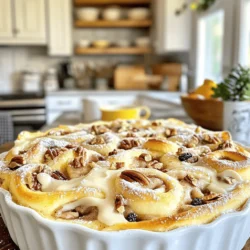 To make a delicious Cinnamon Roll Casserole, gather these simple ingredients: - 2 cans (12.4 oz each) refrigerated cinnamon rolls - 4 large eggs - 1 cup whole milk - 1 teaspoon vanilla extract - 1 teaspoon ground cinnamon - 1/2 cup brown sugar - 1/2 cup chopped pecans or walnuts (optional) - 1/4 cup raisins (optional) - Cream cheese frosting from cinnamon rolls (for drizzling) - Powdered sugar (for dusting) When selecting your cinnamon rolls, opt for the refrigerated variety. These rolls provide a soft texture and rich flavor. You can easily find them in your local grocery store. The eggs add richness and help bind the casserole together. Whole milk keeps the dish moist. Vanilla and ground cinnamon enhance the warm, sweet flavors. Brown sugar adds a nice caramel note. If you want crunch, consider adding chopped nuts. Pecans or walnuts work well. Raisins add sweetness, but they're optional. The cream cheese frosting is key for drizzling. It adds a creamy finish that ties it all together. Lastly, a light dusting of powdered sugar gives a lovely touch. These ingredients come together to create a savory morning delight. You can find the Full Recipe for more details. 1. Preheat the oven and prepare the baking dish Start by setting your oven to 350°F (175°C). Grab a 9x13-inch baking dish and grease it with non-stick spray or butter. This will help the casserole not stick. 2. Cut cinnamon rolls and arrange in the dish Open the cans of cinnamon rolls. Use a sharp knife to cut each roll into quarters. Place these pieces evenly in the greased dish. Make sure they are spread out well. 3. Mix egg mixture ingredients In a large bowl, whisk together 4 eggs, 1 cup of whole milk, 1 teaspoon of vanilla extract, 1 teaspoon of ground cinnamon, and 1/2 cup of brown sugar. Mix until everything is well combined. 4. Pour the egg mixture over cinnamon rolls Carefully pour the egg mixture over the cinnamon roll pieces. Use a spatula to gently press the pieces down. This helps every piece soak up the yummy mixture. 1. Cover and bake for the initial time Cover the baking dish with aluminum foil. Place it in the preheated oven and bake for 25 minutes. This keeps the moisture in while it cooks. 2. Remove foil and complete baking After 25 minutes, carefully remove the foil. Let it bake for an additional 15 to 20 minutes. The casserole should puff up and turn golden brown. Check with a toothpick. It should come out clean when done. 3. Cool slightly and add toppings for serving Once baked, take the casserole out of the oven. Let it cool for about 10 minutes. Drizzle the cream cheese frosting from the cinnamon rolls over the top. If you want, dust it with powdered sugar for a sweet finish. This Cinnamon Roll Casserole is a treat for any morning. You can find the full recipe above to make this delightful dish! To make your Cinnamon Roll Casserole perfect, start by ensuring even soaking of the cinnamon rolls. After you cut the rolls, spread them out in the dish. When you pour the egg mixture over them, use a spatula to gently press down. This helps every piece soak up the mixture. For baking times and temperatures, preheat your oven to 350°F (175°C). Cover the dish with foil and bake for 25 minutes. Then, remove the foil and bake for another 15 to 20 minutes. Look for a golden brown top. A toothpick inserted in the center should come out clean. When you serve your casserole, consider some ideal accompaniments. Fresh fruit, like berries or bananas, pairs well. A side of whipped cream can add a creamy touch. You might also enjoy a hot cup of coffee or tea alongside. For garnishing, drizzle the cream cheese frosting over the top once it cools. A light dusting of powdered sugar adds a sweet finish. You can also sprinkle some chopped nuts for crunch. These ideas will make your dish look and taste great, impressing everyone at the table. {{image_2}} You can easily make your cinnamon roll casserole unique. Adding nuts gives a nice crunch. Chopped pecans or walnuts work well. You can sprinkle them on top of the casserole before baking. This adds flavor and texture. Want to try something different? Consider adding chocolate chips or dried fruit. These additions can change the taste and feel of the dish. For a fun twist, use flavored cinnamon rolls. You might find caramel, pumpkin spice, or apple cinnamon rolls. This will switch up your casserole’s flavor profile. If you have dietary needs, don't worry! You can make gluten-free or dairy-free versions of this casserole. For a gluten-free option, use gluten-free cinnamon rolls. Many brands offer these in stores. Check the labels to ensure they're safe for your diet. For a dairy-free version, swap whole milk with almond milk or oat milk. You can also use a dairy-free cream cheese for the frosting. These small swaps keep the dish tasty while meeting your dietary needs. To store your Cinnamon Roll Casserole, let it cool first. Then, cover it tightly with plastic wrap or aluminum foil. Place it in the fridge. It will stay fresh for about 3 to 4 days. When ready to eat, you can reheat individual pieces in the microwave. Heat for about 30 seconds, then check if it's warm enough. If not, heat for an extra 15 seconds. For best flavor, enjoy it warm. If you want to freeze your casserole, cut it into portions first. Wrap each piece in plastic wrap, then place them in a freezer bag. Make sure to squeeze out as much air as possible. This helps prevent freezer burn. You can freeze it for up to 3 months. When you’re ready to eat, take it out of the freezer and let it thaw in the fridge overnight. To reheat, place the thawed piece in a microwave-safe dish. Heat for about 1 to 2 minutes, checking every 30 seconds. You can also reheat it in the oven at 350°F (175°C) for about 10-15 minutes. This will keep it nice and warm. Enjoy your delicious treat again! For the full recipe, check out the earlier section. Yes, you can prepare the casserole the night before. Just follow the steps up to pouring the egg mixture over the cinnamon rolls. Cover it and place it in the fridge. In the morning, bake it straight from the fridge. You might need to add a few extra minutes to the baking time. If you want a different topping, consider using maple syrup or a simple glaze made with powdered sugar and milk. You can also top it with whipped cream for a lighter option. Each choice adds a unique flavor twist. This casserole is great for both! It has sweet flavors and a fluffy texture that works well for breakfast. At the same time, it can be served warm as a dessert. Enjoy it anytime you crave something sweet! For the full recipe, check out the detailed instructions above. In this post, I shared a fun and easy recipe for a Cinnamon Roll Casserole. You learned the key ingredients, step-by-step instructions, and helpful tips. Plus, I covered variations and storage options to suit your taste. You can easily adapt this dish for your meal or gather family around for breakfast or dessert. Enjoying this dish can be a sweet treat for any occasion. Now, go ahead and make it your own!
