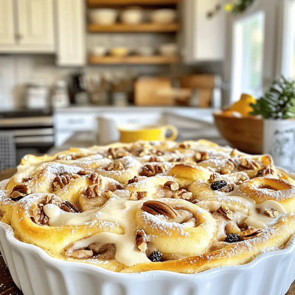 To make a delicious Cinnamon Roll Casserole, gather these simple ingredients: - 2 cans (12.4 oz each) refrigerated cinnamon rolls - 4 large eggs - 1 cup whole milk - 1 teaspoon vanilla extract - 1 teaspoon ground cinnamon - 1/2 cup brown sugar - 1/2 cup chopped pecans or walnuts (optional) - 1/4 cup raisins (optional) - Cream cheese frosting from cinnamon rolls (for drizzling) - Powdered sugar (for dusting) When selecting your cinnamon rolls, opt for the refrigerated variety. These rolls provide a soft texture and rich flavor. You can easily find them in your local grocery store. The eggs add richness and help bind the casserole together. Whole milk keeps the dish moist. Vanilla and ground cinnamon enhance the warm, sweet flavors. Brown sugar adds a nice caramel note. If you want crunch, consider adding chopped nuts. Pecans or walnuts work well. Raisins add sweetness, but they're optional. The cream cheese frosting is key for drizzling. It adds a creamy finish that ties it all together. Lastly, a light dusting of powdered sugar gives a lovely touch. These ingredients come together to create a savory morning delight. You can find the Full Recipe for more details. 1. Preheat the oven and prepare the baking dish Start by setting your oven to 350°F (175°C). Grab a 9x13-inch baking dish and grease it with non-stick spray or butter. This will help the casserole not stick. 2. Cut cinnamon rolls and arrange in the dish Open the cans of cinnamon rolls. Use a sharp knife to cut each roll into quarters. Place these pieces evenly in the greased dish. Make sure they are spread out well. 3. Mix egg mixture ingredients In a large bowl, whisk together 4 eggs, 1 cup of whole milk, 1 teaspoon of vanilla extract, 1 teaspoon of ground cinnamon, and 1/2 cup of brown sugar. Mix until everything is well combined. 4. Pour the egg mixture over cinnamon rolls Carefully pour the egg mixture over the cinnamon roll pieces. Use a spatula to gently press the pieces down. This helps every piece soak up the yummy mixture. 1. Cover and bake for the initial time Cover the baking dish with aluminum foil. Place it in the preheated oven and bake for 25 minutes. This keeps the moisture in while it cooks. 2. Remove foil and complete baking After 25 minutes, carefully remove the foil. Let it bake for an additional 15 to 20 minutes. The casserole should puff up and turn golden brown. Check with a toothpick. It should come out clean when done. 3. Cool slightly and add toppings for serving Once baked, take the casserole out of the oven. Let it cool for about 10 minutes. Drizzle the cream cheese frosting from the cinnamon rolls over the top. If you want, dust it with powdered sugar for a sweet finish. This Cinnamon Roll Casserole is a treat for any morning. You can find the full recipe above to make this delightful dish! To make your Cinnamon Roll Casserole perfect, start by ensuring even soaking of the cinnamon rolls. After you cut the rolls, spread them out in the dish. When you pour the egg mixture over them, use a spatula to gently press down. This helps every piece soak up the mixture. For baking times and temperatures, preheat your oven to 350°F (175°C). Cover the dish with foil and bake for 25 minutes. Then, remove the foil and bake for another 15 to 20 minutes. Look for a golden brown top. A toothpick inserted in the center should come out clean. When you serve your casserole, consider some ideal accompaniments. Fresh fruit, like berries or bananas, pairs well. A side of whipped cream can add a creamy touch. You might also enjoy a hot cup of coffee or tea alongside. For garnishing, drizzle the cream cheese frosting over the top once it cools. A light dusting of powdered sugar adds a sweet finish. You can also sprinkle some chopped nuts for crunch. These ideas will make your dish look and taste great, impressing everyone at the table. {{image_2}} You can easily make your cinnamon roll casserole unique. Adding nuts gives a nice crunch. Chopped pecans or walnuts work well. You can sprinkle them on top of the casserole before baking. This adds flavor and texture. Want to try something different? Consider adding chocolate chips or dried fruit. These additions can change the taste and feel of the dish. For a fun twist, use flavored cinnamon rolls. You might find caramel, pumpkin spice, or apple cinnamon rolls. This will switch up your casserole’s flavor profile. If you have dietary needs, don't worry! You can make gluten-free or dairy-free versions of this casserole. For a gluten-free option, use gluten-free cinnamon rolls. Many brands offer these in stores. Check the labels to ensure they're safe for your diet. For a dairy-free version, swap whole milk with almond milk or oat milk. You can also use a dairy-free cream cheese for the frosting. These small swaps keep the dish tasty while meeting your dietary needs. To store your Cinnamon Roll Casserole, let it cool first. Then, cover it tightly with plastic wrap or aluminum foil. Place it in the fridge. It will stay fresh for about 3 to 4 days. When ready to eat, you can reheat individual pieces in the microwave. Heat for about 30 seconds, then check if it's warm enough. If not, heat for an extra 15 seconds. For best flavor, enjoy it warm. If you want to freeze your casserole, cut it into portions first. Wrap each piece in plastic wrap, then place them in a freezer bag. Make sure to squeeze out as much air as possible. This helps prevent freezer burn. You can freeze it for up to 3 months. When you’re ready to eat, take it out of the freezer and let it thaw in the fridge overnight. To reheat, place the thawed piece in a microwave-safe dish. Heat for about 1 to 2 minutes, checking every 30 seconds. You can also reheat it in the oven at 350°F (175°C) for about 10-15 minutes. This will keep it nice and warm. Enjoy your delicious treat again! For the full recipe, check out the earlier section. Yes, you can prepare the casserole the night before. Just follow the steps up to pouring the egg mixture over the cinnamon rolls. Cover it and place it in the fridge. In the morning, bake it straight from the fridge. You might need to add a few extra minutes to the baking time. If you want a different topping, consider using maple syrup or a simple glaze made with powdered sugar and milk. You can also top it with whipped cream for a lighter option. Each choice adds a unique flavor twist. This casserole is great for both! It has sweet flavors and a fluffy texture that works well for breakfast. At the same time, it can be served warm as a dessert. Enjoy it anytime you crave something sweet! For the full recipe, check out the detailed instructions above. In this post, I shared a fun and easy recipe for a Cinnamon Roll Casserole. You learned the key ingredients, step-by-step instructions, and helpful tips. Plus, I covered variations and storage options to suit your taste. You can easily adapt this dish for your meal or gather family around for breakfast or dessert. Enjoying this dish can be a sweet treat for any occasion. Now, go ahead and make it your own!