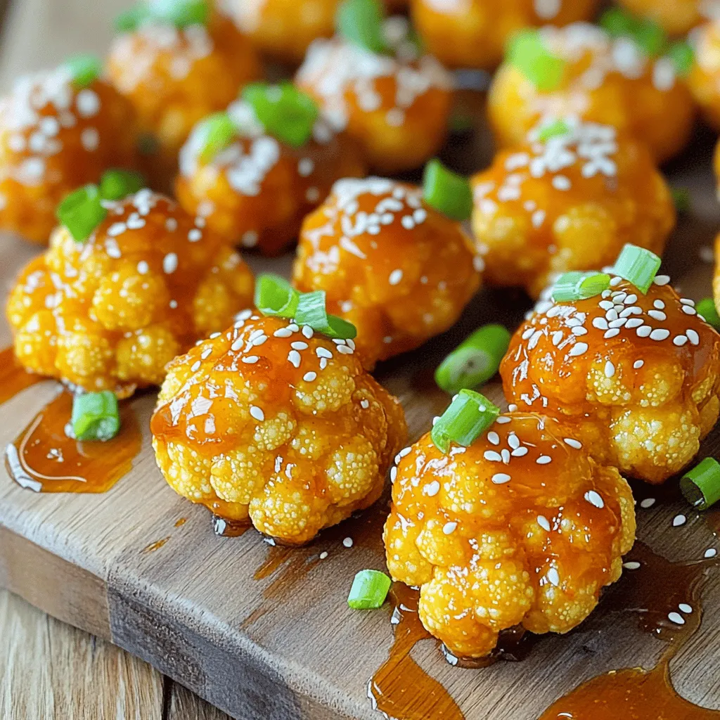 - Cauliflower florets - ½ cup all-purpose flour - ½ cup water - 1 teaspoon garlic powder - 1 teaspoon paprika - ½ teaspoon salt - ½ teaspoon black pepper - ½ cup Sriracha sauce - ¼ cup honey - 1 tablespoon rice vinegar - 1 tablespoon sesame oil The first step is to gather your ingredients. The star of this dish is fresh cauliflower florets. They need to be bite-sized for easy eating. The batter is simple. You will mix flour, water, and spices. Garlic powder and paprika add flavor. Salt and black pepper bring out the taste. Next, we make the Sriracha honey sauce. For this, you need Sriracha and honey. Rice vinegar gives it a nice tang. Sesame oil adds a rich flavor. This sauce makes the cauliflower bites shine. - Chopped green onions - Sesame seeds Garnishes are important. They not only look good but add flavor too. Chopped green onions give a fresh crunch. Sesame seeds add a nutty taste and a lovely look. These simple touches make your dish pop. If you want to impress, use these garnishes on your Sriracha Honey Cauliflower Bites. For the full recipe, check the link. - Preheat the oven and prepare baking sheet: Start by preheating your oven to 425°F (220°C). While it heats up, line a baking sheet with parchment paper to prevent sticking. - Mix the batter ingredients: In a bowl, whisk together ½ cup of all-purpose flour, ½ cup of water, 1 teaspoon of garlic powder, 1 teaspoon of paprika, ½ teaspoon of salt, and ½ teaspoon of black pepper. Mix until the batter is smooth and thick enough to coat the cauliflower. - Coat cauliflower florets and place them on the baking sheet: Take your medium head of cauliflower and cut it into bite-sized florets. Dip each floret into the batter, letting the extra batter drip off. Place the coated florets on the baking sheet in a single layer. - Bake until golden and crispy: Put the baking sheet in the oven and bake for 25 minutes. Flip the florets halfway through to ensure they cook evenly. Look for a golden color and a crispy texture. - Combine sauce ingredients in a saucepan: While the cauliflower bakes, grab a small saucepan. Add ½ cup of Sriracha sauce, ¼ cup of honey, 1 tablespoon of rice vinegar, and 1 tablespoon of sesame oil. - Heat until well mixed and heated: Place the saucepan over medium heat. Stir continuously for about 3-5 minutes. The sauce should be well combined and heated through. - Coat baked cauliflower in sauce: Once the cauliflower is done, take it out of the oven. Drizzle the Sriracha honey sauce over the baked florets. Gently toss them to coat evenly. - Bake again to caramelize: Return the coated cauliflower to the oven. Bake for another 5-7 minutes. This will help the sauce caramelize and stick to the florets. Enjoy your crispy and flavorful Sriracha Honey Cauliflower Bites! For the complete recipe, check out the Full Recipe. To make your cauliflower bites crispy, start with the right batter. The batter must be thick enough to coat the florets well. If it's too thin, they'll turn soggy. Use equal parts flour and water for the best mix. For baking, set your oven to a high temperature of 425°F (220°C). This heat helps to create a crunchy outside. Place the florets in a single layer on the baking sheet, ensuring they don’t touch. Flip them halfway through cooking for even crispiness. If you want a milder taste, reduce the Sriracha in the sauce. You can also add more honey to balance the heat. For spice lovers, add more Sriracha or extra spices. If you don’t have Sriracha, use another hot sauce like sambal oelek for a similar kick. These bites make a great appetizer or side dish. Pair them with a cool dip, like ranch or yogurt sauce, to balance the spice. You can also serve them alongside rice or a fresh salad. They are perfect for game day or a casual gathering. Check out the Full Recipe for a complete guide to making these tasty bites! {{image_2}} You can change the texture of your Sriracha honey cauliflower bites by using gluten-free flour. This option works great for those with gluten sensitivity. Just swap the all-purpose flour for a gluten-free blend. You can also try different seasonings. For a zesty twist, add some cayenne pepper or smoked paprika. Want more flavor? Mix in some Italian herbs like oregano or thyme. Don't be afraid to experiment with sauces. BBQ sauce can give a sweet and smoky flavor. Teriyaki sauce adds a nice umami touch. You can also boost the flavor with lime juice or zest. This adds a fresh kick that complements the sweetness of honey. Feel free to get creative with your bites. Add vegetables like bell peppers or broccoli for extra color and crunch. For protein, toss in some cooked chickpeas or shredded chicken. Mixing these flavors creates a fun and tasty dish. You can even combine different sauces for a unique flavor experience. Try mixing Sriracha with a bit of ranch or yogurt for a creamy dip. For the full recipe, check out the detailed instructions above. To keep your Sriracha honey cauliflower bites fresh, store them in an airtight container. Place a paper towel in the container to absorb moisture. This helps maintain their crispiness. Store the container in the fridge. Your leftovers will stay good for up to three days. If you want to keep them longer, consider freezing them. Use freezer-safe bags or containers for best results. To reheat without losing crispiness, use the oven. Preheat it to 375°F (190°C). Place the cauliflower bites on a baking sheet and heat for about 10-15 minutes. This method keeps them crunchy. If you use a microwave, the bites may become soggy. Try to avoid this method if you can. Enjoy your delicious bites as if they were fresh from the oven! For the full recipe, check out the instructions above. Sriracha Honey Cauliflower Bites last about three to five days in the fridge. Store them in an airtight container. This keeps them fresh and tasty for your next snack or meal. Yes, you can freeze these bites! Place them in a single layer on a baking sheet. Once frozen, transfer them to a freezer-safe bag. They can last up to three months in the freezer. When you want to eat them, bake from frozen for a quick treat. If you need a substitute, try chili paste or hot sauce. You can also use a homemade mix of red pepper flakes and some vinegar. Each option gives a different flavor kick, so choose what you like best. Yes, these Sriracha Honey Cauliflower Bites are vegan if you swap out honey for maple syrup or agave nectar. This keeps the dish plant-based while still tasting great. To boost the flavor, add fresh herbs like cilantro or parsley. You can also sprinkle a bit of lime juice or zest before serving. Experiment with spices in the batter to find your perfect mix. For the full recipe, check the details above! We've covered how to make delicious Sriracha Honey Cauliflower Bites from scratch. You learned about the key ingredients, step-by-step baking, and how to create the perfect sauce. I shared tips to ensure a crispy texture and ideas for customizing the recipe to your taste. Remember to store your leftovers properly for the best flavor. Enjoy getting creative with these bites as appetizers or side dishes. Happy cooking!