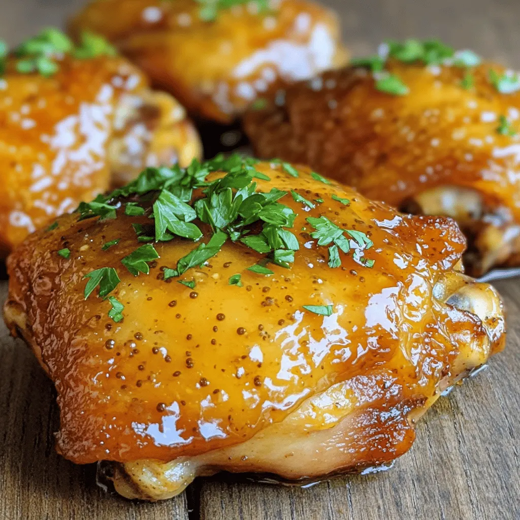 - 4 bone-in chicken thighs - 3 tablespoons honey - 3 tablespoons Dijon mustard - 2 tablespoons olive oil - 2 cloves garlic, minced - 1 teaspoon dried thyme - 1 teaspoon smoked paprika - Salt and pepper to taste - Fresh parsley, chopped When making honey mustard chicken thighs, you need simple and fresh ingredients. The main star is the chicken. Bone-in chicken thighs give a juicy flavor and stay moist during cooking. Honey adds sweetness. Dijon mustard brings a tangy kick. Olive oil helps brown the chicken and keeps it tender. Next, we have the seasonings. Minced garlic adds depth. Dried thyme gives a hint of earthiness. Smoked paprika adds a warm, smoky flavor. Salt and pepper bring it all together. Adjust these to your taste. For garnish, fresh parsley looks great and adds a fresh taste. It makes your dish pop with color. For a complete guide, check out the Full Recipe. - Preheat your oven to 400°F (200°C). This step is key for crispy skin. - In a small bowl, whisk together the honey, Dijon mustard, olive oil, minced garlic, dried thyme, smoked paprika, salt, and pepper. This glaze gives the chicken its sweet and tangy flavor. - Pat the chicken thighs dry with paper towels. This helps the skin get crispy. - Season the chicken thighs with salt and pepper. This simple step enhances the taste. - Coat the seasoned chicken thighs with the honey mustard glaze. Make sure each thigh gets a good amount. - Place the coated chicken thighs in a baking dish. Spread them out for even cooking. - Bake in the preheated oven for 35-40 minutes. Check that the internal temperature reaches 165°F (75°C). This means the chicken is safe to eat. - The skin should be golden brown and crispy when done. This adds great texture. To check if your chicken is done, use a meat thermometer. Insert it into the thickest part of the thigh. The chicken should reach 165°F (75°C). This ensures it is safe to eat. If you don’t have a thermometer, cut into the chicken. The juices should run clear, not pink. Let the chicken rest for 5 minutes after baking. This time allows the juices to settle. Resting makes the chicken moist and tasty. You can boost the taste of your honey mustard chicken thighs. Try adding spices like cayenne pepper or garlic powder. These spices add heat and depth to the dish. Experiment to find your perfect blend. Using a meat thermometer is key for perfect chicken. It takes the guesswork out of cooking. With a thermometer, you know exactly when it's ready. You can swap out honey for maple syrup for a new flavor. This change gives a different sweet note. If you want more tang, use apple cider vinegar. Different mustards can change the taste too. Try whole grain mustard for texture or spicy brown mustard for a kick. Each type of mustard adds its own unique twist to the glaze. For the full recipe, check out the earlier sections. {{image_2}} You can switch up how you cook honey mustard chicken thighs. Grilling adds a nice smoky flavor. Just marinate the thighs in the honey mustard glaze, then grill on medium heat for about 6-7 minutes per side. Make sure the chicken reaches 165°F for safety. Another option is the slow cooker. This method keeps the chicken juicy. Simply place the seasoned thighs in the slow cooker with the glaze. Cook on low for 6-8 hours or high for 3-4 hours. If you prefer boneless chicken thighs, that works well, too. Boneless thighs cook faster, so check for doneness around 25-30 minutes. You can also swap Dijon mustard for other mustard types. Honey mustard adds sweetness and tang but yellow mustard offers a milder flavor. Try spicy brown mustard for a kick. When it comes to sides, honey mustard chicken pairs great with rice or roasted vegetables. Rice soaks up the glaze, making each bite delicious. You can also serve it with a side salad for a fresh touch. Try a creamy ranch or a tangy vinaigrette to complement the flavors. For sauces, consider BBQ sauce or a garlic aioli. These add richness and variety to your meal. For the complete recipe, check out the [Full Recipe]. To store leftovers in the fridge, first let the chicken cool down. Place the chicken in an airtight container. You can keep it for up to three days. If you have extra glaze, store it separately. This keeps the chicken from getting soggy. You can freeze honey mustard chicken thighs for later. Wrap them tightly in plastic wrap first. Then, place them in a freezer bag or an airtight container. This helps avoid freezer burn. They can stay good for about three months. To thaw, move the chicken to the fridge a night before. This method is safe and keeps the chicken juicy. If you need it fast, you can use cold water. Just keep the chicken in its wrap and change the water every 30 minutes. For the best reheating, use the oven. Preheat it to 350°F (175°C). Place the chicken in a baking dish, cover it with foil, and heat for about 15-20 minutes. This keeps the chicken moist. You can also use a microwave. Heat on medium for 2-3 minutes. Check to ensure it's warm throughout. Enjoy your meal again! You can easily make honey mustard sauce at home. Mix 3 tablespoons of honey with 3 tablespoons of Dijon mustard in a bowl. Stir until it is smooth. You can adjust the ratio if you want it sweeter or tangier. This simple homemade honey mustard recipe is perfect for dipping or glazing. Yes, marinating chicken thighs in the honey mustard glaze is a great idea. It adds flavor and makes the chicken tender. I suggest marinating for at least 30 minutes. If you have time, let it marinate for several hours or even overnight for the best taste. Honey mustard chicken thighs go well with many sides. Here are some ideas: - Steamed broccoli - Roasted sweet potatoes - Garlic mashed potatoes - Rice pilaf - Green salad with vinaigrette These sides balance the sweet and tangy flavors of the chicken. Yes, this recipe is great for meal prep. You can cook a batch and store the chicken in the fridge. It keeps well for about three days. To reheat, just warm it in the oven or microwave. This makes it easy to enjoy a tasty meal throughout the week. This post covered how to make delicious honey mustard chicken thighs. You learned about key ingredients like chicken, honey, and Dijon mustard. I shared step-by-step baking instructions and tips for perfect results. You also saw variations for different tastes and cooking methods. Finally, I offered storage tips and answered common questions. Cooking can be fun and simple. Enjoy your tasty meal!