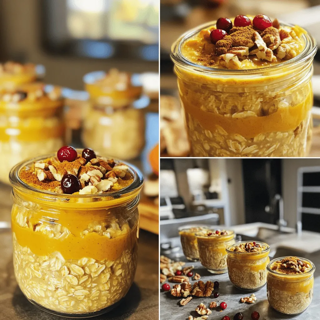 For a great start to your day, gather these simple ingredients. You will need: - 1 cup rolled oats - 1 cup almond milk (or any milk of choice) - 1/2 cup canned pumpkin puree - 1 tablespoon maple syrup - 1 teaspoon pumpkin pie spice - 1/2 teaspoon vanilla extract - A pinch of salt - Optional toppings: chopped nuts, chia seeds, or dried cranberries These ingredients work together to create a creamy and flavorful breakfast. The rolled oats provide a hearty base. Almond milk gives it a nice creaminess without being heavy. Canned pumpkin puree adds a rich texture and a boost of nutrients. Maple syrup sweetens the mix just right. Pumpkin pie spice adds that cozy autumn flavor. Vanilla extract brings a lovely aroma. Finally, the salt enhances all the flavors. You can adjust the maple syrup to make it sweeter or less sweet based on your taste. Feel free to mix in some toppings for added texture. This recipe is all about personalizing your breakfast experience. For the full recipe, check out Pumpkin Spice Overnight Oats. - Step 1: In a mixing bowl, combine the rolled oats, almond milk, pumpkin puree, and maple syrup. This mix creates a creamy base. It’s easy to stir everything together. - Step 2: Add the pumpkin pie spice, vanilla extract, and salt to the mixture. Stir until mixed well. The spices will give your oats that warm, cozy flavor. - Step 3: Divide the mixture evenly into two jars or airtight containers. This ensures each jar has the same amount. - Step 4: Seal the jars and place them in the refrigerator overnight. This waiting time helps the oats soften and soak up the flavors. In the morning, you will have a tasty breakfast ready to enjoy. Serve your pumpkin spice overnight oats cold or warm. Add your favorite toppings like chopped nuts or dried cranberries for extra flavor and texture. Check out the [Full Recipe] for more details! - Use rolled oats for optimal texture: Rolled oats soak up liquid well. They give a creamy and smooth texture. Avoid quick oats; they can become mushy. - Adjust maple syrup to achieve desired sweetness: Start with one tablespoon. Taste and add more if you want it sweeter. Maple syrup adds a rich flavor that pairs well with pumpkin. - Choose the right milk for creaminess: Almond milk is great, but you can use any milk you like. Whole milk gives a richer taste, while oat milk is creamy and sweet. - Prepare in batches for quick breakfasts: Making several jars at once saves time. You can grab them on busy mornings. Enjoy different toppings each day to keep it fun. - Store jars neatly in the fridge: Use clear jars to see your delicious oats. This helps you grab them easily. Keep lids tight to keep them fresh and tasty. For the full recipe, check the [Full Recipe]. {{image_2}} To make pumpkin spice overnight oats vegan, swap almond milk for any plant-based milk. You can use oat, soy, or coconut milk. For sweetening, replace maple syrup with agave or date syrup. These options keep your meal tasty and plant-based. For gluten-free oats, pick certified gluten-free rolled oats. Oats can be cross-contaminated with gluten during processing. Using certified oats ensures your dish is safe for those with gluten sensitivities. You can add different spices to change the flavor. Try cinnamon, nutmeg, or ginger for a warm twist. A dash of allspice or cardamom can also add depth. Experiment and find your favorite mix! Adding fresh fruit or nut butter is another great option. Sliced bananas or apples can add sweetness and texture. A spoonful of almond or peanut butter gives creaminess and protein. Get creative and enjoy your unique bowl of oats! For the full recipe, check out the Pumpkin Spice Overnight Oats section. To keep your pumpkin spice overnight oats fresh, store them in airtight jars. This helps keep moisture out and flavor in. Place the jars in the fridge right after you make them. Your oats will stay fresh for up to five days. Just remember to give them a good stir before eating. If you notice any separation, that’s normal. Yes, you can freeze overnight oats! Just make sure to use freezer-safe jars. Leave a little space at the top of the jar. This allows for expansion when the oats freeze. Your oats can last for up to three months in the freezer. To thaw, take the jar out of the freezer and place it in the fridge overnight. If you're in a hurry, you can also thaw them in the microwave. Just remove the lid and heat for 30 seconds. Stir and heat again if needed. Enjoy your ready-to-eat breakfast! For the full recipe, check out the steps above. Overnight oats are a simple and healthy breakfast. You mix oats with liquid and let them sit overnight. This softens the oats and creates a creamy texture. They are quick to prepare and can be taken on the go. Yes, you can use fresh pumpkin! Just cook and puree the pumpkin first. Make sure it is smooth and not too watery. Canned pumpkin is easier, but fresh adds a nice touch. To change the serving size, simply adjust the ingredient amounts. For example, if you want to make one serving, use half of each ingredient. You can also double the recipe for more servings. Yes, honey works well instead of maple syrup. It adds sweetness and a unique flavor. You can adjust the amount to your taste, just like with maple syrup. For crunch, add toppings like chopped nuts, chia seeds, or granola. These options give your oats a fun texture. You can also mix in some dried fruit for added flavor. Check out the Full Recipe for more ideas! In this post, we explored how to make delicious overnight oats with pumpkin. We covered the key ingredients, step-by-step preparation, and tips for the best results. You learned about variations and storage options, ensuring your oats stay fresh and tasty. Overnight oats are not only simple but also filled with flavor and nutrition. Enjoy your healthy, easy breakfast and don’t forget to try different toppings! Get creative and make it your own.