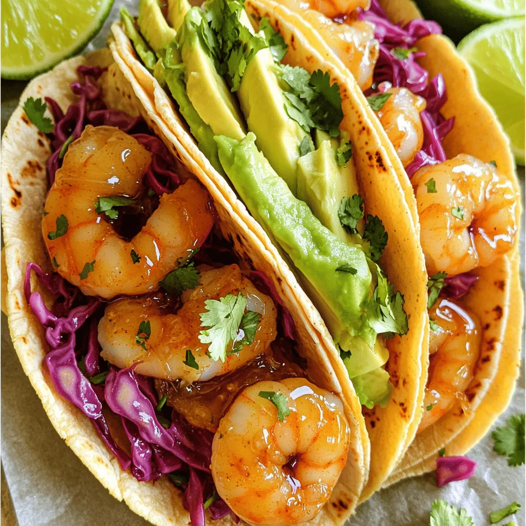 - Shrimp - Honey - Garlic - Soy Sauce - Fresh Lime Juice - Chili Powder - Tortillas - Red Cabbage - Avocado - Fresh Cilantro - Lime Wedges - Salt and Pepper To make Honey Garlic Shrimp Tacos, you need a few key items. First, you’ll need shrimp. Fresh or frozen shrimp works well. You want about 1 pound, peeled and deveined, for this recipe. Next, grab honey. This will give your shrimp a sweet touch. You also need garlic, about three cloves, minced for strong flavor. Finally, soy sauce adds a savory depth. For a little zing, include fresh lime juice and chili powder. The lime juice brightens the dish, while chili powder adds a hint of spice. You’ll need tortillas to hold all these tasty ingredients. Small corn or flour tortillas are perfect. Don’t forget the red cabbage. Shredded cabbage adds crunch and color. For garnishing, you will need avocado, fresh cilantro, lime wedges, and salt and pepper to taste. These ingredients complete your tacos and make them feel special. For the full recipe, you can refer to the detailed instructions above. Enjoy cooking these vibrant tacos! To start, you need to mix the marinade. In a bowl, whisk together the honey, minced garlic, soy sauce, lime juice, and chili powder until smooth. This mix adds a sweet and savory kick. Now, toss in the shrimp. Make sure each piece is well-coated. Let the shrimp sit in the marinade for about 15-20 minutes. This helps the flavors soak in. Next, heat a large skillet over medium-high heat. Once it’s hot, add the marinated shrimp. Discard any leftover marinade. Cook the shrimp for about 2-3 minutes on each side. Watch them turn pink and opaque. This shows they're ready. Season with salt and pepper to taste. This step makes a big difference in flavor. While the shrimp cooks, warm your tortillas. You can heat them on a dry skillet or directly over a flame. Do this for just a few seconds on each side. This quick method makes them warm and flexible, perfect for wrapping. Now it’s time to put your tacos together. Start by placing a layer of shredded cabbage on each tortilla. Next, add a few pieces of shrimp. Don’t forget to top it with avocado slices and fresh cilantro. For extra zing, serve with lime wedges on the side. This adds a burst of flavor when you squeeze the lime over the tacos. Enjoy your honey garlic shrimp tacos! For the full recipe, refer to the earlier section. To cook shrimp well, focus on the right temperature. Shrimp cooks best at medium-high heat. This helps them cook evenly and stay juicy. Aim for a cooking time of about 2-3 minutes on each side. Watch for them turning pink and opaque. This signals they are done. Avoid overcooking shrimp at all costs. Overcooked shrimp becomes rubbery and tough. If you see them curl tightly, they are likely overdone. Keep an eye on them to ensure perfect texture. When choosing tortillas, you have two great options: corn or flour. Corn tortillas add a nice flavor to the dish. They are also gluten-free, which is perfect for many diets. Flour tortillas are soft and pliable. They offer a great base for any filling. Warming tortillas is key to enjoying them fully. You can heat them in a dry skillet for about 30 seconds on each side. For a smoky flavor, try warming them over a flame. Just be careful not to burn them! To spice up your tacos, consider adding jalapeños. Slice them thinly and sprinkle them in for a kick. They add a fresh taste and complement the sweetness of the honey. For sauces, try a drizzle of sriracha or a tangy lime crema. These sauces add depth and flavor to your tacos. You can mix and match sauces to find your favorite combinations. Enjoy experimenting! For the complete recipe, check out the Full Recipe section. {{image_2}} You can switch shrimp for chicken or tofu. Chicken works well, but you need to cook it longer. For chicken, cook it for about 5-7 minutes on each side until it is no longer pink. Tofu is a great choice for a vegan option. Cook it for about 4-5 minutes on each side until it is golden and crispy. If you need a gluten-free option, use tamari instead of soy sauce. Tamari gives a similar flavor without gluten. For a vegan alternative, use tofu or tempeh instead of shrimp. This keeps the dish plant-based and tasty. You can change the marinade to mix up the flavors. Try using different sauces like teriyaki or sriracha for a spicy kick. Adding fresh herbs can brighten the dish. Use cilantro, parsley, or even basil to give your tacos a fresh twist. You can experiment with what you like best! To keep your tacos fresh, wrap them in foil or place them in an airtight container. Store them in the fridge for up to two days. When you’re ready to enjoy them, reheat the tacos in a skillet over medium heat. This method keeps the tortillas crisp. Heat for about two minutes on each side. You can also use the microwave. Just cover them with a damp paper towel and heat for 30 seconds. Check and heat more if needed. If you have leftover marinade, store it in a sealed container in the fridge. It can last for up to three days. The honey and garlic flavors will deepen as it sits. However, do not reuse the marinade that has touched raw shrimp. Fresh marinade is key for safe cooking. Most ingredients in the marinade stay good for a week. Always check for any off smells before use, especially garlic. You can freeze shrimp before cooking them. Place the raw shrimp in a freezer bag, squeezing out as much air as possible. They can last for up to three months in the freezer. When you're ready to cook, thaw them overnight in the fridge. For the tacos, you can also freeze the cooked shrimp. Just let them cool completely before bagging. To reheat frozen tacos, bake them in the oven at 350°F for about 10-15 minutes. Enjoy your Honey Garlic Shrimp Tacos anytime! For the full recipe, check out the detailed instructions. You can serve these tacos with a few tasty sides. Here are some ideas: - Mexican rice: Simple, flavorful rice makes a great match. - Black beans: Rich in protein and flavor, they balance the dish. - Corn salsa: Adds sweetness and crunch to your meal. - Guacamole: Creamy and fresh, it pairs well with the shrimp. - Chips and salsa: A classic appetizer that everyone loves. These sides add variety and make your meal more fun. Shrimp cooks quickly. Here are key signs to look for: - Color change: Raw shrimp is gray and becomes pink when cooked. - Opaque flesh: Cooked shrimp turns from translucent to opaque. - Curling shape: As shrimp cooks, it curls slightly. If it curls too much, it may be overcooked. Cook shrimp for about 2-3 minutes on each side. Keep an eye on them for best results. Yes, you can prep tacos in advance! Here are some tips: - Marinate shrimp: You can marinate shrimp a few hours before cooking. - Prepare toppings: Slice avocado and shred cabbage ahead of time. - Warm tortillas: Heat them just before serving for the best taste. Assembling the tacos is quick. This makes it easy to serve fresh, tasty tacos in no time. For the full recipe, check out the details above. This post guides you through making tasty Honey Garlic Shrimp Tacos. We covered key ingredients, step-by-step instructions, and useful tips. Remember to marinate shrimp well and choose the right tortillas. Feel free to get creative with toppings and flavors. With the right techniques, you can impress anyone with these tacos. Enjoy the process, taste the flavors, and share with friends. Your next taco night will be a hit!