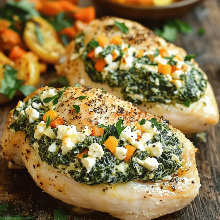 - 4 boneless, skinless chicken breasts - 2 cups fresh spinach, chopped - 1 cup feta cheese, crumbled - 1/2 cup cream cheese, softened - 2 cloves garlic, minced - 1 teaspoon dried oregano - 1/2 teaspoon salt - 1/4 teaspoon black pepper - 1 tablespoon olive oil - 1 tablespoon lemon juice - Toothpicks or kitchen twine - Each serving has about 330 calories. - The protein content is roughly 35 grams. - Total fat is about 18 grams, with 7 grams of saturated fat. - Carbs are low at around 4 grams per serving. This recipe offers a tasty balance of flavors. The chicken is juicy, while the spinach and feta add a creamy touch. You can find the full recipe above for more detailed cooking steps. - Preheating the oven: Start by heating your oven to 375°F (190°C). This step is key for even cooking. - Making the spinach-feta filling: In a bowl, mix 2 cups of chopped spinach, 1 cup of crumbled feta, and 1/2 cup of softened cream cheese. Add 2 minced garlic cloves, 1 teaspoon of dried oregano, 1/2 teaspoon of salt, and 1/4 teaspoon of black pepper. Stir until everything blends well. - Creating pockets in the chicken breasts: Take 4 boneless, skinless chicken breasts. Use a sharp knife to slice each one horizontally. Make a pocket without cutting all the way through. - How to stuff and secure the chicken: Fill each chicken breast with the spinach-feta mixture. Use toothpicks or kitchen twine to close the opening securely. This keeps the tasty filling from spilling out. - Searing the chicken in a skillet: Heat 1 tablespoon of olive oil in an oven-safe skillet over medium-high heat. When hot, add the stuffed chicken breasts. Sear them for about 3-4 minutes on each side until golden brown. - Baking instructions and cooking time: After searing, drizzle 1 tablespoon of lemon juice over the chicken. Transfer the skillet to your preheated oven. Bake for 20-25 minutes. The chicken is done when it reaches an internal temperature of 165°F (75°C). Remove from the oven and let it rest for 5 minutes before serving. For the full recipe, refer to the earlier section. To keep your chicken juicy, don’t overcook it. Use a meat thermometer to check the internal temperature. Aim for 165°F (75°C). This ensures the chicken stays moist and safe to eat. Searing the chicken before baking locks in flavor and keeps it tender inside. For a great presentation, slice the chicken to show the colorful filling. You can garnish with fresh parsley or extra feta. This makes the dish pop on the plate! Pair it with roasted vegetables or a fresh salad for a balanced meal. One common mistake is overcooking the chicken. Always check the temperature and avoid leaving it in the oven too long. Another mistake is not stuffing the chicken properly. Make sure to secure the pocket with toothpicks or kitchen twine. This keeps the delicious filling from spilling out during cooking. {{image_2}} You can make your stuffed chicken even more exciting by switching up the cheese. Try mozzarella or goat cheese for a creamier texture. If you want a bolder flavor, consider using blue cheese. For vegetables, you can add sun-dried tomatoes or artichokes to the filling. These options give extra flavor and texture. You can also mix in some mushrooms for an earthy taste. Adding herbs and spices can take this dish to the next level. You might try fresh basil or thyme for a fresh twist. A pinch of red pepper flakes can give it a bit of heat. You can also change how you cook the chicken. Grilling the stuffed breasts adds a smoky flavor. Air frying can make the outside crispy and golden while keeping the inside juicy. For those needing gluten-free options, the recipe is already safe! Just ensure all ingredients, like the cheese, are gluten-free. If you're watching carbs, skip the cream cheese or use a low-carb alternative. You can also serve it over a bed of zucchini noodles instead of pasta for a healthy twist. These variations will help you customize your spinach feta stuffed chicken breast to fit your taste and dietary needs. For the full recipe, refer to the previous sections. Store any leftovers in an airtight container. This keeps the chicken fresh. You can keep it in the fridge for up to three days. Make sure to cool it down before sealing. To freeze your stuffed chicken, follow these steps: 1. Let the chicken cool completely. 2. Wrap each piece in plastic wrap. 3. Place wrapped chicken in a freezer bag. 4. Squeeze out any air and seal tightly. 5. Label the bag with the date. You can freeze it for up to three months. For best results, do not freeze it before cooking. To reheat your chicken and keep it tasty: - Use an oven set to 350°F (175°C). - Place the chicken in a baking dish with a splash of broth. - Cover it with foil to keep moisture in. This method helps avoid dryness. Heat for about 20 minutes or until warm. Enjoy it just like fresh! If you want a different cheese, try goat cheese or ricotta. Both options add creaminess and flavor. You can also use mozzarella for a milder taste. Just remember that each cheese will change the dish's flavor. Always pick a cheese you enjoy! Yes, grilling is a great option! Just make sure to secure the chicken well. This helps to keep the filling inside. Preheat your grill to medium-high heat. Cook the chicken for about 6-8 minutes on each side. Check for a nice char and a cooked inside. To check if the chicken is done, use a meat thermometer. The internal temperature should reach 165°F (75°C). If you don’t have a thermometer, cut the chicken open. The juices should run clear, and the meat should be white, not pink. This way, you know it's safe to eat. You’ve learned how to make Spinach Feta Stuffed Chicken. We covered main and extra ingredients, plus cooking methods. I shared tips to keep the chicken juicy and avoid common mistakes. You can also find variations for different diets. Lastly, I provided storage and reheating methods to enjoy your meals longer. Follow these steps to make a flavorful dish your family will love. Enjoy cooking!