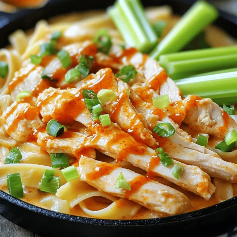 To make Buffalo Chicken Alfredo Pasta, you need the following items: - 8 oz fettuccine pasta - 2 boneless, skinless chicken breasts - 1/2 cup buffalo sauce (plus extra for drizzling) - 1 tablespoon olive oil - 1 cup heavy cream - 1/2 cup grated Parmesan cheese - 1 teaspoon garlic powder - 1/2 teaspoon onion powder - Salt and pepper to taste - Chopped green onions and celery sticks for garnish These ingredients create a rich and flavorful dish that showcases the best of buffalo and creamy Alfredo flavors. For the best results, I suggest using high-quality ingredients. Here are my top picks: - Fettuccine Pasta: Look for brands made from durum wheat for a firmer texture. - Buffalo Sauce: Try a well-known brand like Frank's RedHot for authentic flavor. - Heavy Cream: Choose a brand with no additives for a richer sauce. - Parmesan Cheese: Freshly grated cheese melts better than pre-grated options. These products enhance the taste and texture of your Buffalo Chicken Alfredo Pasta. You can adapt this recipe to fit your taste or diet. Here are some ideas: - Pasta Swap: Use penne or gluten-free pasta if you prefer. - Chicken Alternatives: Try shredded rotisserie chicken for quicker prep. - Cream Alternatives: Substitute heavy cream with half-and-half or a dairy-free cream for a lighter version. - Extra Veggies: Add broccoli or spinach for added nutrition and color. - Cheese Variations: Mix in mozzarella or gouda for a fun twist. These substitutions and add-ons keep the dish exciting while catering to your preferences. For the full recipe, check the section above! Start by boiling water in a large pot. Add salt to the water for flavor. Once the water boils, add the fettuccine pasta. Cook it according to the package instructions. You want it to be al dente, which means it should have a slight bite to it. After cooking, drain the pasta in a colander and set it aside. While the pasta cooks, grab your chicken breasts. Rub them with olive oil, garlic powder, onion powder, salt, and pepper. Make sure to coat them evenly. Heat a skillet over medium heat. Add the chicken breasts to the hot skillet. Cook them for about 7-8 minutes on each side. You want them golden brown and fully cooked. Once done, remove them and let them rest for a few minutes. Then, slice the chicken into bite-sized pieces. In the same skillet, lower the heat to low. Pour in the heavy cream while stirring continuously. Gradually add in the grated Parmesan cheese. Keep stirring until the cheese melts and the sauce becomes creamy and smooth. Next, pour in the buffalo sauce and mix well. This adds a great flavor to your sauce. Now, add the drained fettuccine to the skillet with the Alfredo sauce. Gently toss it to coat the pasta evenly. Then, fold in the sliced buffalo chicken. Allow everything to heat through for 1-2 minutes. This helps the flavors blend nicely together. Plate the Buffalo Chicken Alfredo Pasta in serving bowls. Drizzle some extra buffalo sauce on top for a spicy kick. Garnish with chopped green onions and celery sticks for a crunchy touch. You can serve it in a large skillet for a fun presentation or plate it individually. Enjoy your meal! For the full recipe, check out the details above. To get a creamy sauce, start with fresh heavy cream. Heat it slowly to avoid boiling. Stir in the Parmesan cheese gradually. This helps it melt smoothly and creates a rich texture. If the sauce is too thick, add a splash of pasta water to loosen it up. The starch in the water helps blend the sauce well. One common mistake is cooking the chicken on high heat. This can dry it out. Cook it on medium heat for better results. Another error is not seasoning the chicken enough. A little salt and pepper go a long way. Lastly, don’t rush the sauce. Allow it to simmer gently for the best flavor. To amp up the taste, try adding extra buffalo sauce for heat. You can also mix in some blue cheese or ranch dressing for creaminess. Fresh herbs like parsley or basil can add freshness. For a crunch, consider adding celery or carrots as a garnish. These small changes make a big impact on the dish. For the full recipe and more tips, check out the Full Recipe. {{image_2}} To kick up the heat, use extra buffalo sauce. You can also add diced jalapeños or red pepper flakes. This adds a nice spice that dances on your taste buds. Pair it with a cooling side, like a simple salad, to balance the heat. For a meatless option, swap the chicken for shredded cauliflower or tofu. These ingredients soak up the buffalo sauce well, giving you that same great flavor. You can also add sautéed bell peppers and onions for extra texture and taste. This version keeps the dish hearty and satisfying. Want a lighter dish? Use whole wheat or chickpea pasta for added fiber. You can replace the heavy cream with cashew cream or almond milk. This keeps it creamy while cutting down on calories. Reduce the amount of cheese or opt for a low-fat version to make it even healthier. These variations help you enjoy Buffalo Chicken Alfredo Pasta in new ways. Feel free to mix and match to find your perfect dish! For more ideas, check out the Full Recipe. After you enjoy your Buffalo Chicken Alfredo Pasta, store any leftovers in an airtight container. Make sure it cools first. This helps keep it fresh. Place it in the fridge. It will last for about three days. If you want to enjoy it later, consider freezing it. When you are ready to eat those tasty leftovers, use the stove or microwave. For the stove, place the pasta in a skillet over low heat. Add a splash of cream or water to help it warm evenly. Stir often until hot. In the microwave, use a microwave-safe dish. Heat in short bursts, stirring in between, until warm. If you want to freeze the pasta, let it cool completely. Then, pack it in a freezer-safe bag. Remove as much air as possible before sealing. This helps prevent freezer burn. It can stay in the freezer for up to three months. When you're ready to eat it, thaw it in the fridge overnight before reheating. For the best taste, I suggest using the pasta within one month. Enjoy your delicious meal again! For the full recipe, check out the details above. Buffalo Chicken Alfredo Pasta is a fun twist on classic Alfredo. It combines creamy Alfredo sauce with spicy buffalo chicken. You get rich flavors and a kick of heat in every bite. This dish is hearty and satisfying, making it perfect for any weeknight dinner. Yes, you can use any pasta you like. Penne or rotini work well too. Just remember to adjust cooking times based on the pasta you choose. The key is to cook it until it's al dente. This ensures it holds up well with the creamy sauce. To add more heat, try using extra buffalo sauce. You can also add diced jalapeños or sprinkle some crushed red pepper flakes. Mixing in a bit of hot sauce can kick up the spice level too. Adjust to your taste for the perfect spicy bite. Buffalo Chicken Alfredo Pasta goes well with simple sides. A fresh green salad balances the richness. You can also serve it with garlic bread or celery sticks for a crunchy contrast. These sides make the meal feel complete and satisfying. Yes, you can lighten up Buffalo Chicken Alfredo Pasta. Use whole wheat pasta for more fiber. Swap heavy cream for a lighter cream or milk. You can also use grilled chicken instead of fried. These changes make the dish healthier while keeping it tasty. Buffalo Chicken Alfredo Pasta mixes two popular flavors. Buffalo sauce comes from Buffalo, New York. Alfredo sauce has Italian roots. This dish is a modern fusion, bringing together comfort food from different cultures. It’s a great way to enjoy global flavors in one bowl. For the complete recipe, check out the [Full Recipe]. This blog details how to make Buffalo Chicken Alfredo Pasta. We reviewed the key ingredients, shared step-by-step cooking instructions, and offered helpful tips. I explored fun variations and gave storage advice too. For a creamy delight, use recommended products and avoid common pasta mistakes. Remember, cooking can be versatile. Feel free to create your unique version. Enjoy making this dish; it's sure to please everyone!