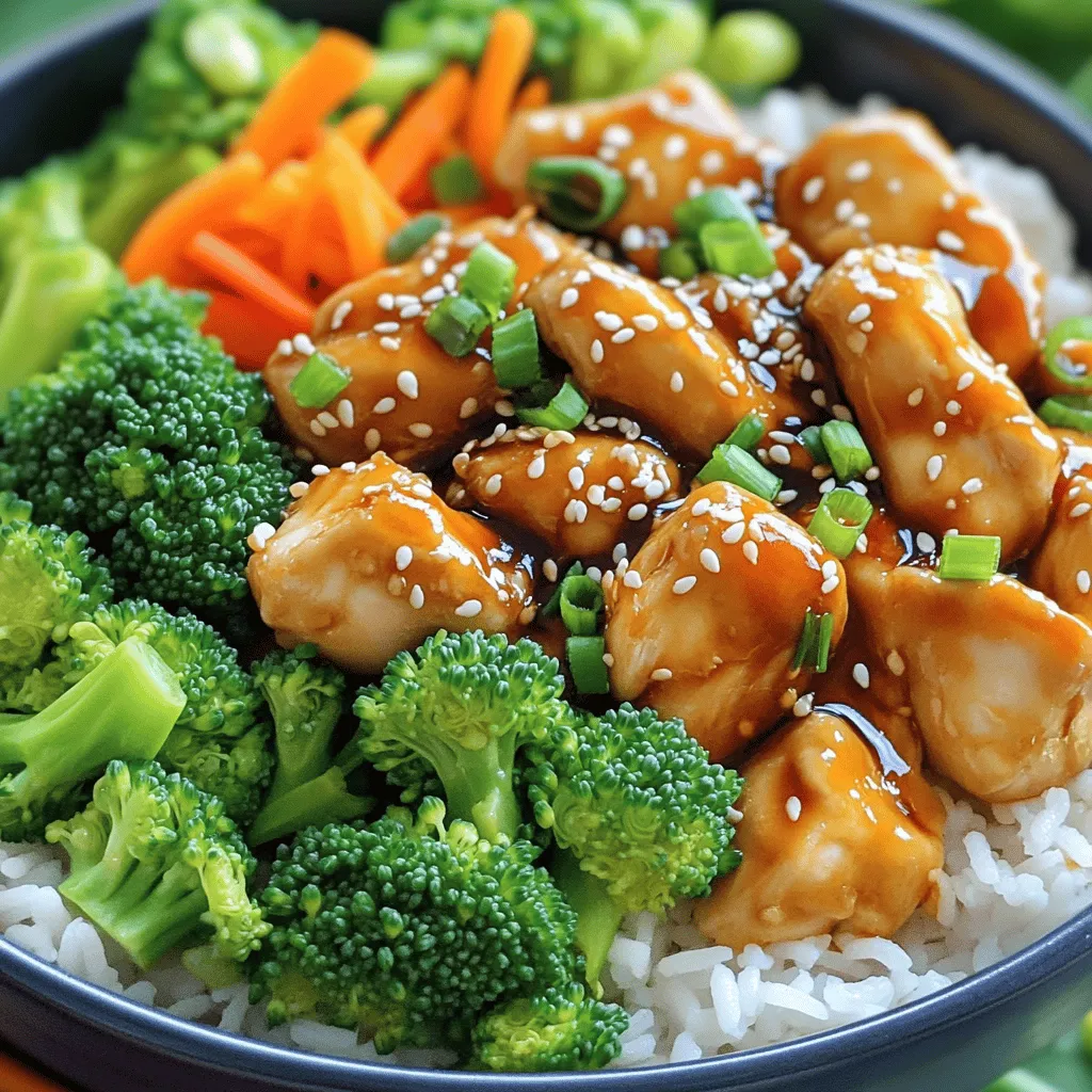 - Boneless, skinless chicken breasts - Fresh vegetables (broccoli, carrots, bell pepper) - Jasmine rice - Soy sauce - Honey - Apple cider vinegar - Sesame oil - Cornstarch - Water - Green onions - Sesame seeds To make teriyaki chicken bowls, you need a few key ingredients. Start with two boneless, skinless chicken breasts. These are easy to cut and cook quickly. Fresh vegetables like broccoli, carrots, and bell pepper add color and crunch. A cup of jasmine rice makes a great base for this dish. Next, you will need the teriyaki sauce. This sauce is simple yet flavorful. Mix soy sauce, honey, apple cider vinegar, and sesame oil. These ingredients create a sweet and savory flavor. You can also add some garnishes to make your dish shine. Cornstarch and water help thicken the sauce. Green onions and sesame seeds add a nice touch on top. They give extra flavor and make the dish look good. For the full recipe, follow the method to bring these ingredients together. Enjoy cooking! To make the teriyaki sauce, mix these in a small bowl: - 3 tablespoons soy sauce - 2 tablespoons honey - 1 tablespoon apple cider vinegar - 1 teaspoon sesame oil This mix gives you a sweet and salty flavor. Next, make a slurry with: - 1 tablespoon cornstarch - 2 tablespoons water Combine these in another bowl until smooth. This will help thicken your sauce. Heat a medium skillet over medium heat. Add: - 2 boneless, skinless chicken breasts, cut into bite-sized pieces Cook the chicken pieces for 5-7 minutes. They should be golden brown and fully cooked. Then, lower the heat. Pour in the teriyaki sauce and let it simmer for about 3 minutes. This step allows the chicken to soak up all that yummy flavor. While the chicken cooks, steam your veggies. Use: - 1 cup broccoli florets - 1 carrot, julienned - 1 bell pepper, sliced Steam these for 3-4 minutes until they are tender but still crisp. Now, it's time to assemble your bowl! Start with: - 1 cup cooked jasmine rice Top it with the teriyaki chicken and the steamed vegetables. For the final touch, sprinkle: - 2 green onions, finely chopped - Sesame seeds for garnish Now you have a tasty teriyaki chicken bowl. For the full recipe, check out the details above! To avoid dry chicken, cook it over medium heat. This helps keep it juicy. You want the chicken to reach an internal temperature of 165°F. Use a meat thermometer to check. You can adjust the sweetness or saltiness of the teriyaki sauce. If you like it sweeter, add more honey. For saltiness, add more soy sauce. Marinating the chicken in advance boosts the flavor. A few hours or overnight works best. Garnishing makes your dish pop. Use chopped green onions and sesame seeds for a nice touch. When assembling the bowl, start with jasmine rice at the bottom. Layer on the teriyaki chicken and top with colorful veggies. This adds visual appeal. For more tips, check the Full Recipe for ideas on perfecting your teriyaki chicken bowls. {{image_2}} You can easily switch chicken for other proteins. Tofu offers a great vegetarian option. It soaks up flavors well and adds a nice texture. Shrimp is another tasty choice. It cooks fast and tastes light. You can also use beef or pork for a heartier dish. Each protein brings a unique flavor that can change your meal. Feel free to mix in other vegetables too! Snow peas, zucchini, and snap peas can add crunch and color. You can also use seasonal veggies. For example, asparagus in spring or butternut squash in fall can make your bowl special and fresh. Rice is great, but you have options! Brown rice adds a nutty flavor and more fiber. Quinoa is another healthy choice. It cooks quickly and is high in protein. If you want to cut carbs, try cauliflower rice. It’s light and still fills you up, making your teriyaki chicken bowl delicious and nutritious. For the full preparation of this dish, check out the [Full Recipe]. To keep your teriyaki chicken bowls fresh, store leftovers in the fridge. Place the chicken, rice, and vegetables in separate containers. This helps maintain the texture and flavor. Use airtight containers to prevent unwanted smells. Label the containers with the date to track freshness. Leftovers are best eaten within three days. When reheating, aim to keep your dish moist. The microwave works well; cover the bowl with a damp paper towel. Heat in short intervals, stirring in between. This prevents the food from drying out. Always check that the chicken reaches at least 165°F for safety. If using a stovetop, heat on low, adding a splash of water to keep it juicy. You can freeze cooked chicken and vegetables for future meals. Allow them to cool completely before packing. Use freezer-safe bags or containers. Squeeze out as much air as possible to prevent freezer burn. When ready to eat, thaw in the fridge overnight. Reheat thoroughly before serving. This way, you can enjoy teriyaki chicken bowls anytime! For the complete recipe, check out the [Full Recipe]. To make teriyaki chicken bowls, start with a simple teriyaki sauce. Mix these ingredients in a bowl: - 3 tablespoons soy sauce - 2 tablespoons honey - 1 tablespoon apple cider vinegar - 1 teaspoon sesame oil This sauce is easy to make and adds great flavor. For the chicken, cut 2 boneless, skinless chicken breasts into bite-sized pieces. Cook the chicken in a skillet until it turns golden brown. This takes about 5-7 minutes. Then, pour the teriyaki sauce over the chicken. Let it simmer for about 3 minutes. This step helps the chicken soak up the flavor. To thicken the sauce, mix 1 tablespoon cornstarch with 2 tablespoons water. Add this slurry to the skillet. Stir until the sauce coats the chicken. For the veggies, steam broccoli florets, julienned carrots, and sliced bell pepper for 3-4 minutes. This keeps them crisp and colorful. Finally, assemble your bowl with cooked jasmine rice, teriyaki chicken, and the veggies. Garnish with chopped green onions and sesame seeds for a nice touch. For a full recipe, check out the Full Recipe. Yes, you can make teriyaki chicken bowls ahead of time. Prepare the chicken and sauce first. Cook the chicken and mix in the sauce. Allow it to cool, then store it in the fridge. Use an airtight container to keep it fresh. You can also prep the veggies in advance. Just wash and cut them. Store them in a separate container to stay crisp. When you're ready to eat, reheat the chicken and veggies in a skillet. You can add a splash of water or sauce to keep it moist. If you want to make a full meal prep, cook the rice and store it in the fridge too. Just reheat everything when you're ready to enjoy your meal. Teriyaki chicken bowls pair well with several side dishes. Here are some tasty options: - Steamed edamame - Cucumber salad - Pickled vegetables - Miso soup - Seaweed salad These sides add balance to your meal. They bring in fresh flavors and textures. You can also serve some fruit on the side, like sliced oranges or pineapple. This adds a sweet touch that complements the savory chicken. You learned how to create delicious teriyaki chicken bowls. We covered the main ingredients, step-by-step cooking, and helpful tips. You can personalize your dish with different proteins and veggies. Storing leftovers properly keeps your meal fresh. Whether you want a quick dinner or a fun meal prep idea, teriyaki bowls are a great choice. Try this recipe, and enjoy a tasty and healthy dish any day of the week!