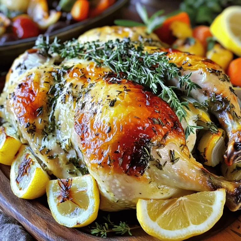 Here are the simple ingredients you need for garlic butter herb roasted chicken: - 1 whole chicken (about 4-5 lbs) - 1/2 cup unsalted butter, melted - 1 tablespoon fresh rosemary, chopped - 1 tablespoon fresh thyme, chopped - 1 tablespoon fresh parsley, chopped - 6 cloves garlic, minced - 1 lemon, halved - Salt and pepper to taste - 1 teaspoon paprika (for color) - 1 onion, quartered (for stuffing) - Extra herbs for garnish (optional) Each ingredient plays a key role in flavoring the chicken. The garlic and herbs infuse the meat with rich tastes. The butter adds moisture and helps create a lovely, crispy skin. Lemon adds brightness, while onion stuffed inside brings extra depth. This recipe is straightforward yet delivers big on flavor. For the full recipe, check out the detailed instructions. - Preheat your oven to 425°F (220°C). - In a bowl, mix melted butter with minced garlic, rosemary, thyme, and parsley. - Pat the chicken dry with paper towels to help the skin crisp. - Rub the herb butter mixture all over the chicken, even under the skin. - Stuff the chicken with lemon halves and quartered onion for added flavor. - Tie the chicken legs together with kitchen twine and tuck the wings in. - Place the chicken in a roasting pan and roast in the oven. - Baste the chicken with pan juices every 30 minutes for moisture. This method ensures a juicy chicken with a crispy skin that everyone will love. For the full recipe, check the details above. To get that perfect crispy skin, start by drying the chicken well. Moisture on the skin can lead to sogginess. Use paper towels to pat it completely dry. This step is key to a golden, crunchy finish. Basting the chicken makes a big difference. Every 30 minutes, spoon the pan juices over the chicken. This adds flavor and keeps the meat juicy. The butter and herbs will soak in, making each bite more delicious. Herbs are your friends in this dish. You can try adding fresh basil or dill for a different taste. Each herb will bring a unique flavor to your chicken. Experimenting can lead to new favorite combinations. If you're feeling adventurous, swap the lemon for orange or lime. Citrus adds a fresh twist. It brightens the dish and balances the richness of the butter. Presentation is important. Serve the chicken on a large platter. Sprinkle extra herbs and lemon wedges around it. This makes it look inviting and colorful. For side dishes, think about roasted vegetables or a crisp salad. These pair well with the rich flavors of the chicken. You want a meal that feels complete and satisfying. For more details, check the Full Recipe. {{image_2}} Using dried herbs works well, but fresh herbs shine brighter. Fresh rosemary, thyme, and parsley add a delightful taste. If you lack fresh herbs, use dried ones. The rule is to use one-third the amount. You can also switch up the herbs. Try sage for a warm flavor or oregano for a hint of the Mediterranean. You can cook your chicken in many ways. An electric roaster cooks it evenly. Set it to 375°F (190°C) and cook for about 1 hour and 30 minutes. An air fryer is quick and gives the skin a nice crunch. Cook at 360°F (182°C) for about 1 hour. If you prefer a slow cooker, season the chicken and cook on low for six to eight hours. This method makes the chicken very tender. To make this dish gluten-free, use gluten-free broth or stock for basting. This keeps the flavor rich without gluten. For low-sodium options, skip added salt. Use herbs and lemon juice to enhance taste. You can also find low-sodium butter to keep it heart-healthy. Enjoy the same great flavor without the extra salt. To store your leftover garlic butter herb roasted chicken, follow these steps: - Let the chicken cool down to room temperature. - Wrap it tightly in plastic wrap or foil. - Place it in an airtight container. - Store in the fridge for up to 3 days. If you need to keep it longer, freezing is a great option: - Cut the chicken into portions for easier thawing. - Use freezer bags, removing as much air as possible. - Label the bags with the date. - Frozen chicken can last for up to 4 months. When reheating, you want to keep the chicken moist. Here are some methods: - Use the oven at 350°F (175°C). - Place the chicken in a baking dish with a splash of broth. - Cover with foil to trap steam. - Heat for about 20-30 minutes, or until warm. You can also use the microwave: - Place chicken on a microwave-safe plate. - Cover with a damp paper towel. - Heat in short bursts, checking often to avoid drying out. For creative ways to use leftover chicken: - Shred it for tacos or salads. - Add it to soups for extra flavor. - Mix with pasta and a light sauce for a quick meal. This garlic butter herb roasted chicken is versatile and delicious, even as leftovers. For the full recipe, check out the earlier section! A whole chicken needs about 20 minutes per pound when roasting. For example, a 5-pound chicken will roast for about 1 hour and 40 minutes. Always check your chicken to ensure it cooks evenly. Yes, marinating is a great idea! It adds flavor and moisture. I suggest marinating for at least 1 hour, but overnight is best. Use the garlic butter herb mix to soak in all those tasty flavors. You can use dried herbs if you don’t have fresh ones. Use about one-third of the amount. For example, if a recipe calls for 1 tablespoon of fresh herbs, use 1 teaspoon of dried herbs. The chicken is done when it reaches an internal temperature of 165°F (75°C). Use a meat thermometer to check the thickest part of the thigh. The juices should run clear, not pink. Yes, you can make delicious gravy from the drippings. After roasting, pour the drippings into a pot. Add flour to make a roux, then whisk in chicken broth. Cook until thickened and enjoy! Roasting a whole chicken is simple and rewarding. We discussed key ingredients, including fresh herbs and garlic. I shared steps for prep, cooking, and serving. You can achieve crispy skin and explore various flavor tweaks. In closing, experiment with herbs and cooking methods to find your favorite. Enjoy the process and share the delicious results with others!