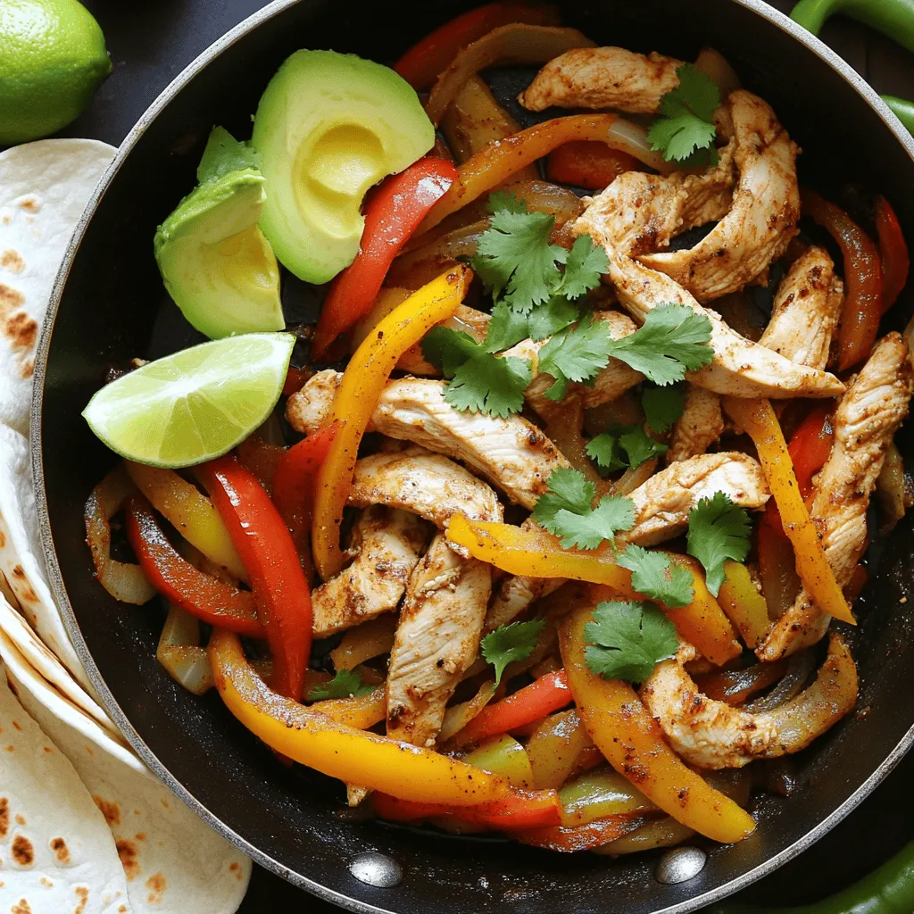 To make easy chicken fajitas, gather these core items: - 1 lb (450g) boneless, skinless chicken breasts, sliced into thin strips - 1 red bell pepper, sliced - 1 yellow bell pepper, sliced - 1 medium onion, sliced - 3 tablespoons olive oil - 2 tablespoons fajita seasoning (store-bought or homemade) - Salt and pepper to taste - Juice of 1 lime - 8 small flour or corn tortillas These ingredients create a tasty base for your fajitas. The chicken gives protein, while the peppers and onions add color and crunch. Want to pump up the taste? Add these extras: - Avocado slices - Fresh cilantro, chopped (for garnish) - Sour cream These ingredients enhance the taste and look of your dish. Avocado brings creaminess, while cilantro adds freshness. Sour cream provides a cool contrast to the warm fajitas. When you serve your chicken fajitas, consider these toppings and sides: - Shredded cheese - Salsa or pico de gallo - Lime wedges These options make your meal fun and interactive. Everyone can customize their fajitas to suit their tastes. For the full recipe, check out the detailed instructions to create this delicious dish! Start by gathering your ingredients. You need chicken, bell peppers, onion, and spices. Slice the chicken into thin strips. Next, slice the red and yellow bell peppers and the onion. Place everything in a large bowl. Drizzle olive oil over the mix. Add fajita seasoning, salt, and pepper. Toss all the ingredients well. This step ensures each piece gets coated in flavor. Heat a large skillet on medium-high heat. Once hot, add the chicken and vegetable mix in a single layer. Let it cook without stirring for about 5-7 minutes. This helps the chicken brown nicely. After that, stir the mix and cook for another 5 minutes. You want the chicken fully cooked and the veggies tender. Squeeze lime juice over the cooked fajitas and stir to combine. Warm the tortillas in a separate pan or microwave. This makes them soft and easy to fold. Serve the chicken fajitas hot on a platter. Garnish with fresh cilantro and avocado slices. You can also add a dollop of sour cream for creaminess. For more details, check the Full Recipe. Enjoy your tasty meal! To make great chicken fajitas, use fresh ingredients. Choose bright, colorful peppers. Slice the chicken into thin strips for quick cooking. Marinate the chicken for at least 30 minutes. This adds flavor and keeps it juicy. Cook your chicken and veggies in a hot skillet. This helps them brown well. Don’t overcrowd the pan; cook in batches if needed. Finish with a squeeze of lime for a fresh taste. One mistake is cutting the chicken too thick. Thick pieces take longer to cook. Another error is not letting the skillet get hot enough. If it’s not hot, your fajitas will steam instead of sear. Overcooking the vegetables is also common. You want them tender but still crisp. Finally, using too much seasoning can overpower the dish. Start with less and add more if needed. To make your fajitas healthier, use skinless chicken breast. You can also add more veggies like zucchini or mushrooms. Swap out the flour tortillas for corn tortillas for fewer carbs. Serve with avocado slices instead of sour cream. This adds healthy fats and flavor. Lastly, try making your own seasoning to control salt and sugar. These small changes keep your fajitas tasty and nutritious. For a complete guide to flavors, check the Full Recipe. {{image_2}} You can swap chicken for other proteins. Try beef, shrimp, or pork. Each option gives a new taste. For beef, use flank steak. Cut it thin for quick cooking. For shrimp, make sure they are fresh and peeled. Cook for just a few minutes. If you prefer pork, use tenderloin. It adds a juicy flavor to your fajitas. If you want a meatless meal, go for vegetarian fajitas. Use mushrooms, zucchini, or eggplant. These veggies add texture and taste. You can also use black beans or chickpeas for protein. Mix in some corn for sweetness. Remember to use the same spices to keep the flavor strong. Adjust the heat level with spices. For a mild flavor, skip the hot peppers. Use sweet paprika instead of chili powder. If you like heat, add cayenne pepper or jalapeños. You can also make your own seasoning blend. Mix cumin, garlic powder, and onion powder for a custom touch. This makes your fajitas even more special. For more details on making these delicious meals, check the Full Recipe. Store leftover chicken fajitas in an airtight container. Make sure they cool down first. This keeps the flavors fresh and prevents sogginess. You can keep them in the fridge for up to three days. If you have any veggies left, store them separately. This way, they stay crisp. To reheat, warm the chicken fajitas on the stovetop. Use a skillet over medium heat. Add a splash of water or oil to keep them moist. Stir occasionally until heated through. You can also use the microwave. Heat them in short bursts, about 30 seconds at a time. Stir in between to avoid hot spots. You can freeze chicken fajitas for later use. First, let them cool completely. Then place them in a freezer-safe bag or container. Make sure to remove as much air as possible. They can last up to three months in the freezer. When ready to eat, thaw them overnight in the fridge. Reheat as mentioned above for best results. For the full recipe, refer to the earlier section. You can serve chicken fajitas with many tasty sides. Some great options include: - Spanish rice - Refried beans - Guacamole - Salsa - A fresh salad - Corn on the cob These sides add flavor and nutrition. They also help balance the meal. You can mix and match your favorites. Yes, you can make chicken fajitas ahead of time. Prepare the chicken and veggies, then store them in the fridge. They will stay fresh for up to two days. When you're ready to eat, just heat them in a pan. This saves time on busy nights. You can easily change fajita seasoning. Start with a basic mix of chili powder, cumin, garlic powder, and onion powder. Then, add more spices based on your preference. You can include: - Paprika for a smoky flavor - Oregano for a herbal note - Cayenne pepper for heat Taste your mix as you go. This way, you create a flavor that fits your taste. For more tips, check the Full Recipe for ideas. Chicken fajitas are simple and tasty. You learned about key ingredients and great toppings. We covered step-by-step cooking and serving tips. I shared tricks for perfect fajitas and how to avoid mistakes. You also discovered ways to make them healthier and try new flavors. In the end, fajitas are fun and flexible. Use this guide to enjoy delicious meals with friends and family. Experiment with flavors and make them your own. Happy cooking!