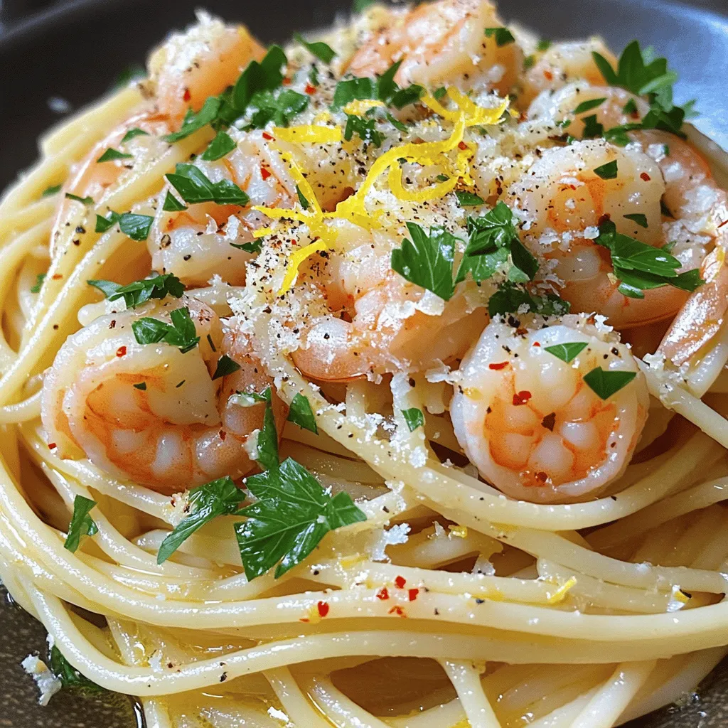 To make Lemon Spaghetti with Shrimp, you need these simple ingredients: - 8 oz spaghetti - 12 oz shrimp, peeled and deveined - 3 tablespoons olive oil - 3 cloves garlic, minced - Zest of 1 lemon - 1/4 cup fresh lemon juice - 1 teaspoon red pepper flakes (adjust to taste) - Salt and black pepper to taste - 1/4 cup fresh parsley, chopped - Grated Parmesan cheese for serving When picking shrimp, freshness matters. Here are some tips: - Look for a clean smell. Fresh shrimp should smell like the sea, not fishy. - Check the color. Fresh shrimp have a clear, shiny look. Avoid any that are dull or blackened. - Feel for firmness. Fresh shrimp should feel firm and bounce back when you touch them. - Buy from trusted sources. Local fish markets often have the best quality. You can adapt this dish for different diets. Here are some ideas: - For gluten-free diets: Use gluten-free pasta. - For a vegetarian option: Substitute shrimp with sautéed mushrooms or chickpeas. - To cut calories: Use less oil or skip the cheese. - For added nutrients: Toss in some fresh spinach or cherry tomatoes. This recipe is about keeping it simple and enjoyable. You can find the full recipe to guide you through each step! To make Lemon Spaghetti with Shrimp, start with the pasta. Boil salted water in a large pot. Add 8 oz of spaghetti and cook until al dente. This takes about 8-10 minutes. Drain the spaghetti, but keep 1/2 cup of the pasta water. Set the spaghetti aside. Next, heat 2 tablespoons of olive oil in a large skillet over medium heat. Add 12 oz of shrimp. Season with salt and black pepper. Cook for 2-3 minutes until the shrimp turn pink and opaque. Remove the shrimp from the skillet and set them aside. Now, in the same skillet, add 1 tablespoon of olive oil and 3 minced garlic cloves. Sauté for about 1 minute until the garlic smells good. This step adds a lot of flavor. Add the reserved pasta water, the zest of 1 lemon, 1/4 cup fresh lemon juice, and 1 teaspoon red pepper flakes to the skillet. Stir well. Bring it to a simmer. This creates a bright sauce. Toss the cooked spaghetti and shrimp back into the skillet. Mix everything together. Ensure the pasta is coated with the lemon sauce. Taste and add more salt and pepper if you want. Finally, remove the pan from heat. Stir in 1/4 cup of chopped fresh parsley. Serve the dish hot, garnished with grated Parmesan cheese. Enjoy your meal! Cooking shrimp correctly is key. Overcooking makes shrimp tough. Always cook until they are pink and opaque. This means they are done. Using the right amount of pasta water is also vital. The starchy water helps the sauce stick to the pasta. It adds creaminess to your dish without extra calories. When sautéing garlic, keep an eye on it. Garlic cooks fast and can burn easily. A burnt taste is not what we want. While this section does not include images, I suggest taking photos as you cook. Documenting your process can be fun. You can share these with friends or on social media. It helps others see how easy and delicious Lemon Spaghetti with Shrimp can be. For the complete recipe, check out the [Full Recipe]. To boost the taste, use fresh ingredients. Fresh lemon juice makes a big difference. Add lemon zest for a bright kick. A touch of red pepper flakes gives heat. If you like herbs, try adding basil or dill. They pair well with lemon and shrimp. For a richer taste, sprinkle some toasted pine nuts on top. Cooking shrimp can be tricky. One mistake is overcooking them. Shrimp cook fast, usually in just a few minutes. They should turn pink and opaque. If they curl tightly, you might have cooked them too long. Always season your shrimp before cooking. This adds flavor right from the start. To make Lemon Spaghetti with Shrimp, you need a few key tools. Start with a large pot for boiling the spaghetti. A skillet is great for sautéing the shrimp and making the sauce. Use a wooden spoon to stir the ingredients. A zester helps you get the lemon zest easily. Finally, a good measuring cup ensures you use the right amount of pasta water. For the full recipe, check out the details in the cooking section. {{image_2}} You can make Lemon Spaghetti with Shrimp even better by adding vegetables. Broccoli, spinach, or zucchini all work well. Simply chop the veggies into small pieces. Sauté them in the same skillet before adding the shrimp. This adds color and boosts the nutrition of your dish. You can also add cherry tomatoes for a burst of flavor. More veggies mean more vitamins and minerals for you! If you need a gluten-free option, swap regular spaghetti for gluten-free pasta. Many brands offer delicious gluten-free spaghetti made from rice or corn. Whole wheat pasta is another great choice. It has more fiber and nutrients than regular pasta. Both options work well with the lemon sauce and shrimp. Just follow the cooking times on the package to get it right. For a creamy twist, add some heavy cream or Greek yogurt to your dish. After cooking the garlic, stir in 1/2 cup of cream before adding the lemon juice. This creates a rich and velvety sauce. Greek yogurt can also add creaminess without as much fat. Just mix it in at the end for a tangy flavor. These variations make your Lemon Spaghetti with Shrimp even more delightful! Feel free to explore these ideas while trying the Full Recipe. After you enjoy your Lemon Spaghetti with Shrimp, store leftovers right away. Use an airtight container to keep them fresh. Make sure the dish cools down before sealing it. This helps avoid moisture build-up. Store it in the fridge for up to three days. If you want to keep it longer, consider freezing. When you are ready to eat the leftovers, reheat them gently. Use a skillet over low heat. Add a splash of water or olive oil to keep it moist. Stir often to warm it evenly. You can also use a microwave. Heat in short bursts, stirring in between. This will help prevent overcooking. Freezing Lemon Spaghetti with Shrimp is easy for meal prepping. First, let the dish cool completely. Then, divide it into single servings. Use freezer-safe containers or bags to save space. Mark the date on each bag. You can freeze it for up to three months. When you are ready to enjoy it, thaw in the fridge overnight before reheating. This method keeps the flavors bright and fresh. For the full recipe, refer to the earlier section. You can use scallops, chicken, or tofu instead of shrimp. Each option brings a unique taste. Scallops cook quickly and have a sweet flavor. Chicken adds heartiness and works well with lemon. Tofu is great for a plant-based choice and absorbs flavors well. To change the spice level, use more or less red pepper flakes. Start with a small amount to test the heat. You can also add fresh chili for a kick. If you want less heat, skip the red pepper flakes altogether. Yes, you can make this dish without cheese. It will still taste great! Try adding more herbs or a splash of extra lemon juice for flavor. Nutritional yeast can give a cheesy taste if you want a vegan option. Lemon Spaghetti is perfect for meal prep! It keeps well in the fridge for a few days. Just store it in an airtight container. Reheat gently to avoid overcooking the shrimp. This dish tastes great even after a day or two. For the full recipe, check out the detailed instructions above. In this blog post, we explored a tasty recipe for Lemon Spaghetti with Shrimp. We listed key ingredients, offered tips for choosing fresh shrimp, and suggested alternatives for various diets. You learned step-by-step instructions for cooking and techniques to avoid mistakes. We also shared ways to enhance flavor and discussed pasta variations. Remember, cooking is fun! Don't be afraid to experiment with flavors and ingredients. Enjoy your cooking adventure with this delicious dish!