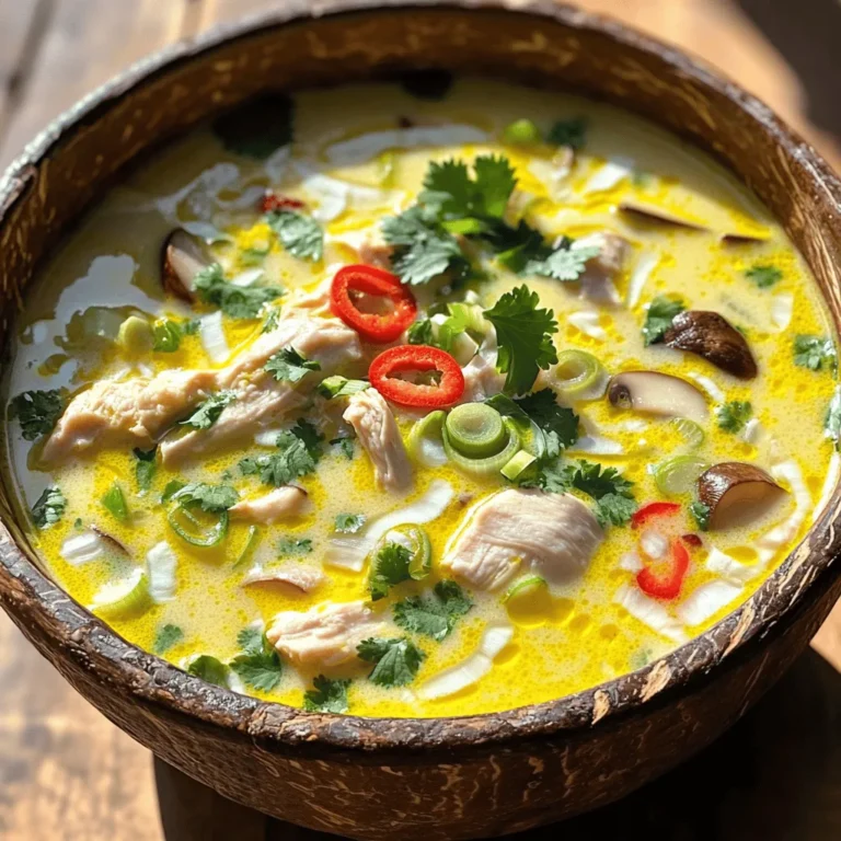 To make a delicious Thai coconut soup with chicken, you need the following ingredients: - 1 lb (450g) chicken breast, sliced thinly - 1 can (14 oz) coconut milk - 3 cups chicken broth - 1 stalk lemongrass, chopped (or 1 tablespoon lemongrass paste) - 2-3 kaffir lime leaves (torn into pieces) - 1 thumb-sized piece of ginger, sliced - 2 cloves garlic, minced - 1-2 red chilies, sliced (adjust to taste) - 1 cup mushrooms, sliced (shiitake or button) - 1 medium onion, chopped - 2 tablespoons fish sauce (or soy sauce for a vegetarian option) - 1 tablespoon lime juice - Fresh cilantro, chopped (for garnish) - Sliced green onions, for garnish - Salt and pepper to taste Each ingredient plays a key role in making the soup rich and flavorful. The chicken provides protein, while coconut milk adds creaminess. The lemongrass and kaffir lime leaves give a fresh, zesty flavor. Ginger and garlic add warmth and depth, while mushrooms enhance texture. A serving of this soup offers about 350 calories. Here’s a quick look at the macros per serving: - Protein: 25g - Fats: 20g - Carbs: 15g This balance makes it a hearty yet light meal. You can enjoy it guilt-free while getting essential nutrients. If you want to change things up, here are some substitutes: - Replace chicken with tofu for a vegetarian option. Tofu absorbs flavors well. - Shrimp can also be a tasty alternative. Just cook it until it turns pink. - Use lime leaves instead of lemon leaves for a different taste. - If you don’t have fish sauce, soy sauce can add umami. These substitutions keep the spirit of the dish while catering to different diets and tastes. Start by making a rich broth. In a large pot, mix chicken broth, chopped lemongrass, torn kaffir lime leaves, sliced ginger, and minced garlic. Bring this mix to a boil over medium heat. Boiling helps release all the great flavors from the herbs. After it boils, lower the heat. Let it simmer for about five minutes. This simmering step is key. It lets the flavors meld together nicely, creating a tasty base for your soup. Next, it’s time to add the chicken. Slice the chicken breast thinly. Add the chicken to the pot with the chopped onion. Cook for five to seven minutes. You want the chicken to be tender and fully cooked. The onions also add depth to the flavor as they soften in the broth. Now comes the fun part! Stir in the coconut milk and add the sliced chilies and mushrooms. Let everything simmer for another five minutes. This step makes the soup creamy and full of flavor. Finally, season your soup with fish sauce, lime juice, salt, and pepper. Adjust the seasonings to fit your taste. Remove the pot from heat and discard the lemongrass and ginger pieces. Ladle the soup into bowls and garnish with fresh cilantro and sliced green onions. For the full recipe, check the detailed instructions above. Enjoy your delicious Thai coconut soup with chicken! To get the most out of your Thai Coconut Soup, balance spice and acidity. Start with a small amount of chilies. You can always add more later if you want more heat. Use lime juice to bring a bright note to the soup. Fresh herbs like cilantro and green onions are key for a great finish. They add a pop of flavor and color. For the best results, use a heavy pot or a Dutch oven. These types of cookware provide even heat, which helps your soup cook well. Keep an eye on your cooking times. Cook the chicken just until it turns white. This keeps it juicy and tender. One common mistake is overcooking the chicken. This makes it dry and tough. Always check for doneness early. You also need to season your soup well. Taste as you go and add more salt or fish sauce if needed. Finding the right balance is essential for great flavor. For the full recipe, check out the [Full Recipe]. {{image_2}} You can easily make a vegetarian version of this soup. Simply swap the chicken for plant-based proteins like tofu or tempeh. Both options soak up flavors well and offer a nice texture. For flavor, use soy sauce instead of fish sauce. This keeps the taste rich and savory. You might also want to add a bit of miso paste for depth. If you love spicy food, try adding more chilies! Increase the amount of red chilies, or use different kinds like bird's eye chilies. You can also mix in some red pepper flakes or a splash of hot sauce. This will give your soup a fiery kick. Just remember to taste as you go. Adjust the heat to suit your liking. Change up the veggies based on the season. In autumn, add squash or sweet potatoes for a heartier feel. In winter, try kale or carrots for extra nutrients. Use what you have available. This flexibility keeps the dish fresh and exciting. Each season brings new flavors to explore in your soup. To store your soup, let it cool first. Place it in an airtight container. This keeps it fresh and safe. The soup stays good in the fridge for up to three days. Make sure to label your container with the date. This helps you keep track of freshness. You can freeze this soup for longer storage. Pour the cooled soup into freezer-safe bags. Remove as much air as possible. This prevents freezer burn and keeps the taste. It can last up to three months in the freezer. To thaw, move the soup to the fridge overnight. This keeps the flavors intact and ready to enjoy. When ready to eat, reheat the soup gently. The safest way is on the stove over low heat. Stir often to prevent sticking. Avoid high heat, as it can overcook the chicken. If the flavors seem dull, add a squeeze of lime juice. This brightens up the soup and refreshes the taste. Yes, you can make this soup ahead. To prepare in advance, follow these steps: - Cook the soup as per the Full Recipe. - Let it cool before storing. - Keep it in an airtight container in the fridge. - Reheat gently before serving. This method helps the flavors meld together for a tastier soup. Yes, this recipe can be made gluten-free. Here are some tips: - Use gluten-free fish sauce or soy sauce. - Ensure your chicken broth is labeled gluten-free. - Check all ingredient labels to avoid hidden gluten. These simple swaps make the dish safe for those with gluten intolerance. To enhance the richness of your soup, try these tips: - Add an extra can of coconut milk. - Stir in heavy cream just before serving. - Blend in a little cooked potato for a thicker texture. These changes create a velvety soup that is hard to resist. This soup pairs well with: - Steamed jasmine rice for soaking up flavors. - Fresh spring rolls for a crunchy contrast. - A light salad with lime dressing for freshness. These sides complement the soup and create a full meal. Yes, canned coconut milk works well. Here’s why: - It is convenient and shelf-stable. - It has a rich and creamy texture. - It saves time compared to fresh coconut. Canned coconut milk gives you great taste without the fuss. To keep lemongrass fresh, follow these tips: - Store it in the fridge wrapped in a damp paper towel. - Place it in a sealed bag for extra moisture. - Alternatively, freeze it for long-term storage. These methods help maintain its flavor for your next cooking adventure. This blog post covered all you need to know to make Thai Coconut Soup with Chicken. I provided ingredient details, cooking steps, smart tips, and useful variations. You can choose different proteins or adjust the spice level to your taste. In closing, this soup is versatile and flavorful. With these guidelines, you’ll create a dish that pleases everyone at your table. Enjoy cooking and experimenting with these ideas for a tasty meal!