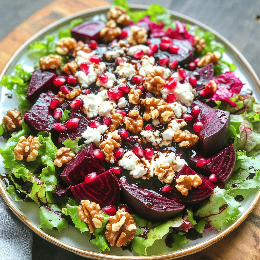 To make the Roasted Beet and Goat Cheese Salad, gather these fresh ingredients: - 4 medium-sized beets, scrubbed clean - 4 cups mixed greens (arugula, spinach, and baby kale) - 1/2 cup crumbled goat cheese - 1/4 cup walnuts, toasted - 1/4 cup pomegranate seeds - 2 tablespoons balsamic vinegar - 1 tablespoon olive oil - 1 teaspoon honey - Salt and pepper to taste When making this salad, you should choose roasted beets for the best flavor. Roasting brings out their natural sweetness. Fresh beets are crisp but lack the rich taste that roasting provides. Roasting also softens the texture, making them easy to enjoy. You can roast beets at home simply by wrapping them in foil and baking them. You can mix things up with different ingredients. Try adding: - Feta cheese instead of goat cheese for a sharper flavor. - Arugula or spinach alone for a different green base. - Pecans or almonds instead of walnuts for a nutty twist. - Apples or pears for added sweetness and crunch. Feel free to explore what you like best. Each variation can change the taste and feel of the salad. Enjoy creating your perfect Roasted Beet and Goat Cheese Salad! For the full recipe, check out the instructions above. To roast the beets, start by preheating your oven to 400°F (200°C). This step is crucial for even cooking. Next, scrub each beet clean under running water. After that, wrap each beet in aluminum foil. This method helps steam them while roasting. Place the wrapped beets on a baking sheet for easy handling. Roast them for about 45 to 60 minutes. You can check for doneness by piercing them with a fork. They should feel soft. When they are ready, let the beets cool slightly, then unwrap them. The skins should come off easily. Cut the beets into wedges or cubes for the salad. Making the dressing is quick and simple. In a small bowl, combine 2 tablespoons of balsamic vinegar, 1 tablespoon of olive oil, and 1 teaspoon of honey. Add salt and pepper to taste. Whisk these ingredients together until they blend well. This dressing adds a sweet and tangy flavor to the salad. You can adjust the seasoning based on your taste. If you like it sweeter, add more honey. If you prefer more tang, increase the vinegar. Now it's time to build your salad! In a large bowl, add 4 cups of mixed greens. Drizzle about 2/3 of the dressing over the greens. Gently toss them to coat. This step ensures every leaf gets some flavor. On a serving platter, lay down the dressed greens as the base. Next, arrange the roasted beets on top of the greens. Sprinkle 1/2 cup of crumbled goat cheese, 1/4 cup of toasted walnuts, and 1/4 cup of pomegranate seeds evenly over the salad. For extra flavor, drizzle the remaining dressing over the top. Serve it beautifully on a large platter to impress your guests. Enjoy your roasted beet and goat cheese salad! For the complete guide, refer to the Full Recipe. To roast beets, start by preheating your oven to 400°F (200°C). Scrub the beets well. Wrapping each beet in aluminum foil helps keep them moist. Place them on a baking sheet. Roast for 45-60 minutes. Check for tenderness with a fork; they should pierce easily. After roasting, let them cool slightly. The skins will peel off easily. Cut the beets into wedges or cubes for your salad. Perfectly roasted beets bring out their sweet flavor. If you have leftover salad, store it in an airtight container. This keeps it fresh longer. Avoid adding the dressing until you are ready to eat. Dressings can make greens soggy. Instead, keep the dressing in a separate container. Leftover salad can last in the fridge for 2-3 days. Always check for freshness before serving. If the greens look wilted, it's best to toss them. To enhance your salad, consider adding more ingredients. Fruits like sliced apples or pears add sweetness. Nuts like pecans can add crunch. You can also try adding avocado for creaminess. Fresh herbs like basil or mint can brighten the flavors. A sprinkle of citrus zest can add a fresh twist. Mixing these elements makes your salad even more delicious. For the full recipe, check out the Roasted Beet and Goat Cheese Salad section above. {{image_2}} If you want a vegan version, replace goat cheese with a plant-based option. Try using cashew cheese or a creamy avocado spread. Both add a rich flavor. Nutritional yeast also gives a cheesy taste without dairy. You can make your salad as tasty as the original. Feel free to mix in seasonal fruits and nuts. Apples or pears add sweetness and crunch. They pair nicely with the earthy beets. Dried cranberries or figs can replace pomegranate seeds for variety. For nuts, try pecans or almonds for a different texture. Each addition can change the flavor and make it unique. You can swap the mixed greens for other leafy options. Kale, romaine, or even shredded cabbage work well. Each green brings its own taste and texture. For a lighter option, use butter lettuce or arugula for a peppery kick. Experiment with what you love most to create your perfect salad. For the full recipe, check out the earlier section detailing the ingredients and instructions! Roasted beets are easy to store. After cooking, let them cool down. Wrap them in plastic wrap or place them in an airtight container. They will last in the fridge for about 3 to 5 days. If you want to keep them longer, consider freezing them. Cut the beets into slices or cubes before freezing. This way, they will be easy to use later. When ready, just thaw them in the fridge overnight. To keep your salad fresh, store it in the fridge. If you plan to eat it later, keep the dressing separate. This will prevent the greens from getting soggy. Use a sealed container to maintain freshness. The salad stays good for 1 to 2 days in the fridge. However, the texture may change after a day. Always check for any off-smells or discoloration before eating. Meal prepping this salad is a great idea. You can roast the beets ahead of time. Store them as mentioned above. Wash and dry your greens, then keep them in a separate container. Mix the dressing in a small jar. This way, you can assemble your salad quickly. Just combine everything when you are ready to eat. This keeps your ingredients fresh and tasty. For a complete recipe, check the Full Recipe section. Roasted beets stay fresh in the fridge for about 3 to 5 days. Make sure to store them in an airtight container. This keeps them safe from air and moisture. Their flavor and texture stay nice for a few days. You can enjoy them in salads, sandwiches, or as snacks. Yes, you can use canned beets if you want. They save time and are easy to find. However, fresh roasted beets taste better and have a nice texture. If you choose canned, rinse them well. This helps remove extra salt and keeps your salad fresh. A simple balsamic dressing works well with this salad. It adds a nice tangy flavor. You can also try a honey mustard dressing for a sweeter touch. A citrus vinaigrette gives a fresh taste too. When you mix dressings, keep it light. You want the beets and goat cheese flavors to shine through. For the full recipe of this delightful dish, check out the [Full Recipe]. In this blog post, we explored how to make a delicious beet salad. We discussed key ingredients, including fresh and roasted beets, and shared great tips for preparation and storage. You learned how to roast beets perfectly and layer your salad for the best taste. Finally, we covered fun variations, like vegan options and seasonal additions. Using these tips, you can create a tasty salad that everyone will enjoy. Happy cooking!