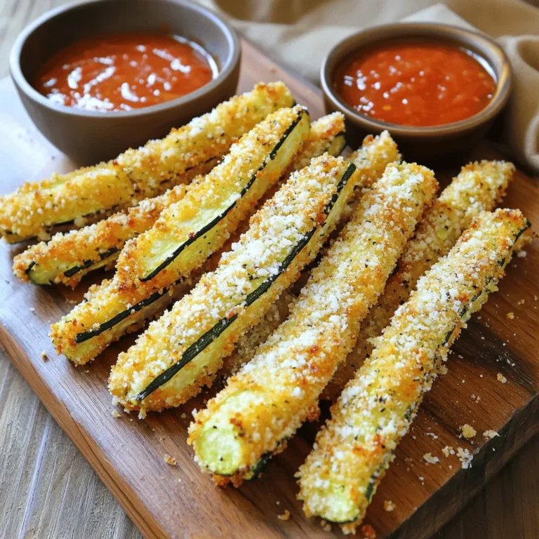- 2 medium zucchinis - 1 cup breadcrumbs (panko for extra crunch) - ½ cup grated parmesan cheese - 1 teaspoon garlic powder - 1 teaspoon onion powder - ½ teaspoon paprika - ½ teaspoon salt - ½ teaspoon black pepper - 2 large eggs - ¼ cup all-purpose flour - Cooking spray or olive oil for drizzling For breadcrumbs, I suggest using Panko. It gives a nice crunch. If you need gluten-free, try almond flour or gluten-free breadcrumbs. For parmesan, brands like Kraft or BelGioioso work well. You can also use nutritional yeast for a vegan option. If you don’t have garlic powder, fresh garlic is a great swap. Just finely mince a clove and add it to the breadcrumb mix. Each serving contains about: - Calories: 150 - Protein: 6g - Carbohydrates: 15g - Fat: 8g - Fiber: 2g - Sugar: 2g These fries are a tasty snack with a nice balance of nutrients. Plus, they are low in calories. Enjoy them guilt-free! For the full recipe, check the earlier section. First, you need to preheat your oven to 425°F (220°C). This step is key to making your zucchini fries crispy. While the oven heats, line a baking sheet with parchment paper. This helps prevent sticking and makes cleanup easy. Next, wash your zucchinis and trim off the ends. Cut each zucchini into fry-shaped sticks, about 1/2 inch thick. Try to keep the pieces even in size for cooking. This ensures all fries cook evenly. Now, let’s set up the breading station. Grab three shallow dishes. Place the flour in one dish. In the second dish, beat the eggs. In the last dish, mix breadcrumbs, Parmesan cheese, garlic powder, onion powder, paprika, salt, and black pepper. This mixture gives your fries a tasty crunch. Follow the Full Recipe for detailed instructions. To get your zucchini fries super crispy, follow a few key steps. First, use panko breadcrumbs. They add a great crunch. Next, make sure to coat your fries evenly. A good coating helps them crisp up nicely. Also, don’t skip the cooking spray. It helps create a golden crust. Finally, flip the fries halfway through baking for even crispiness. Baked zucchini fries taste amazing on their own. But you can serve them with tasty dips. Try marinara sauce, ranch dressing, or spicy aioli. These add flavor and fun. You can also pair them with a fresh salad or some grilled chicken. This makes for a great meal or snack. Many people make mistakes when making zucchini fries. One common mistake is cutting the zucchini too thick. Fry-shaped sticks should be about half an inch thick. If they are too thick, they won’t cook well. Another mistake is overcrowding the baking sheet. If the fries are too close, they will steam instead of bake. Lastly, make sure to preheat the oven fully. A hot oven helps achieve that perfect crisp. {{image_2}} You can easily add different flavors to your baked zucchini fries. Try these ideas: - Italian herbs: Add oregano or basil to the breadcrumb mix for an Italian twist. - Spicy kick: Mix in some cayenne pepper or chili powder for heat. - Cheesy goodness: Use different cheeses, like cheddar or mozzarella, for a unique taste. - Smoky flavor: Add smoked paprika for a rich, smoky flavor that enhances the fries. These simple changes can make your dish more exciting. You can mix and match to find your favorite flavors. If you need gluten-free or vegan options, I have some great ideas: - Gluten-free crumbs: Use almond flour or gluten-free breadcrumbs instead of regular ones. - Flour alternatives: For gluten-free, try using rice flour or chickpea flour. - Vegan egg replacement: Use a flax egg or a mixture of water and cornstarch in place of eggs. These swaps allow everyone to enjoy baked zucchini fries while meeting their dietary needs. Dips make baked zucchini fries more fun and tasty. Here are some dip ideas: - Classic ranch: A creamy ranch dip is a favorite for many. - Spicy sriracha mayo: Mix mayonnaise with sriracha for a spicy kick. - Garlic aioli: A garlic aioli adds a rich, flavorful touch. - Marinara sauce: Serve with warm marinara for an Italian flair. These dips not only add flavor but also make your snack more enjoyable. Try different combinations to find what you love best. Check out the Full Recipe for the base fries before experimenting with these variations! To store leftover baked zucchini fries, first let them cool. Place them in an airtight container. You can keep them in the fridge for up to three days. This way, they stay fresh and tasty. I recommend placing a paper towel in the container. It helps absorb any extra moisture. When you reheat your zucchini fries, use an oven or an air fryer. Avoid using the microwave, as it can make them soggy. Preheat the oven to 400°F (200°C). Spread the fries on a baking sheet in a single layer. Bake for about 10 minutes, flipping halfway through. This will help them regain their crispiness. You can freeze baked zucchini fries for later. After cooking, let them cool completely. Arrange the fries in a single layer on a baking sheet. Freeze them for about two hours. Once they are frozen, transfer them to a freezer-safe bag. Label the bag with the date. They can stay in the freezer for up to three months. When you're ready to eat them, just reheat directly from frozen. Enjoy your delicious snack anytime! Yes, you can prepare the zucchini fries in advance. You can cut the zucchinis and coat them with the breading. Then, store them in the fridge for a few hours. This way, they stay fresh. Just bake them when you're ready. It saves time and helps you enjoy a quick snack. If you need a substitute for parmesan cheese, try nutritional yeast. It has a cheesy flavor and is vegan. You can also use pecorino cheese if you want a stronger taste. Grated cheddar cheese works too, but it will change the flavor a bit. You can tell the zucchini fries are done when they turn golden brown. Check for crispiness; they should feel firm and not soggy. If you flip them halfway through baking, this helps them cook evenly. Enjoy them hot for the best taste! For the full recipe, check out the detailed steps above! Baked zucchini fries are simple and fun to make. We covered ingredients, cooking steps, and tips. You learned ways to boost flavor and avoid common mistakes. Storing and reheating will keep them crisp, too. Try different dips and seasonings to make them your own. With these details, you can enjoy healthy snacks anytime. Happy cooking!