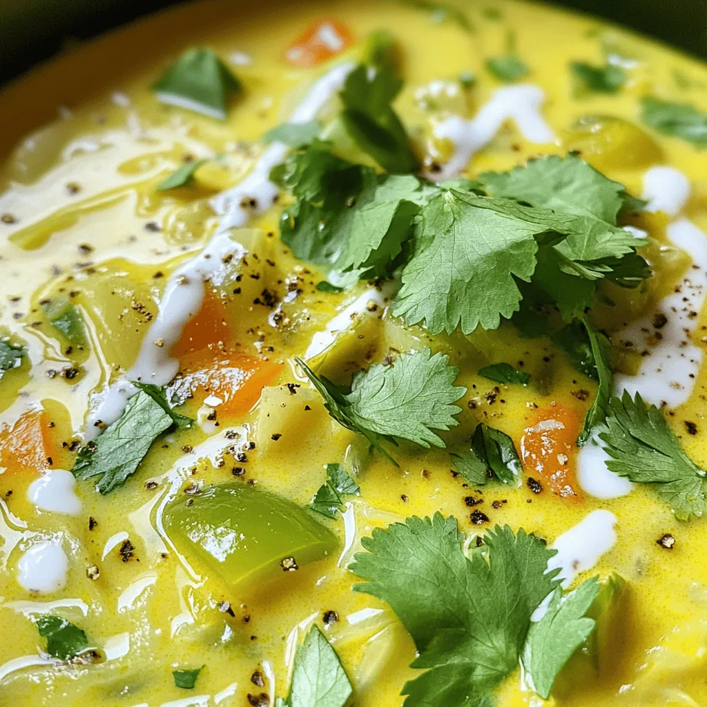 - 1 small head of green cabbage, chopped - 1 medium onion, diced - 3 cloves garlic, minced - 2 carrots, diced - 1 bell pepper (red or yellow), diced - 1 tablespoon fresh ginger, grated - 1 teaspoon ground turmeric (or 1 tablespoon fresh turmeric, grated) - 1 teaspoon ground cumin - 1 teaspoon smoked paprika - 4 cups vegetable broth - 1 cup coconut milk (canned for richness) - 2 tablespoons olive oil - Salt and pepper to taste - Fresh cilantro for garnish (optional) This soup packs a powerful punch of health benefits. Each ingredient plays a unique role: - Cabbage is rich in vitamins K and C. It helps with digestion and fights inflammation. - Onion adds flavor and boosts your immune system. It contains antioxidants. - Garlic supports heart health and has anti-inflammatory properties. - Carrots are high in beta-carotene, which can improve vision and skin health. - Bell Peppers are loaded with vitamin C and fiber. They enhance skin health. - Ginger helps with nausea and has strong anti-inflammatory effects. - Turmeric contains curcumin, known for its great anti-inflammatory powers. - Cumin aids digestion and may support weight loss. - Smoked Paprika gives a rich flavor and helps fight inflammation. - Vegetable Broth is hydrating and full of nutrients. - Coconut Milk adds creaminess and healthy fats for energy. - Olive Oil is a heart-healthy fat that enhances flavor. - Salt and Pepper are simple seasonings that bring out the flavor. - Cilantro adds freshness and may help detoxify heavy metals. You can easily adapt this soup to fit your needs: - For a low-carb option, skip the carrots and use zucchini instead. - If you need it dairy-free, stick with coconut milk. - Use vegetable broth for a vegan option or chicken broth for meat lovers. - Swap olive oil with avocado oil for a different taste. - If you dislike cabbage, try kale or spinach as a substitute. For the full recipe, check out the detailed instructions! To start, gather all your ingredients. This makes cooking smooth and easy. Chop the cabbage into bite-sized pieces. Dice the onion, carrots, and bell pepper. Mince the garlic and grate the ginger. These steps help you keep your soup flavorful and fresh. In a large pot, add the olive oil and heat it over medium heat. Once warm, toss in the diced onion. Sauté for about five minutes until the onion looks clear. Then, add the minced garlic and grated ginger. Stir these in for three more minutes. The warm scents will fill your kitchen. Next, add the chopped cabbage and diced bell pepper. Stir everything together, cooking for another five to seven minutes. You want the cabbage to soften a bit. Now, it's time to add the spices. Sprinkle in the ground turmeric, cumin, and smoked paprika. Mix well, letting the spices coat the veggies. Pour in the vegetable broth and bring the soup to a gentle boil. Once it’s bubbling, reduce the heat and let it simmer for 15 minutes. This step allows the flavors to blend beautifully. After that, stir in the creamy coconut milk, simmering for another five minutes. Taste the soup, then add salt and pepper as you like. Finally, ladle the soup into bowls. If you want, garnish with fresh cilantro for a bright touch. Enjoy warm! For the full recipe, refer to the earlier section. To boost the flavor, use fresh spices. Fresh turmeric and ginger give a vibrant taste. You can also add a splash of lemon juice before serving. This brightens the soup and adds a refreshing kick. Experiment with herbs like thyme or parsley for extra depth. A sprinkle of chili flakes can add warmth, too. A large pot is your best friend for this soup. It helps cook everything evenly. You will also need a sturdy cutting board and a sharp knife for prep. A wooden spoon works great for stirring. For a smooth finish, consider using an immersion blender. This tool makes it easy to blend without transferring the soup. One mistake is not sautéing the onions long enough. They should be soft and sweet before adding other veggies. Another error is skipping the spices. They add depth, so don’t rush this step. Lastly, don’t forget to taste while cooking. Adjust salt, pepper, and spices as you go. This ensures a well-rounded flavor in your soup. {{image_2}} You can easily boost the protein in your turmeric cabbage soup. Try adding cooked chicken, turkey, or tofu. If you want plant-based protein, chickpeas or lentils work well. They add great texture and nutrition. Just add them in when you mix in the liquids. This makes a heartier meal. This soup is great for both vegetarians and vegans. To keep it vegetarian, use regular broth and add cheese if you like. For a vegan version, stick to vegetable broth. Add coconut milk for creaminess. This keeps your soup rich and tasty without dairy. You can enjoy it in many ways! Spices can change the soup's taste. You can try adding a pinch of cayenne for heat or a sprinkle of coriander for a fresh twist. Adding a bit of lime juice can brighten the flavors. Experiment with spices you enjoy. Making your soup unique is part of the fun! For the full recipe, check out the detailed steps above. After you enjoy your soup, let it cool down first. This helps keep it fresh. Store the soup in airtight containers. Glass or plastic works well. Label the containers with the date. This way, you can track freshness easily. Keep it in the fridge for up to five days. When you're ready to eat again, reheat the soup gently. You can use a pot on the stove or the microwave. If using the stove, warm it over medium heat. Stir it often to avoid burning. If using the microwave, heat it in short bursts. Stir in between to ensure it heats evenly. To freeze the soup, use freezer-safe containers. Leave some space at the top, as the soup will expand. It can last up to three months in the freezer. When you're ready to eat, thaw it overnight in the fridge. Then, reheat as you usually would. Enjoy the flavors again with each spoonful! For the complete cooking process, check out the Full Recipe. Turmeric has many health benefits. It fights inflammation and helps with joint pain. It also boosts your immune system and improves digestion. Cabbage is full of vitamins. It helps with weight loss and supports heart health. Together, they make a powerful team for your body. Yes, you can! To make this soup in a slow cooker, follow these steps: - Sauté the onion, garlic, and ginger in a pan. - Add the sautéed mix to your slow cooker. - Toss in the remaining vegetables and spices. - Pour in the vegetable broth and coconut milk. - Cook on low for 6-8 hours or high for 3-4 hours. This method gives the soup a rich flavor as it slowly cooks. This soup can last about 4-5 days in the fridge. Store it in an airtight container to keep it fresh. Always reheat it until it is hot before serving again. Yes, this soup is gluten-free! All the ingredients, like vegetables and spices, do not contain gluten. Always check labels on broth and coconut milk to ensure they are gluten-free. Each serving of this soup has great nutrition. Here is a rough estimate per serving: - Calories: 150 - Protein: 3g - Fat: 8g - Carbohydrates: 18g - Fiber: 4g - Sugar: 3g This soup is low in calories and high in fiber, making it a healthy choice! This blog post covered the key ingredients and health benefits of Anti-Inflammatory Turmeric Cabbage Soup. You learned how to prepare and cook the soup with simple steps. We explored tips to enhance flavor and avoid common mistakes. Variations allow you to customize the soup to your taste and dietary needs. Lastly, I shared storage tips to keep your soup fresh. Incorporating this nutritious soup into your diet can boost your health. Enjoy making your own version and feel the difference it brings!