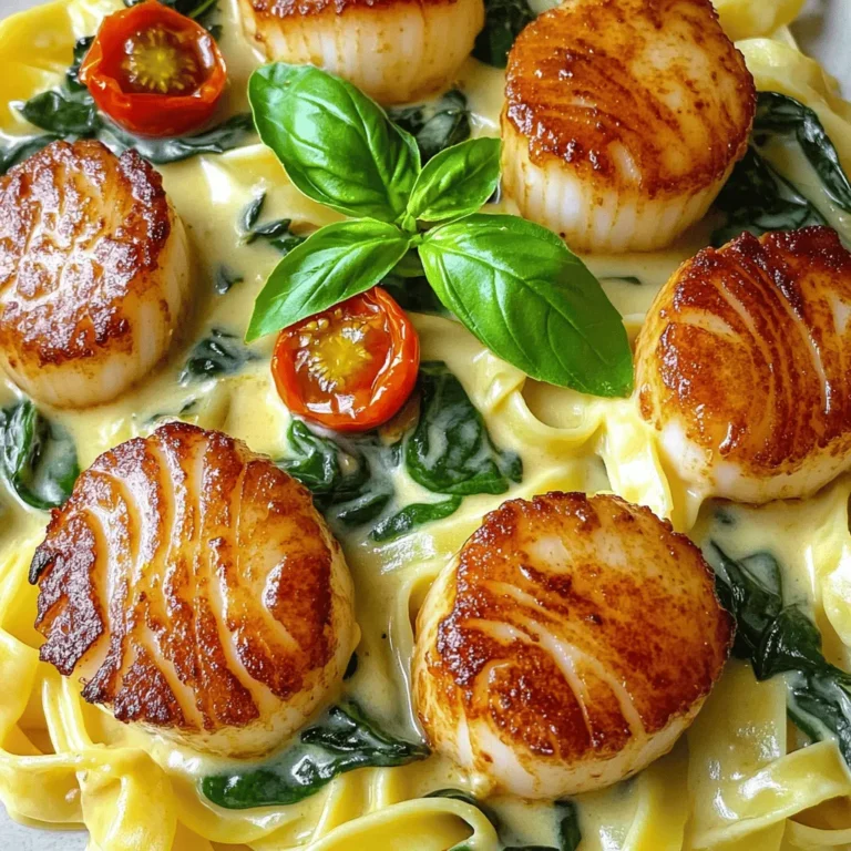 Scallops are the star of this dish. They have a sweet, delicate flavor that pairs well with creamy sauces. When cooked right, they become juicy and tender. Heavy cream makes the sauce rich and smooth. It adds a nice texture that coats the scallops perfectly. Garlic gives the dish a strong, savory taste. Sun-dried tomatoes bring a touch of sweetness and a burst of color. - 1 lb large scallops, patted dry - 2 tablespoons olive oil - 2 tablespoons unsalted butter - 3 cloves garlic, minced - 2 cups fresh spinach - 1 cup cherry tomatoes, halved - 1 cup heavy cream - 1/2 cup grated Parmesan cheese - 1 teaspoon Italian seasoning - Salt and pepper, to taste - Fresh basil leaves, for garnish Use fresh scallops for the best flavor. Look for firm, moist ones with a sweet smell. For the cream, choose a high-fat version for a luxurious sauce. If you have dietary needs, you can swap the heavy cream with coconut cream or use vegetable broth to keep it lighter. To clean scallops, rinse them under cold water. Remove the tough side muscle, if needed. Make sure they are dry before cooking. For cherry tomatoes, pick ones that are bright and slightly soft. This means they are ripe and full of flavor. Always use fresh herbs like basil for the best taste. Dried herbs can work, but fresh herbs give a brighter flavor. To cook scallops well, start by heating olive oil in a large skillet over medium-high heat. Once the oil is hot, add the scallops carefully. Make sure not to crowd the pan. Sear the scallops for about 2-3 minutes on one side until they turn golden brown. After that, flip the scallops. Add the unsalted butter to the skillet. Cook for another 2-3 minutes, or until the scallops are opaque and feel firm. A perfectly cooked scallop has a slight bounce when you touch it. If you have many scallops, cook them in batches. This helps give each scallop enough space to sear well. Next, let’s make the creamy sauce. Start by lowering the heat and adding minced garlic to the same skillet. Sauté it for about 30 seconds until it smells nice. Then, toss in the halved cherry tomatoes and cook them for 3-4 minutes until they soften. After that, add fresh spinach and cook until it wilts. Now, pour in heavy cream. Be sure to scrape the skillet's bottom to release any flavorful bits. Stir in grated Parmesan cheese and Italian seasoning. Mix until the cheese melts and the sauce thickens. This will create a rich and tasty sauce. Don’t forget to season with salt and pepper to taste. Now it’s time to combine the scallops with the sauce. Gently place the cooked scallops back into the skillet. Coat them well with the creamy sauce. Heat everything together for about a minute. To serve, place the creamy Tuscan scallops over fettuccine or risotto. Spoon extra sauce on top to make it look nice. Garnish with fresh basil leaves for a pop of color. This presentation makes the dish even more appealing. Enjoy your delicious meal! To make your creamy Tuscan scallops shine, focus on seasoning. I recommend adding salt and pepper right before cooking. This step enhances their natural sweetness. For a bright twist, squeeze some lemon juice into your sauce. It adds a fresh note that balances the creaminess. Pair your dish with a crisp white wine, like Sauvignon Blanc. This wine complements the scallops well. If you prefer something non-alcoholic, try sparkling water with a splash of citrus. As for side dishes, serve the scallops over fettuccine or with a light salad. These options help to soak up the rich sauce. One common mistake is overcooking the scallops. This can make them tough and chewy. Cook for just 2-3 minutes on each side. They should be opaque and firm but not rubbery. Watch the sauce closely too. If it becomes too thick, add a splash of cream or broth. This will help achieve a smooth consistency. Taste your sauce as you go. Adding too much salt or cheese can lead to an unbalanced flavor. Always adjust the seasoning to your liking. For a beautiful presentation, serve your creamy Tuscan scallops on a bed of cooked fettuccine. Spoon extra sauce over the scallops for a luxurious look. You can also garnish with fresh basil leaves. This adds color and a nice herbal note. If you're hosting a special occasion, consider serving scallops as an appetizer. They look elegant and taste divine. Pair them with crusty bread for guests to enjoy with the sauce. Whether it's a weeknight dinner or a fancy gathering, these tips will make your dish shine. {{image_2}} If you want to make this dish gluten-free, use gluten-free pasta or serve it with rice. Check labels on sauces and broth to ensure they are gluten-free. For a vegan option, swap scallops with marinated tofu or mushrooms. Use coconut cream instead of heavy cream to keep it rich and creamy. For keto lovers, skip the pasta and serve the dish with zucchini noodles or cauliflower rice. This keeps it low-carb while still delicious. You can change up the taste of creamy Tuscan scallops by adding fresh herbs. Try basil, dill, or even cilantro for a twist. Seasonal vegetables like asparagus or bell peppers can also add color and flavor to the dish. For spice lovers, sprinkle in red pepper flakes or a dash of hot sauce to give it a kick. You’ll enjoy how these little changes can make a big difference. Let’s explore flavors from around the world! For an Asian twist, add soy sauce and ginger to the sauce. You could also toss in some snap peas for crunch. If you want a Mediterranean vibe, mix in olives or feta cheese. These ingredients bring a whole new taste to creamy Tuscan scallops. Don't be afraid to get creative and make this dish your own! To keep your creamy Tuscan scallops fresh, refrigerate them right away. Place the scallops in an airtight container. This helps to seal in their flavor and moisture. If stored properly, they will stay good for about 2-3 days. Always check for any off smells or changes in texture before consuming leftovers. When reheating creamy scallops, you want to keep them tender. The best method is to use the stovetop. Warm them gently in a skillet over low heat. Stir often to prevent sticking. You can also use the microwave, but be careful. Heat in short bursts and stir in between. To refresh the dish, add a splash of cream or broth. This helps regain some of the original creaminess. I do not recommend freezing creamy Tuscan scallops. The sauce can separate, and the scallops may become rubbery. If you must freeze them, make sure to do so in an airtight container. When you're ready to eat, thaw them in the fridge overnight. Reheat gently on the stovetop for the best taste. What type of scallops are best for this recipe? I recommend using large sea scallops. They are sweet and have a nice texture. Avoid small bay scallops, as they can overcook quickly. Can I make this dish ahead of time? Yes, you can prep the sauce ahead. Cook the scallops fresh right before serving. This keeps them tender. How can I tell if my scallops are fresh? Fresh scallops should smell like the ocean, not fishy. They should be firm and slightly moist. Look for a creamy, pearly color. Is this recipe suitable for gluten-free diets? Yes, the recipe is naturally gluten-free. Just ensure any added ingredients are also gluten-free. How can I make it lighter in calories? You can use half-and-half instead of heavy cream. This will reduce the fat but still keep the creaminess. Are there low-FODMAP variations available? Yes, use garlic-infused oil instead of garlic cloves. This keeps the flavor without adding FODMAPs. What is the secret to perfect scallops? The key is to sear them at high heat. This gives a golden crust while keeping them tender inside. How can I enhance the creamy sauce further? Add a splash of white wine for acidity. You can also stir in some lemon juice for brightness. Can I substitute different proteins in this recipe? Definitely! Shrimp or chicken work well. Adjust cooking times to ensure everything is cooked through. In this article, we explored the key ingredients for creamy Tuscan scallops, highlighting scallops, heavy cream, garlic, and sun-dried tomatoes. You learned how to prepare these ingredients, cook scallops perfectly, and make a rich sauce. We covered tips to avoid common mistakes and offered various adaptations to suit different diets. Whether you serve this dish for yourself or guests, the flavors will impress everyone. Enjoy experimenting with variations and feel confident in your cooking. Your delicious meal awaits!