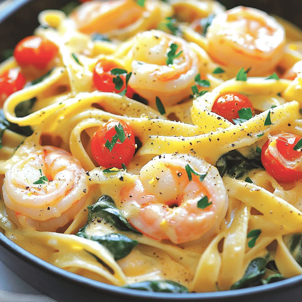 - Fettuccine Pasta: Use 8 oz of fettuccine. This pasta holds the sauce well. - Shrimp: Choose 1 lb of large shrimp, peeled and deveined. Fresh shrimp adds great flavor. - Olive Oil: You need 3 tablespoons to sauté the shrimp and garlic. - Garlic: Use 4 cloves of minced garlic for a rich taste. - Red Pepper Flakes: One teaspoon adds a nice kick. Adjust it for your spice level. - Cherry Tomatoes: Cut 1 cup in half. They add sweetness and color. - Heavy Cream: Use 1 cup to create a creamy sauce. - Parmesan Cheese: One cup grated for rich flavor and thickness. - Salt and Pepper: Use to taste for seasoning. - Fresh Spinach: Two cups add nutrition and color. - Lemon Zest: From one lemon, this adds brightness to the dish. - Fresh Parsley: Two tablespoons chopped for garnish. - Large Pot: You need this to boil the pasta. It should hold enough water. - Large Skillet: A good non-stick skillet is best for cooking the shrimp and sauce. It helps with easy stirring. - Measuring Cups and Spoons: These help you get the right amounts. - Cutting Board and Knife: Use these for chopping garlic, tomatoes, and parsley. This list gives you everything you need to make Marry Me Shrimp Pasta. You can find the full recipe above to help you cook this delicious dish perfectly! To cook the pasta, fill a large pot with salted water. Bring it to a boil. Add 8 oz of fettuccine and cook until al dente. This usually takes about 8 to 10 minutes. Stir the pasta occasionally to prevent sticking. When the pasta is done, drain it. Make sure you save 1 cup of pasta water. This water will help with the sauce later. Reserving pasta water is key. It contains starch that helps thicken sauces. This adds flavor and a silky texture to the dish. Next, we sauté the shrimp. Heat 2 tablespoons of olive oil in a large skillet over medium heat. Once hot, add 1 lb of peeled and deveined shrimp. Season them with salt and pepper. Cook the shrimp for about 2 to 3 minutes on each side. Look for a pink and opaque color. This means they are ready. Remove them from the skillet and set aside to keep warm. Timing is everything with shrimp. Overcooking makes them tough. You want that tender texture that melts in your mouth. Now, let’s make the cream sauce. In the same skillet, add the remaining tablespoon of olive oil. Toss in 4 cloves of minced garlic and sauté for about 1 minute. Then, add 1 cup of halved cherry tomatoes and 1 teaspoon of red pepper flakes. Cook for 3 to 4 minutes until the tomatoes soften. Next, reduce the heat to low. Pour in 1 cup of heavy cream and stir to combine. Add 1 cup of grated Parmesan cheese next. Stir until the sauce is smooth and creamy. If it feels too thick, add some reserved pasta water a little at a time. Mix until you reach the right consistency. Combining ingredients smoothly is vital. You want a rich and creamy sauce that hugs every strand of pasta. For the full recipe, check out the complete guide to making Marry Me Shrimp Pasta. To make Marry Me Shrimp Pasta even tastier, think about adding spices. Here are some great options: - Italian seasoning: A mix of herbs like oregano and basil. - Lemon pepper: Adds a zesty kick without too much heat. - Fresh herbs: Try basil or dill for a fresh taste. If you want more heat, adjust the red pepper flakes. Start with a little and add more until it suits your taste. A creamy sauce is key for this dish. Here are some tips to get it just right: - Use heavy cream for a rich texture. - If the sauce is too thick, add small amounts of reserved pasta water until it’s perfect. - Stir the sauce gently to keep it smooth. To avoid overcooked shrimp, cook them until they turn pink and opaque. This usually takes about 2-3 minutes per side. Remove them from the heat right away to keep them tender. Presentation matters! Here are some fun ways to serve your pasta: - Twirl the pasta on a fork and place it in the center of the plate. - Layer shrimp on top for a beautiful look. - Drizzle extra cream sauce around the edges for flair. For garnish, sprinkle chopped parsley over the dish. You can also add lemon zest for a bright finish. These small touches make your meal look gourmet and inviting. For the full recipe, check out the recipe section above. {{image_2}} If you want to make Marry Me Shrimp Pasta gluten-free, you can use gluten-free pasta. Many brands offer great options. Look for brown rice or quinoa pasta. These work well and taste good too. For dairy alternatives, try coconut cream instead of heavy cream. This gives a nice flavor and keeps it creamy. Nutritional yeast can replace Parmesan cheese for a dairy-free option. While shrimp is the star, you can mix it up. Try scallops or crab for a change. These seafood options add rich flavors to the dish. You can also use smaller shrimp if that's what you have. If you want more seafood, add mussels or clams. Make sure to cook them until they open. This adds a nice touch to your pasta. To boost nutrition, add more veggies to your pasta. Broccoli or zucchini are great choices. They cook quickly and taste delicious. Seasonal vegetables can also add flavor. In spring, use asparagus. In summer, try fresh corn or bell peppers. These add color and crunch to your meal. To keep Marry Me Shrimp Pasta fresh, store it in an airtight container. This helps keep moisture in and air out. Place it in the fridge if you plan to eat it in the next few days. For longer storage, you can freeze it. - Refrigeration tips: Store in the fridge for up to 3 days. Make sure it cools down before sealing. - Freezing guidelines: Freeze in a freezer-safe container for up to 2 months. Divide into portions for easy use later. Reheating properly is key to enjoying this dish again. You want to keep the shrimp tender and the sauce creamy. - How to maintain texture and flavor: Gently reheat in a skillet over low heat. Add a splash of cream or reserved pasta water to keep it moist. - Recommended cooking methods: You can also use a microwave. Heat in short bursts, stirring in between. This helps warm it evenly. Knowing how long your dish lasts helps avoid waste. - Duration for refrigerated storage: Marry Me Shrimp Pasta lasts about 3 days in the fridge. - Signs of spoilage: Look for off smells, discoloration, or a slimy texture. If you see these, it's best to throw it away. Making Marry Me Shrimp Pasta takes about 30 minutes. The prep time is around 15 minutes. You will need an extra 15 minutes to cook the dish. In that time, you can easily cook the pasta and sauté the shrimp. Yes, you can make this dish ahead of time. Cook the pasta and shrimp separately. Store them in airtight containers in the fridge. When you are ready to eat, just reheat the shrimp and sauce together. Then mix in the pasta. This way, you keep everything fresh and tasty. Marry Me Shrimp Pasta has a mild spice level. The red pepper flakes add a nice kick, but you can adjust this. If you want it less spicy, use less red pepper. If you enjoy heat, feel free to add more. You can make this dish just right for your taste buds. This blog post walked you through making Marry Me Shrimp Pasta. We covered the ingredients, equipment, and step-by-step instructions for cooking. You learned tips for enhancing flavors and achieving the best texture. I shared variations and how to store leftovers too. In making this dish, you can impress anyone with your cooking skills. Enjoy your delicious creation! Remember, each bite is a step closer to a great meal experience.