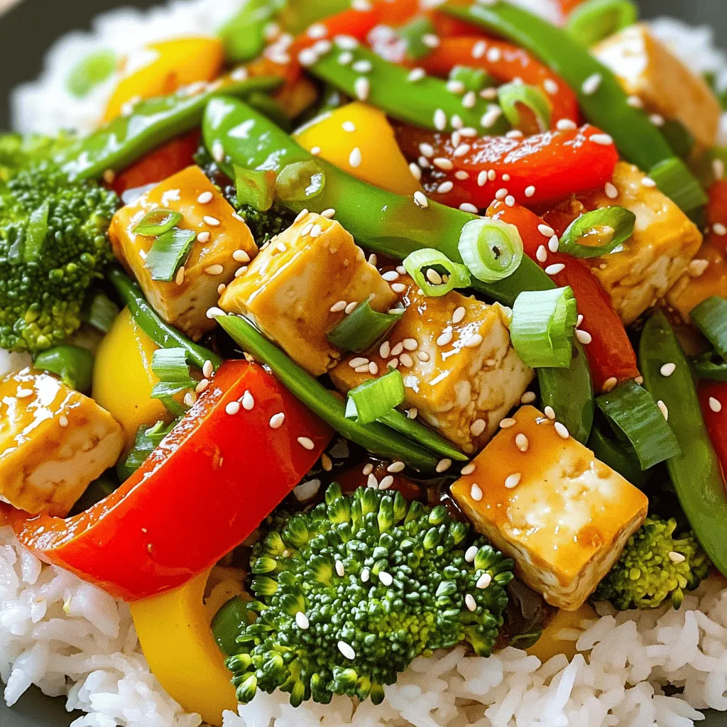 - 1 block (14 oz) firm tofu, drained and pressed - 2 tablespoons soy sauce - 1 tablespoon sesame oil - 1 tablespoon ginger, minced - 2 garlic cloves, minced - 1 red bell pepper, sliced - 1 yellow bell pepper, sliced - 1 cup broccoli florets - 1 cup snap peas - 1 carrot, julienned - 3 green onions, sliced - 1 tablespoon sesame seeds - Cooked rice or quinoa, for serving Fresh vegetables are the star of this dish. They bring bright colors and great textures. When you choose fresh ingredients, you get better flavor and nutrition. Crisp vegetables keep their nutrients and add crunch to your meal. You can also add optional ingredients for more flavor. Try adding mushrooms, baby corn, or bok choy. These choices add variety and create a more exciting dish. You can mix and match based on what you like or have on hand. This Vegetable Stir Fry with Tofu is easy to customize. Just remember to keep the focus on fresh and colorful veggies for the best taste! For the full recipe, check out the [Full Recipe]. Start by draining the tofu. Wrap it in a clean towel and place a heavy object on top. This helps remove excess water. After about 15 minutes, unwrap the tofu. Cut it into bite-sized cubes. Aim for pieces that are around one inch. To achieve crispy tofu, use firm tofu. Make sure to use enough oil when cooking. This helps to create that golden brown crust. Cooking it in a hot skillet or wok is key. Heat your skillet or wok over medium-high heat. Add two tablespoons of sesame oil. Once the oil is hot, add your tofu cubes. Cook them for about 8 to 10 minutes. Turn them often to brown all sides. Next, add minced ginger and garlic. Stir for about one minute. This brings out their flavors. Then, toss in your vegetables. Add the sliced bell peppers, broccoli, snap peas, and carrots. Stir-fry for 5 to 7 minutes. You want the veggies to be tender but still crisp. Finally, drizzle soy sauce over the tofu and vegetables. Stir to coat everything evenly. Cook for another 2 to 3 minutes until heated through. Plate your stir-fry attractively. Serve it over cooked rice or quinoa. This adds a nice base. You can also sprinkle sliced green onions and sesame seeds on top. These garnishes add a pop of color and flavor. For sides, consider serving it with a simple salad or steamed veggies. These complement the dish well. Enjoy your meal while it’s hot for the best taste. Check the Full Recipe for more details. - Overcooking the vegetables: This can turn your veggies mushy. Stir-frying should keep them crisp. Aim for vibrant colors and a slight crunch. - Not preheating the oil properly: If your oil isn’t hot enough, the tofu won’t brown. Heat the oil until it shimmers before adding ingredients for a nice sear. - Skipping the marination: Marinating tofu adds flavor. Even a quick soak in soy sauce makes a big difference. - Achieving the perfect stir-fry texture: Cut veggies into uniform sizes. This helps them cook evenly. Always add harder vegetables first, like carrots, and softer ones later, like bell peppers. - Recommended sauces or seasonings: Soy sauce is a classic, but try adding hoisin or teriyaki for extra flavor. A splash of rice vinegar can brighten the dish. - Adding protein options or extras: Besides tofu, you might try tempeh or seitan. For a kick, toss in some crushed red pepper or top with chopped nuts for crunch. For the complete recipe, refer to the Full Recipe section. Enjoy your cooking adventure! {{image_2}} You can use many seasonal vegetables in your stir fry. Fresh ingredients make the dish bright and tasty. Try using zucchini, mushrooms, or eggplant. These add unique flavors and textures. If you want, you can swap out tofu for other proteins. Chicken, shrimp, or tempeh work well. Each option brings its own taste and nutrition. For those who like heat, create a spicy version. Add red pepper flakes or sriracha sauce. This can bring a nice kick to the dish. This stir fry is easy to make vegan. Stick to the tofu and all the veggies. Use soy sauce and sesame oil for flavor. You keep it plant-based and delicious. If you need gluten-free options, choose tamari instead of soy sauce. Many brands offer tamari that tastes just like soy sauce. Check the label to ensure it is gluten-free. You can also create a low-carb version. Skip the rice or quinoa and use cauliflower rice instead. It keeps the meal light but still filling. For more details, check the Full Recipe to customize your dish further. To store your vegetable stir fry with tofu, follow these steps: - Refrigeration: Let the dish cool to room temperature first. - Containers: Use airtight containers to keep it fresh. Glass or BPA-free plastic works well. - Freshness: Your stir fry stays fresh for about 3-4 days in the fridge. Keeping your food properly stored helps it taste great when you eat it later. To reheat your stir fry, here are some tips: - Best Methods: Use a skillet or microwave. A skillet helps keep the texture. - Skillet Method: Heat on medium until warm, stirring often. - Microwave Method: Use a microwave-safe bowl. Heat in short bursts, stirring between. To maintain flavor, add a splash of soy sauce while reheating. This keeps the dish zesty and delicious. Vegetable stir fry with tofu can last in the fridge for about 3 to 4 days. Store it in an airtight container to keep it fresh. Make sure it cools down before refrigerating. If you want to enjoy it later, this dish reheats well. Yes, you can prep this recipe ahead of time. Cut the vegetables and tofu in advance. Store them in separate containers. This way, you can quickly cook them when you're ready. Just remember to add the soy sauce right before cooking for the best flavor. If you want to replace tofu, try chickpeas or tempeh. They both add protein to your dish. For a non-soy option, use seitan or mushrooms. These alternatives provide a nice texture and flavor. Yes, vegetable stir fry is quite healthy. It is packed with vitamins from fresh vegetables. Tofu adds protein, making the meal filling. You can control the oil and salt used, which helps keep it light. Overall, it’s a great option for a balanced meal. For the full recipe details, including the step-by-step process, check out the Colorful Veggie Tofu Stir Fry recipe. In this post, I covered how to make a tasty vegetable stir-fry with tofu. I explained the best ingredients to use, especially fresh vegetables, and shared steps for preparing tofu for crispiness. I also provided tips to avoid common mistakes, suggested serving ideas, and variations for different diets. Now you have all you need to cook this dish, store leftovers, and reheat perfectly. Enjoy this healthy meal and create your favorite version!