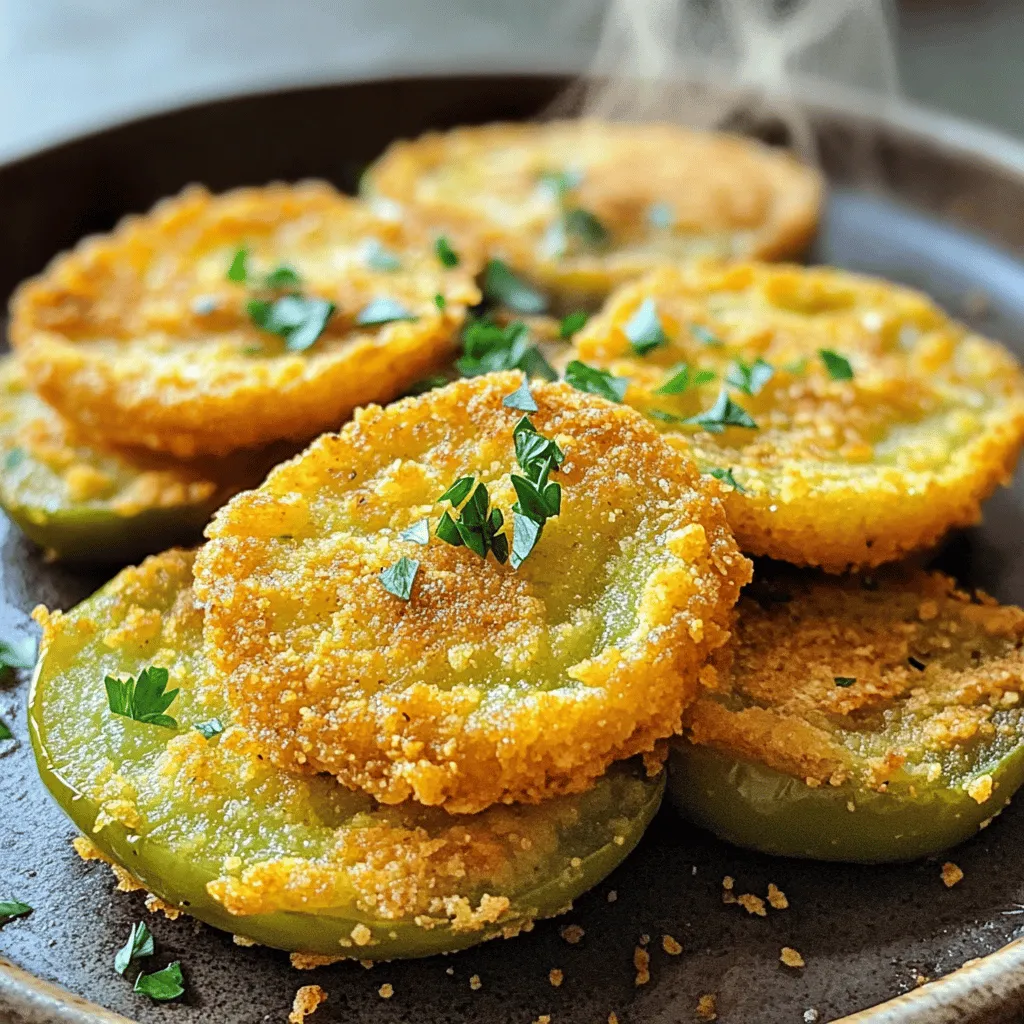- 4 medium green tomatoes - 1 cup all-purpose flour - 1 cup cornmeal - 2 large eggs - ½ cup buttermilk - 1 teaspoon salt - ½ teaspoon black pepper - ½ teaspoon cayenne pepper (optional) - Vegetable oil for frying - Fresh herbs like parsley or chives for garnishing - Gluten-free flour options like almond or rice flour - Shallow dishes for breading - Slotted spatula for frying - Your favorite frying pan or skillet When making fried green tomatoes, quality matters. Choose firm, unripe tomatoes. They should be bright green and slightly glossy. This gives the best crunch and flavor. For the breading, I love using a mix of flour and cornmeal. The cornmeal adds a nice crunch. You can easily switch to gluten-free flour if needed. Just remember to adjust the texture based on your choice. The tools you use also matter. Shallow dishes help with the breading process. A slotted spatula helps you flip and remove the tomatoes without breaking them. A good frying pan or skillet will help you control the heat better. You want the oil hot enough for frying but not so hot that it burns the breading. This dish is simple yet full of flavor. With these ingredients and tools, you're ready to make a crunchy and tasty treat. For the full recipe, check out the detailed steps provided. To start, you need to set up your breading stations. Grab three shallow dishes. In the first dish, mix together the flour, salt, black pepper, and cayenne pepper. This mix adds a nice kick. In the second dish, whisk the eggs and buttermilk until smooth. This will help the coating stick. The third dish should be filled with cornmeal for that crispy finish. Now it's time to coat your tomato slices. Take one slice and dip it into the flour mixture. Make sure to coat both sides well and shake off any extra flour. Next, dip the floured tomato into the egg mixture. Let any excess egg drip back into the dish. Finally, roll the tomato slice in cornmeal, pressing a bit to make sure it sticks well. Set the breaded slices aside on a plate. This process ensures a nice, even coating on each slice. Frying is the key to a great texture. In a large skillet, pour enough vegetable oil to cover the bottom by about half an inch. Heat the oil over medium-high heat. To check if it’s ready, drop a small pinch of cornmeal into the oil. If it sizzles, it’s time to fry! Carefully add the breaded tomato slices in a single layer. Avoid crowding the pan, as this can make them soggy. Fry for 3-4 minutes on each side, or until they turn golden brown and crispy. Once done, use a slotted spatula to transfer them to a paper towel-lined plate. This step helps absorb any extra oil. Repeat with the remaining slices, adding oil as needed. Enjoy them warm and crisp! For the full recipe, check the recipe section above. When picking green tomatoes, look for firm ones. They should feel heavy for their size. Avoid any with soft spots or blemishes. The best green tomatoes have a bright, shiny skin. You can find fresh green tomatoes at farmers' markets or local grocery stores. Ask if they have any special varieties. These can add unique flavors to your dish. To fry green tomatoes well, maintain the right oil temperature. Heat the oil to about 350°F. Use a thermometer for accuracy. If the oil is too cool, the tomatoes will absorb too much oil. If it's too hot, they'll burn quickly. Always fry in small batches. This keeps the temperature steady and helps them cook evenly. To kick up the taste, try adding spices to your flour mix. Garlic powder, onion powder, or smoked paprika work wonders. You can also sprinkle some Parmesan cheese into the cornmeal. For dipping, serve with ranch dressing or a spicy remoulade. These sauces balance the crunch and acidity of the tomatoes. Enjoy experimenting with flavors to find your perfect combination! {{image_2}} To make spicy fried green tomatoes, add heat with jalapeños or spices. You can slice fresh jalapeños and mix them into the breading. This gives each bite a nice kick. Another option is to increase the cayenne pepper in the breading mix. Start with ½ teaspoon and adjust to your taste. You can also sprinkle red pepper flakes for more flavor. This spice mix brings a new twist to the classic recipe. The heat pairs well with the tangy tomatoes. If you want a healthier option, try baking instead of frying. Preheat your oven to 425°F. After breading the tomatoes, place them on a lined baking sheet. Spray them lightly with cooking oil. Bake for about 20-25 minutes, flipping halfway through. Baking gives you a crispy texture with less oil. This method reduces calories while keeping the flavor. You still get that delightful crunch without the frying mess. Fried green tomatoes have regional differences across the United States. In the South, they often serve them with a remoulade sauce. In some areas, people use cornmeal for a crunchier coating. Others mix in buttermilk with the egg for extra flavor. These variations show how Southern cuisine influences the dish. Each region adds its twist, making it special. You can experiment with different ingredients to honor those traditions. For more ideas, check out the Full Recipe. To keep your fried green tomatoes fresh, use these tips: - Place them in an airtight container. - Layer paper towels between layers to absorb moisture. - Store in the fridge for up to 2 days. - Avoid stacking them to prevent sogginess. To bring back the crunch, follow these reheating steps: - Preheat your oven to 375°F (190°C). - Place the tomatoes on a baking sheet. - Bake for about 10-15 minutes until hot and crispy. - You can also use an air fryer for a quicker option. Yes, you can freeze fried green tomatoes! Here’s how: - Let them cool completely before freezing. - Arrange them in a single layer on a baking sheet. - Freeze for a few hours, then transfer to a freezer bag. - To thaw, place them in the fridge overnight before reheating. - Avoid refreezing for the best texture. For the full recipe, make sure to check the details as you prepare these delightful treats! Fried green tomatoes are a classic Southern dish. They use firm, unripe tomatoes, which are sliced and fried until crispy. The dish has roots in Southern cuisine, where it gained popularity. It offers a unique blend of tartness and crunch. The coating typically includes flour and cornmeal, giving it a delightful crunch. You can use ripe tomatoes, but the taste and texture change. Ripe tomatoes are softer and sweeter. They will not hold up as well during frying. This means you won't get the same crunch. Fried green tomatoes provide a tangy bite that ripe ones cannot match. To make fried green tomatoes healthier, try baking instead of frying. You can coat them with a light spray of oil before baking. This method reduces fat and calories while still giving a crispy texture. Another option is using whole wheat flour or almond flour for the breading. Fried green tomatoes pair well with various sides. You can serve them with coleslaw for a refreshing crunch. They also go great with grits for a Southern twist. Try them with a dipping sauce like ranch or remoulade for extra flavor. Preparing fried green tomatoes takes about 15 minutes. Cooking them usually takes around 15 more minutes. In total, you can enjoy this dish in 30 minutes. This makes it a quick and tasty option for any meal. Fried green tomatoes have a rich history in Southern cuisine. The dish likely dates back to the 1800s. It became popular during the Great Depression when food was scarce. People used unripe tomatoes to avoid waste. Today, it stands as a beloved comfort food. You can find a delicious recipe for fried green tomatoes in the Full Recipe section. Fried green tomatoes are a tasty treat with roots in Southern cuisine. We covered the ingredients, steps to prepare, and tips for frying to crispy perfection. Remember to choose the right tomatoes and tips for serving. Whether you fry or bake, this dish can fit various diets. Be creative with your spices and sides. Enjoy making this classic dish, and share your experience! You’ll love the mix of flavor and history in every bite.