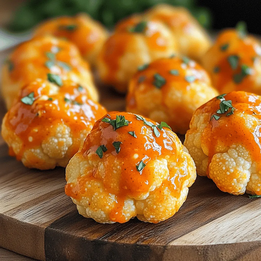 To make Air Fryer Cauliflower Buffalo Bites, you need these simple ingredients: - 1 medium head of cauliflower, cut into bite-sized florets - 1 cup all-purpose flour - 1 cup almond milk (or any non-dairy milk) - 2 teaspoons garlic powder - 1 teaspoon onion powder - 1 teaspoon smoked paprika - 1/2 teaspoon salt - 1/4 teaspoon black pepper - 1 cup buffalo sauce - 2 tablespoons melted vegan butter (optional) - Fresh chopped parsley for garnish These ingredients blend to create a tasty and crispy treat. The cauliflower florets soak up the flavors well. The batter gives them a nice crunch. Using almond milk keeps it light and dairy-free. You can switch to any non-dairy milk you like. The spices add depth and warmth to each bite. You can find the Full Recipe to guide you through the steps. Enjoy making these bites! - First, rinse the cauliflower under cool water. - Next, cut the head into evenly-sized florets. - Pat them dry with a paper towel. This helps the coating stick better. - In a bowl, whisk together 1 cup of flour and 1 cup of almond milk. - Add 2 teaspoons of garlic powder, 1 teaspoon of onion powder, and 1 teaspoon of smoked paprika. - Mix in 1/2 teaspoon of salt and 1/4 teaspoon of black pepper. - Make sure the batter is smooth and well combined. - Dip each floret into the batter, ensuring it's fully coated. - Let excess batter drip off before placing them on a tray. - Preheat your air fryer to 400°F (200°C) for about 5 minutes. - Place the coated florets in a single layer in the air fryer basket. - If needed, work in batches to avoid overcrowding. - Air fry for 12-15 minutes, shaking the basket halfway through. - They should turn golden brown and crispy. - Toss the cooked bites in hot buffalo sauce mixed with melted vegan butter for extra flavor. Now you have a delicious snack ready to enjoy! For the Full Recipe, refer back to the ingredient list. - Avoid overcrowding the basket for even cooking. This helps all the bites get crispy. - Shake the basket occasionally for optimum crispiness. A quick shake ensures they cook evenly. - Experiment with different seasonings in the batter. Try adding cumin or chili powder for a twist. - Adding more buffalo sauce for extra heat. If you like spice, don’t hold back! - Use fresh herbs like parsley or cilantro for garnish. They add a nice touch of color. - Drizzle additional sauces like ranch or blue cheese for extra flavor. These pair well with the heat of the buffalo sauce. These tips will make your Air Fryer Cauliflower Buffalo Bites even better. Enjoy the journey of creating and tasting these crispy delights! For the Full Recipe, check out the earlier section. {{image_2}} If you want a gluten-free version, it's simple! Just swap out the all-purpose flour for a gluten-free flour alternative. You can use almond flour or chickpea flour. Both work well and keep the bites crispy. This way, everyone can enjoy the dish! Buffalo sauce is great, but don't stop there. You can try BBQ sauce or teriyaki sauce instead. Both sauces give a sweet and tangy twist. If you want something different, explore your favorite flavors. Experimenting with sauces keeps it fun! Want to make your bites taste cheezy? Add nutritional yeast to the batter. This simple addition gives that cheesy flavor without dairy. It boosts the taste and makes the bites even more satisfying. Plus, it’s a great source of vitamins. To keep your cauliflower buffalo bites fresh, store them in an airtight container in the refrigerator. This helps maintain their flavor and texture. Make sure they cool down before sealing them. They can last for about three to four days. When it’s time to enjoy your leftovers, use the air fryer to reheat them. This method gives the bites their crispy texture back. Preheat the air fryer to 350°F (175°C), then heat for about 5 to 7 minutes. Shake the basket halfway through to ensure even reheating. You can freeze cooked cauliflower buffalo bites for future snacks. Place them in a single layer on a baking sheet and freeze until solid. Once frozen, transfer them to a freezer-safe bag. When you want to eat them, you can reheat them directly from frozen in the air fryer. This saves you time and keeps them tasty. Cook the cauliflower for 12 to 15 minutes at 400°F (200°C). This time gives the bites a crispy texture. Make sure to shake the basket halfway through cooking. This ensures even heat and color. If you like them extra crispy, add a few more minutes. Yes, you can use frozen cauliflower. Just thaw it first. Pat it dry to remove excess moisture. Then follow the same steps in the recipe. The cooking time may be slightly longer, around 15 to 18 minutes. Keep an eye on them to avoid overcooking. These bites are great with ranch dressing or blue cheese sauce. Serve them next to celery and carrots for crunch. Pair them with a refreshing salad for balance. You can also enjoy them as a side to vegan burgers or tacos. You can find the Full Recipe for Air Fryer Cauliflower Buffalo Bites online. It includes all the steps and tips you need to create this tasty dish. This blog post covered how to make tasty buffalo cauliflower bites. We looked at the key ingredients, step-by-step cooking, and storage tips. I shared ways to enhance flavor and offered variations, like gluten-free options. These bites make a great snack or meal. Enjoy experimenting with different sauces and seasonings. You can easily adapt this recipe to suit your taste. Keeping leftovers fresh is simple too. So get cooking, and have fun with your air fryer!