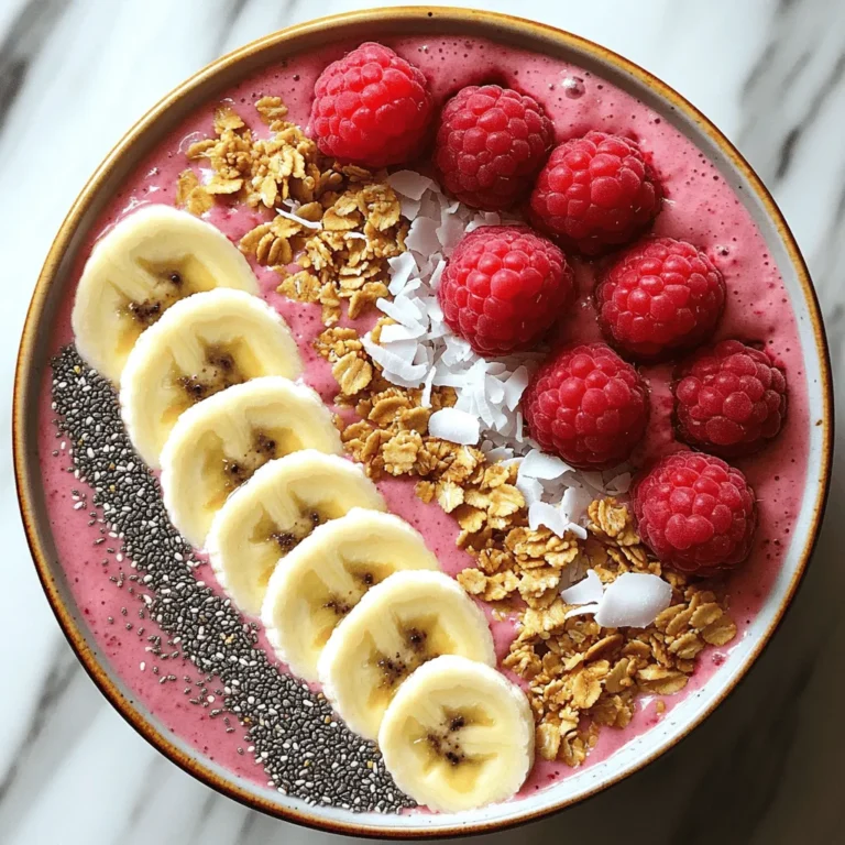 To make your Raspberry Coconut Smoothie Bowl, you will need the following ingredients: - 1 cup frozen raspberries - 1 banana, sliced - 1/2 cup coconut milk - 1/2 cup Greek yogurt - 1 tablespoon honey or maple syrup (optional) - 1/4 cup granola - 2 tablespoons shredded coconut - Fresh raspberries and sliced banana for topping - A sprinkle of chia seeds (optional) These ingredients create a creamy and tasty bowl. The frozen raspberries provide a bright flavor. The banana adds natural sweetness and creaminess. Coconut milk makes it rich and smooth, while Greek yogurt boosts the protein. You can add honey or maple syrup if you want it sweeter. Granola gives a nice crunch, and shredded coconut adds a tropical touch. For the toppings, fresh raspberries and sliced banana not only look pretty but also enhance the taste. Chia seeds are great for extra nutrition. For the full experience, you can check the Full Recipe to get all the steps for this delightful dish. How to prepare the ingredients Start by gathering all your ingredients. You need one cup of frozen raspberries, one sliced banana, half a cup of coconut milk, and half a cup of Greek yogurt. If you like it sweet, grab a tablespoon of honey or maple syrup. For toppings, prepare a quarter cup of granola, two tablespoons of shredded coconut, and some fresh raspberries and sliced banana. Blending instructions In a blender, add the frozen raspberries, sliced banana, coconut milk, and Greek yogurt. If you want it sweeter, include the honey or maple syrup. Blend on high until the mixture is smooth and creamy. If it feels too thick, add a splash more coconut milk. This will help reach the perfect consistency. Pouring and serving tips Once blended, carefully pour the smoothie into a bowl. It's fun to make it look nice! Top your smoothie with granola, shredded coconut, and the fresh raspberries and sliced banana. If you want, add a sprinkle of chia seeds for extra nutrition. Serve your delicious Raspberry Coconut Smoothie Bowl right away, and enjoy every spoonful! For the full recipe, check out the details above. To make your smoothie bowl creamy, use coconut milk. It adds rich flavor and texture. Start with half a cup. If you want it thicker, use less coconut milk. If it’s too thick, add more. Frozen fruit is key. It gives your smoothie a thick and cold texture. Always use frozen raspberries. They blend well and keep everything cool. Fresh fruit won’t give the same creaminess. Sweetening can enhance your smoothie. Try honey or maple syrup. Add just a tablespoon for a gentle sweetness. Taste as you go. You may not need much! Toppings make your smoothie bowl fun! Use fresh raspberries and banana slices. They add color and flavor. Consider adding granola for crunch. Shredded coconut gives a tropical vibe. For a little extra flair, sprinkle chia seeds on top. They add nutrition and texture. Serve in a bright bowl to make it pop. A well-presented bowl makes your meal more enjoyable. Enjoy your Raspberry Coconut Smoothie Bowl! For the complete recipe, visit the Full Recipe. {{image_2}} You can switch up your smoothie bowl with different fruits. If you want a berry mix, try adding strawberries or blueberries. Both blend well and add great flavor. You can also go tropical. Mango and pineapple will add a fun twist. They bring a bright taste and sweetness that pairs nicely with raspberries. Mix and match fruits to find your favorite combo! If you want to make your smoothie bowl dairy-free, it’s easy! Use almond or oat milk instead of coconut milk. These milks are creamy and delicious. For yogurt, choose vegan yogurt. Many brands offer tasty options that work great. This way, you can enjoy a smooth, creamy bowl without dairy. Just remember to stick to the Full Recipe to keep it simple and yummy! After making your Raspberry Coconut Smoothie Bowl, you might have some left. Store your smoothie bowl in an airtight container. This helps keep it fresh. Place it in the fridge and use it within two days. If you want to save it longer, consider freezing it. Pour the smoothie into ice cube trays for easy portions. Once frozen, transfer the cubes to a freezer bag. To refresh a stored smoothie bowl, take it out of the fridge. If it seems thick, add a splash of coconut milk. Blend it again until smooth. If you froze it, let it sit in the fridge overnight. You can also blend it directly from the freezer with a little milk. This keeps the creamy texture. Enjoy your smoothie bowl again like it’s fresh! For the full recipe, check out the steps above. To make the smoothie bowl dairy-free, swap Greek yogurt for a vegan yogurt. You can use almond, coconut, or oat yogurt for a creamy texture. For milk, choose almond milk, coconut milk, or oat milk instead of regular milk. This way, you still get a rich and tasty smoothie bowl without dairy. Yes, you can use fresh raspberries. However, frozen raspberries give a thicker texture. If you use fresh, add ice to keep the smoothie cold and thick. Fresh raspberries will also give a bright flavor that is just as delightful. Raspberries are low in calories and high in fiber. They help with digestion and keep you full. They also have antioxidants that fight free radicals. Coconut is rich in healthy fats. It provides energy and supports heart health. Together, they make a nutritious and tasty smoothie bowl. For the full recipe, check the earlier sections. In this blog post, we explored how to make a delicious smoothie bowl. We covered the key ingredients like frozen raspberries, banana, and coconut milk. I shared step-by-step instructions for blending and serving your smoothie. We offered tips for creaminess and creative presentation ideas. You can even customize with different fruits or dairy-free options. Remember, storing your leftovers properly ensures you enjoy every bite later. With these tips, you can create a tasty and healthy treat that fits your needs perfectly. Enjoy your smoothie bowl adventures!