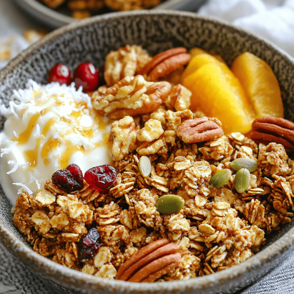 To make Maple Pecan Granola, you need these simple ingredients: - 2 cups rolled oats - 1 cup pecans, roughly chopped - 1/2 cup shredded coconut (unsweetened) - 1/4 cup pumpkin seeds - 1/2 cup maple syrup - 1/4 cup coconut oil, melted - 1 teaspoon vanilla extract - 1/2 teaspoon cinnamon - 1/4 teaspoon salt - 1/2 cup dried cranberries (optional) These ingredients create a crunchy and tasty snack that you will love. Each ingredient in this granola adds unique health benefits: - Rolled oats provide fiber and help keep you full. They can also lower cholesterol. - Pecans are rich in healthy fats and antioxidants. They support heart health. - Shredded coconut adds healthy fats and helps with energy. Choose unsweetened for a healthier option. - Pumpkin seeds are packed with zinc and magnesium. They boost immune health. - Maple syrup offers a natural sweet taste and contains minerals like manganese. - Coconut oil is a healthy fat that can help boost metabolism. - Cinnamon adds flavor and may help lower blood sugar levels. - Salt enhances the taste and balances sweetness. - Dried cranberries offer vitamins and antioxidants. They add a nice tart flavor. To make the best Maple Pecan Granola, choose high-quality ingredients: - Rolled oats: Look for organic oats for better quality. - Pecans: Buy raw pecans from trusted sources. Fresh nuts taste best. - Coconut: Choose unsweetened shredded coconut to avoid added sugars. - Pumpkin seeds: Check for raw, unsalted seeds for the best flavor. - Maple syrup: Look for pure maple syrup, not imitation syrup. It tastes better. - Coconut oil: Opt for virgin coconut oil for a fresh coconut flavor. - Spices: Use fresh cinnamon and vanilla extract for the best aroma. Finding good ingredients makes your granola tasty and healthy. For the full recipe, see above. Start by gathering your ingredients. You need rolled oats, pecans, coconut, pumpkin seeds, maple syrup, coconut oil, vanilla extract, cinnamon, and salt. For a fruity twist, add dried cranberries. Preheat your oven to 350°F (175°C). Line a large baking sheet with parchment paper for easy cleanup. In a big bowl, mix the rolled oats, chopped pecans, shredded coconut, and pumpkin seeds. Stir until everything is well combined. In another bowl, whisk together the maple syrup, melted coconut oil, vanilla extract, cinnamon, and salt. Pour this wet mixture over the dry ingredients. Gently stir until everything is coated. Spread your granola mixture evenly on the prepared baking sheet. Press it down a bit. This helps it clump together. Bake in the oven for 20 to 25 minutes. Stir halfway through to ensure even baking. The granola is ready when it turns golden brown and smells great. Once done, take it out and let it cool completely. This cooling step is key! The granola becomes crisp as it cools. For the best granola, use fresh ingredients. They make a big difference. If you want extra crunch, bake it a little longer. Just keep an eye on it to avoid burning. Store your granola in an airtight container. This keeps it fresh and tasty. You can also add your favorite nuts or seeds. Make it your own! For the full recipe, check above. Enjoy your crunchy and nutritious snack! You can make maple pecan granola your own. Start by changing the nuts. Try almonds or walnuts if you want variety. You can also swap the pumpkin seeds for sunflower seeds for a different crunch. Add spices like nutmeg or ginger to change the flavor. If you love chocolate, mix in dark chocolate chips after baking. Dried fruits are fun too. You can use raisins or apricots instead of cranberries. Just make sure to adjust the sweetness based on the add-ins. Clumping makes granola crunchy and fun to eat. To help your granola clump, press it down when spreading it on the baking sheet. Use a spatula to press it tightly. Baking at a lower heat for a longer time can also help. Stir only halfway through baking to keep the clumps intact. Let it cool completely without stirring to form nice clusters. Remember, the granola will harden as it cools, so don’t worry if it looks soft at first. Many people make a few common errors when making granola. One mistake is adding too much liquid. Stick to the recipe to avoid soggy granola. Another issue is not mixing well. Make sure to coat all the oats and nuts evenly for the best flavor. Also, avoid overbaking. Granola can go from golden to burnt quickly. Keep an eye on it during the last few minutes of baking. Lastly, don’t skip cooling. It’s crucial for the crunchiness you want in your maple pecan granola. {{image_2}} You can switch nuts and seeds in this recipe. For a fun twist, try almonds or walnuts instead of pecans. Cashews add a creamy texture that pairs well with the maple flavor. If you prefer seeds, sunflower seeds or chia seeds work great too. Each option brings its own taste and crunch. Add flavors to make your granola unique. You can mix in spices like nutmeg or ginger for warmth. Dried fruits like apricots or raisins add sweetness. You might also try adding chocolate chips for a treat. Just remember to keep the balance so the maple flavor shines through. Making vegan or gluten-free granola is easy. Use maple syrup and coconut oil, as they're both vegan. For gluten-free oats, check the label to ensure they are certified gluten-free. You can enjoy this granola without worry, and it remains just as delicious as the original. For the full recipe, check out the detailed instructions above. To keep your maple pecan granola fresh, store it in an airtight container. This prevents air and moisture from getting in. Glass jars or plastic containers with tight lids work best. Make sure to let the granola cool completely before you store it. Warm granola can create steam, which leads to sogginess. When stored correctly, your maple pecan granola lasts up to two weeks at room temperature. If you keep it in the fridge, it can last even longer. Just remember to check for any signs of spoilage, like off smells or soft texture. If you notice these, it's best to toss it out. You can freeze maple pecan granola for up to three months. To do this, place it in a freezer-safe bag or container. Make sure to remove as much air as possible before sealing. When you're ready to eat it, just thaw it at room temperature. If you want, you can re-crisp it in the oven for a few minutes. This will bring back that delightful crunch. For more details, check out the Full Recipe. Maple Pecan Granola packs a nutritious punch. Each serving provides a good balance of protein, healthy fats, and carbs. Here’s a quick breakdown of its key nutrients: - Calories: About 200 calories per serving - Protein: 5 grams - Fat: 10 grams (mostly healthy fats from pecans and coconut) - Carbohydrates: 25 grams - Fiber: 3 grams - Sugars: 5 grams (natural sugars from maple syrup and cranberries) This granola offers fiber from oats and nuts, which helps with digestion. The pecans contribute omega-3 fatty acids, which are great for heart health. Yes, you can make Maple Pecan Granola ahead of time! In fact, it stays fresh for up to two weeks when stored properly. Make a big batch on the weekend, and you’ll have a tasty snack ready all week. Just let it cool completely before storing it in an airtight container. Serving Maple Pecan Granola is easy and fun. Here are some great ideas: - With Milk or Yogurt: Pour some granola over milk or yogurt for a quick breakfast. - Topped with Fresh Fruit: Add sliced bananas or berries for extra flavor. - As a Snack: Grab a handful for a midday energy boost. - In Smoothies: Blend it into smoothies for added crunch. Feel free to get creative and use your favorite toppings. Enjoy this crunchy and nutritious snack with ease! For the full recipe, check out the [Full Recipe]. In this article, we explored the key parts of making Maple Pecan Granola. We reviewed the important ingredients and their health benefits. I shared tips on how to find the best ingredients and how to prepare your granola step-by-step. You learned how to customize your granola and avoid common mistakes. Overall, making granola can be fun and rewarding. With these tips, you can enjoy tasty, healthy snacks. So, get cooking and enjoy your Maple Pecan Granola!