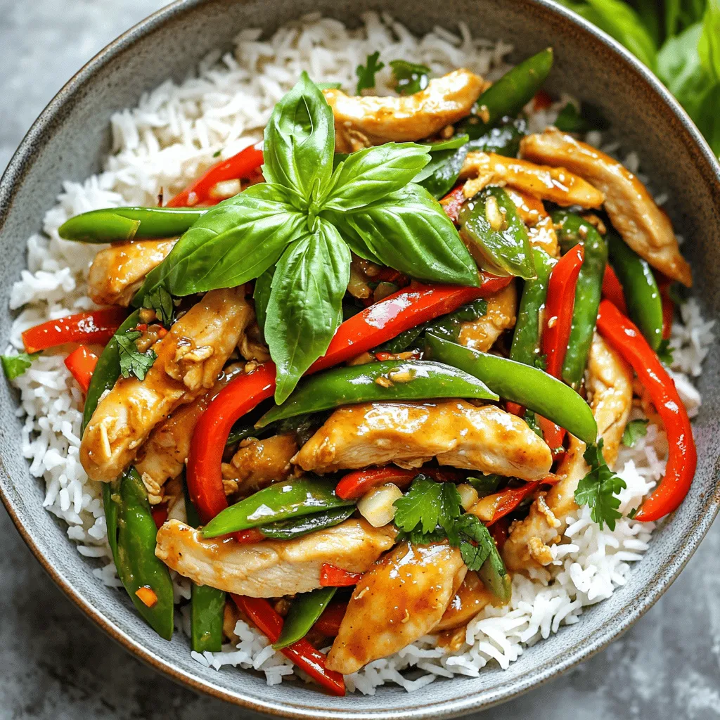 Here’s what you need to make Thai Basil Chicken Stir-Fry: - 1 lb chicken breast, thinly sliced - 1 cup fresh Thai basil leaves - 1 red bell pepper, sliced - 1 cup sugar snap peas - 4 cloves garlic, minced - 2 tablespoons soy sauce - 1 tablespoon oyster sauce - 1 tablespoon fish sauce - 1 teaspoon sugar - 1-2 Thai bird chilies, sliced (adjust to taste) - 2 tablespoons vegetable oil - Cooked jasmine rice (for serving) These ingredients pack a punch of flavor. The fresh Thai basil adds a unique taste that is hard to beat. Sugar snap peas provide a nice crunch, and the chicken keeps it hearty. You can adjust the chilies to make it mild or spicy, based on your preference. Using quality ingredients is key. Fresh herbs and vegetables always make a difference. I recommend using jasmine rice as a base. It pairs well with the stir-fry and soaks up the sauce. For the full recipe, check out the complete instructions on how to bring these ingredients together for a delicious meal! 1. Heating the wok or frying pan Start by heating your wok or frying pan over medium-high heat. Add 2 tablespoons of vegetable oil. Wait until the oil gets hot. 2. Preparing the ingredients While the oil heats, slice 1 lb of chicken breast into thin pieces. Mince 4 cloves of garlic and slice 1-2 Thai bird chilies. Next, slice 1 red bell pepper and wash 1 cup of sugar snap peas. Lastly, get 1 cup of fresh Thai basil leaves ready. 1. Stir-frying the garlic and chilies Once the oil is hot, add the minced garlic and sliced chilies to the pan. Stir-fry for about 30 seconds until you smell the garlic. 2. Cooking the chicken Add the sliced chicken breast to the pan. Cook it for 4-5 minutes until the chicken turns white and starts to brown. 3. Adding vegetables and sauces Toss in the red bell pepper and sugar snap peas. Stir-fry these for 2-3 minutes until they are tender but still crisp. In a small bowl, mix together 2 tablespoons of soy sauce, 1 tablespoon of oyster sauce, 1 tablespoon of fish sauce, and 1 teaspoon of sugar. Pour the sauce over the chicken and vegetables. 4. Final additions for flavor Stir everything well for 2 minutes. Make sure all the chicken and vegetables are coated in the sauce. Finally, add the fresh Thai basil leaves and mix gently until they wilt, about 1 minute. Serve your delicious Thai Basil Chicken Stir-Fry over cooked jasmine rice. For the full recipe, check the detailed instructions provided above. Using high-quality soy sauce and fish sauce is key. These sauces give your dish depth. I recommend a dark soy sauce for richness. A good fish sauce adds umami and saltiness. Taste as you go to find your perfect balance. Adjust the spice levels to suit your taste. If you love heat, add more Thai bird chilies. For a milder flavor, use fewer chilies or remove the seeds. Remember, you can always add more spice, but you can't take it away! Serve your Thai basil chicken stir-fry in a large bowl over jasmine rice. This adds a nice touch. The white rice contrasts well with the vibrant colors of the dish. For garnishing, sprinkle extra Thai basil leaves on top. This not only looks pretty, but it also boosts the aroma. Drizzling a bit of extra sauce over the stir-fry enhances the flavor and makes it look more inviting. {{image_2}} You can switch up the protein in this dish easily. Shrimp works great if you want a seafood twist. Simply stir-fry the shrimp until they turn pink and tender. Tofu is another excellent choice for a vegetarian dish. Use firm tofu and press it first to remove extra moisture. Then, cut it into cubes and stir-fry until golden. Both options offer delicious flavors and textures that pair well with Thai basil. Feel free to play around with the veggies! Broccoli adds a nice crunch and a healthy boost. Cut it into small florets and toss it in with the chicken. Bell peppers come in many colors and add sweetness. Try yellow or green for a fun mix. You can also use seasonal veggies like zucchini or snap peas. They keep the dish fresh and vibrant. Using what’s in season not only tastes better but also supports local farms. To keep the flavor of your Thai Basil Chicken Stir-Fry, I suggest using the stove. Heat a skillet over medium heat. Add a splash of water or oil to prevent sticking. Stir gently until warmed through, about 5 minutes. You can also use a microwave. Place the stir-fry in a microwave-safe dish. Cover it with a lid or damp paper towel. Heat in 30-second bursts, stirring in between. This helps to keep the chicken juicy. For storing leftovers, let the stir-fry cool down first. Place it in an airtight container. Store it in the refrigerator for up to 3 days. This way, you can enjoy a quick meal later. Freezing your Thai Basil Chicken Stir-Fry is super easy. Make sure to cool it completely first. Transfer it to a freezer-safe bag or container. Remove as much air as possible before sealing. You can freeze the stir-fry for up to 3 months. This makes a great meal prep option. When you are ready to eat, take it out of the freezer. Place it in the fridge overnight to thaw. If you need it fast, you can use the microwave. Heat it in short bursts, stirring often, until hot. Enjoy your delicious meal whenever you want! For the full recipe, check out the [Full Recipe]. Thai basil has a unique taste that sets it apart from regular basil. It has a spicier and more peppery flavor. It also has a hint of anise, which gives it a distinct aroma. Regular basil, like sweet basil, is milder and sweeter. The leaves of Thai basil are darker and have a more pointed shape. This difference in flavor makes Thai basil perfect for dishes like Thai Basil Chicken Stir-Fry. You can use dried Thai basil, but it won’t taste the same. Dried herbs lose some flavor and aroma. If using dried basil, use less than fresh. Start with half the amount, then adjust for taste. Dried basil works best in longer-cooked dishes, where flavors can meld. However, it won't give you that fresh bite that Thai basil adds to the stir-fry. You can serve this dish with a variety of sides. Jasmine rice is a classic choice. It absorbs the sauce well and adds a nice balance. You can also pair it with a fresh cucumber salad or steamed broccoli. These sides add crunch and freshness. For a kick, serve with chili sauce on the side. This enhances the overall meal experience. For the complete recipe details and cooking instructions, check out the [Full Recipe](#). This blog post has covered the essential steps to make a tasty Thai basil chicken stir-fry. You learned the best ingredients, cooking methods, and ways to enhance flavor. Remember to adjust spice levels to fit your taste. Use fresh ingredients for the best result. Try different proteins and vegetables for variety. Store extras properly to enjoy later. Now, you are ready to cook a delicious meal that impresses friends or family. Cooking can be fun and satisfying, and this recipe is a great place to start. Enjoy your cooking adventure!