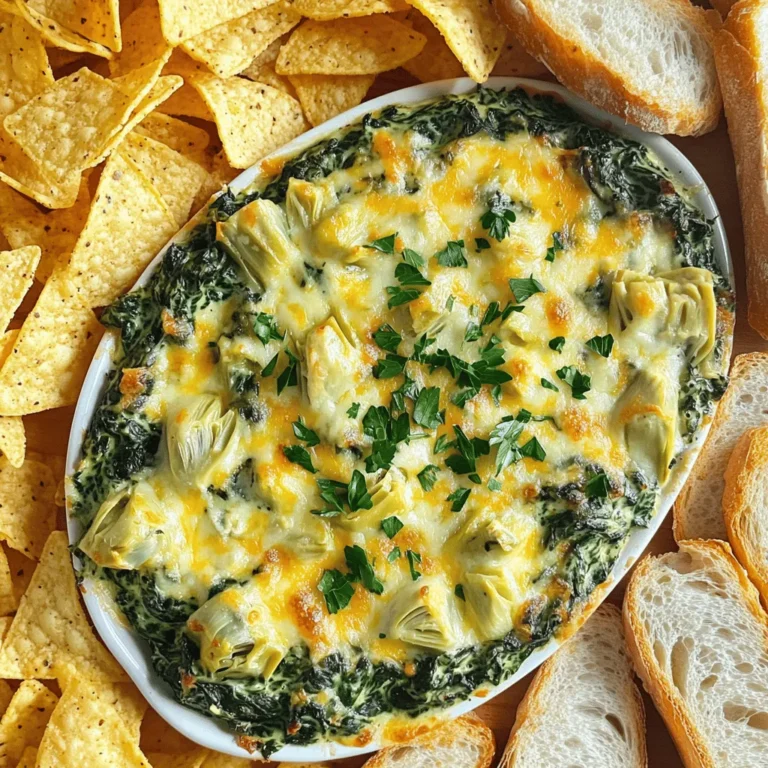 - 1 cup fresh spinach, chopped - 1 cup canned artichoke hearts, drained and chopped - 1 cup cream cheese, softened - 1/2 cup sour cream - 1/2 cup mayonnaise - 1 cup shredded mozzarella cheese - 1/2 cup grated Parmesan cheese - 2 cloves garlic, minced - 1/2 teaspoon onion powder - 1/4 teaspoon cayenne pepper (optional for heat) - Salt and pepper to taste - Tortilla chips or toasted baguette slices for serving When making spinach artichoke dip, I always choose fresh ingredients. Fresh spinach brings a bright flavor and green color. Canned artichoke hearts are easy to use and taste great. Cream cheese, sour cream, and mayonnaise create a rich and creamy base. For the cheese, I love using shredded mozzarella and grated Parmesan. They melt well and add a tasty layer. Garlic gives the dip a wonderful aroma. Onion powder adds depth without being too strong. If you want a kick, cayenne pepper is a fun option. Don't forget to salt and pepper the mix! This step makes all the flavors pop. When serving, I recommend crispy tortilla chips or toasted baguette slices. They add crunch and make every bite perfect. For the full recipe, check out the Cheesy Spinach Artichoke Delight. It's a crowd-pleaser for any gathering! 1. Start by preheating your oven to 350°F (175°C). This sets the stage for our creamy dip. 2. In a mixing bowl, combine the softened cream cheese, sour cream, and mayonnaise. Use a hand mixer or a spoon to mix until it’s smooth and creamy. This base gives our dip its rich texture. 3. Next, stir in the chopped spinach and drained artichoke hearts. Add the minced garlic, onion powder, and optional cayenne pepper for a touch of heat. This blend packs a lot of flavor. 4. Now, it’s time to add the cheeses. Fold in the shredded mozzarella and grated Parmesan cheese. Mix well to make sure every bite is cheesy and creamy. 5. Season the mixture with salt and pepper to taste. Don’t be shy; a little seasoning goes a long way! 6. Pour the mixture into a baking dish and spread it evenly. This ensures it cooks well and gets nice and bubbly. 7. Place the dish in the oven and bake for 25-30 minutes. Look for a bubbly surface and a golden top. That’s when you know it’s ready! 8. Once done, take it out and let it cool for a few minutes. This cooling time helps the dip set and makes it easier to scoop. - Preheat the oven: Allow about 10 minutes for the oven to reach 350°F (175°C). - Baking duration: Plan for 25-30 minutes in the oven for the perfect bubbly dip. - Cooling time before serving: Let it cool for about 5 minutes before serving to avoid burns. Enjoy this tasty treat with tortilla chips or toasted baguette slices for a delightful experience! For the full recipe, check below. To avoid a watery consistency, make sure to drain the artichokes well. If you use frozen spinach, squeeze out excess water before mixing. This keeps your dip thick and creamy. For even melting of cheese, mix the shredded mozzarella and Parmesan into the base while it's still warm. This helps the cheese melt smoothly. You can adjust spice levels by adding more or less cayenne pepper. Start with a small pinch and taste as you go. You can also try adding black pepper for a different heat. When it comes to presentation, serve the dip hot. Garnish it with extra Parmesan or fresh parsley for a pop of color. For dipping options, crispy tortilla chips work great. You can also use toasted baguette slices for a more elegant touch. Pair your dip with drinks like a chilled white wine or even a light beer. It also goes well with other appetizers, like fresh veggie sticks or cheese platters. For the full recipe, check out the Cheesy Spinach Artichoke Delight. {{image_2}} You can change the cheese in your dip for fun. Try using cheddar or gouda for a twist. These cheeses add a rich flavor that complements the spinach and artichokes. If you seek a vegan option, use cashew cheese or nutritional yeast. These alternatives keep the dip creamy while being plant-based. Spices can really boost your dip's taste. Adding smoked paprika gives a warm, smoky flavor. You can also throw in bell peppers for extra crunch and color. Other vegetables like mushrooms or sun-dried tomatoes work well too. Each new addition helps make your dip unique. If you need a gluten-free version, just check your chips. Many tortilla chips are gluten-free. For a low-calorie dip, use Greek yogurt instead of sour cream and mayonnaise. You can also cut back on cheese to reduce calories. These swaps keep the dip tasty while fitting your dietary needs. For the full recipe, check the Cheesy Spinach Artichoke Delight. After you make the dip, let it cool down. Then, store any leftovers in an airtight container. This keeps the flavors fresh for up to three days. When you want to enjoy it again, simply reheat it in the oven or microwave. For the oven, set it to 350°F (175°C) and bake for about 10-15 minutes. This warms it through and helps keep the cheese nice and gooey. If using a microwave, heat in short bursts of 30 seconds. Stir in between to ensure even heating. You can freeze this dip for later! To do this, place the cooled dip in a freezer-safe container. Make sure to leave some space at the top because it will expand when frozen. The dip will last for about two months in the freezer. When you're ready to eat it, transfer the dip to the fridge. Let it thaw overnight. For a quicker method, you can place it in a bowl of cold water for about an hour. After thawing, reheat it as mentioned above. This way, you can enjoy this cheesy delight anytime you crave it! For full details on making this tasty dish, check the full recipe. How to make spinach artichoke dip without cream cheese? You can swap cream cheese with Greek yogurt or cashew cream. These options keep it creamy. Using Greek yogurt also adds protein. Can you prepare the dip ahead of time? Yes! You can mix the dip and store it in the fridge for a day. Just bake it when you're ready. This saves time for parties. How do I make it spicier? Add more cayenne pepper or some diced jalapeños. You can also include hot sauce for more heat. Calorie count per serving Each serving has about 200 calories. This can vary based on ingredients used. Breakdown of macronutrients - Carbohydrates: 8g - Proteins: 5g - Fats: 18g Popular feedback from users Many love the dip's creamy texture and rich flavor. It’s a hit at gatherings. Users often mention how easy it is to make. Tips shared by user experiences Some users suggest using fresh herbs for added flavor. Others recommend serving with assorted dippers like veggies or crackers. Check out the Full Recipe for more ideas! This blog post covered how to make a tasty spinach artichoke dip. We looked at ingredients, step-by-step instructions, and tips to make it perfect. I shared storage info for leftovers and some fun variations to try. Now, it's your turn to make this dip shine. Experiment with flavors and enjoy it with friends or family. Good food brings people together. You’ll impress everyone with your delicious creation. Enjoy every bite!