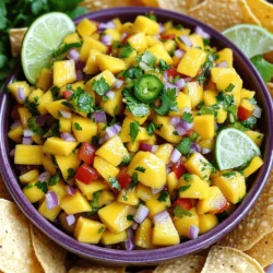 - Ripe mangoes - Red bell pepper - Red onion - Jalapeño pepper - Fresh cilantro - Lime juice - Honey or agave syrup - Salt and pepper To make the best mango salsa, you need ripe mangoes. Look for mangoes that have a slight give when you press them gently. They should smell fruity and sweet at the stem. The color can vary, but a yellow or orange hue is a good sign. Mangoes are usually in season from late spring to early summer. During this time, you can find them fresh and sweet at local markets. Mango salsa is not only tasty but also healthy. One serving has about 60 calories. Mangoes are full of vitamin C and fiber. Red bell peppers add extra vitamins and antioxidants. The lime juice helps with digestion and adds flavor. Honey gives a touch of sweetness while keeping the salsa healthy. Enjoy this fresh treat guilt-free! How to prepare mangoes To prepare mangoes, start by washing them. Then, peel the skin carefully. Next, cut the mangoes into small cubes. Place these cubes into a large mixing bowl. Chopping techniques for bell pepper and onion For the red bell pepper, remove the stem and seeds. Slice it in half and chop it finely. Do the same for the red onion. Use a sharp knife for clean cuts. This helps the salsa look nice and taste fresh. Mince jalapeño and herbs Take the jalapeño, cut it in half, and remove the seeds. Mince it into tiny pieces. For the cilantro, chop it finely. This adds a burst of flavor to the salsa. Order of mixing Start by adding the chopped bell pepper and onion to the bowl with the mango. Then, add the minced jalapeño. Next, sprinkle in the chopped cilantro. This order helps mix the flavors well. Importance of not mashing mango When mixing, use a spatula or spoon. Be gentle so you don’t mash the mango. If you mash it, the salsa will be mushy and lose its nice texture. Adjusting flavor balance with salt and pepper After mixing, season your salsa with salt and pepper. Start with a little, then taste. Adjust the seasoning to your liking. This step is key for a balanced flavor. Allowing flavors to mingle Let the salsa sit for at least 15 minutes. This resting time helps the flavors combine. You can serve it right away, but waiting makes it even better. For the complete preparation process, check out the Full Recipe. To make your salsa shine, let it rest for at least 15 minutes. This time helps meld the flavors. You can also enhance taste by adding a pinch of cumin or smoked paprika. These spices add depth and warmth. Mango salsa pairs well with grilled chicken, fish, or shrimp. You can also serve it with tortilla chips for a crunchy snack. For parties, try serving it in small cups with chips for easy sharing. This makes a fun and bright addition to any table. Store your salsa in an airtight container in the fridge. It stays fresh for up to three days. To keep it fresh longer, add a little lime juice. This helps slow down browning and keeps the flavors bright. {{image_2}} You can change your salsa by adding different herbs or fruits. Try basil or mint for a fresh twist. You can also mix in diced pineapple or papaya. These fruits add sweetness and tropical flair. Want to adjust the spice level? You can add more jalapeño for heat or skip it altogether. If you like mild salsa, remove the seeds and ribs from the jalapeño. For extra spice, add a pinch of cayenne pepper or diced serrano peppers. This salsa is naturally vegan and gluten-free. You can enjoy it without any worries. For a sweeter taste, use agave syrup instead of honey. This keeps it plant-based. Pair your salsa with gluten-free chips or serve it over grilled meats. It makes a great topping for fish tacos or grilled shrimp. You can enjoy it with many different dishes. Mix it up with tropical fruit combinations. Try adding diced kiwi or mango for a fruity salsa. You can also use tropical fruits like guava or passion fruit. They bring unique flavors to your dish. Consider regional ingredient swaps, too. Instead of cilantro, use fresh parsley or green onions. If you want a different taste, add diced avocado for creaminess. These twists create new flavors while keeping the salsa fresh and fun. For the full recipe, refer back to the main section. Enjoy exploring these variations! Mango salsa offers many benefits. First, it is healthy. Mangoes are rich in vitamins A and C. They also contain fiber, which aids digestion. The red bell pepper and onion add more nutrients. Together, these ingredients boost your immune system and overall health. This salsa is also very versatile. You can use it in many ways. It works great as a dip for chips. You can also serve it over grilled fish or chicken. It adds a fresh, fruity flavor to tacos or salads. You can even mix it into quinoa for a tasty side dish. Yes, you can make mango salsa ahead of time. I recommend preparing it a few hours before serving. This way, the flavors blend well. Just remember to cover it tightly to keep it fresh. For best storage, place the salsa in an airtight container. Store it in the fridge. This keeps it cool and delicious. Avoid using metal containers, as they can affect the taste. Mango salsa can last in the fridge for about 3 to 5 days. Be sure to check for freshness. If it smells off or looks dull, it’s best to throw it out. If you want to keep it longer, you can freeze it. Just place it in a freezer-safe bag. Squeeze out the air before sealing. It can last in the freezer for about 3 months. Thaw it in the fridge before using it again. For the best taste, try to eat it fresh! Make sure to check out the Full Recipe for more details! To make tropical mango salsa, first gather your ingredients. Peel and dice the mangoes into small cubes. This gives the salsa its sweet base. Place them in a large bowl. Next, finely chop the red bell pepper and red onion. These add crunch and color. Add them to the bowl with the mangoes. Now, take the jalapeño pepper. Carefully deseed and mince it. If you like spice, use more jalapeño. Add this to the bowl for some heat. Then, chop the fresh cilantro. This herb brings a fresh taste. Toss it in with the other ingredients. Squeeze the juice of two limes into the bowl. Make sure to catch any seeds! This juice adds zing to the salsa. Next, drizzle in the honey or agave syrup. This balances the tartness of the lime. Using a spatula or spoon, gently fold everything together. Be careful not to mash the mango pieces. Finally, season with salt and pepper to taste. Adjust as needed for your liking. Let the salsa sit for at least 15 minutes. This time helps all the flavors mix. You can also serve it right away if you’re in a hurry. This recipe serves 4 to 6 people. If you want more salsa, it’s easy to double the recipe. Just keep the proportions the same. For smaller gatherings, you can cut the ingredients in half. To visualize the steps, I recommend checking out video links or photos. These can show you how to chop and mix each ingredient. For a beautiful presentation, serve the salsa in a bright bowl. Garnish it with extra cilantro and lime wedges. This makes your dish catch the eye. Pair it with tortilla chips or use it on grilled chicken or fish. Enjoy every vibrant bite of your tropical mango salsa! In this post, we explored how to make a delicious mango salsa. We covered important ingredients, how to prepare them, and tips for the best flavor. Remember, fresh mangoes and balanced seasoning are key. You can adapt this recipe in many ways, making it fun for any meal. Try it as a topping or a dip at your next gathering. Enjoy the taste of summer with this healthy, vibrant salsa!