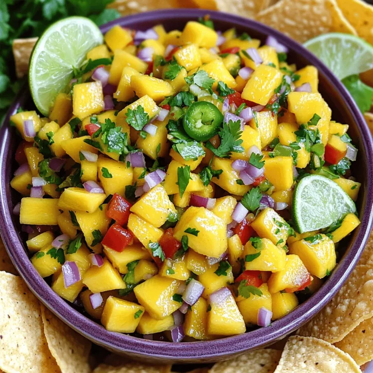 - Ripe mangoes - Red bell pepper - Red onion - Jalapeño pepper - Fresh cilantro - Lime juice - Honey or agave syrup - Salt and pepper To make the best mango salsa, you need ripe mangoes. Look for mangoes that have a slight give when you press them gently. They should smell fruity and sweet at the stem. The color can vary, but a yellow or orange hue is a good sign. Mangoes are usually in season from late spring to early summer. During this time, you can find them fresh and sweet at local markets. Mango salsa is not only tasty but also healthy. One serving has about 60 calories. Mangoes are full of vitamin C and fiber. Red bell peppers add extra vitamins and antioxidants. The lime juice helps with digestion and adds flavor. Honey gives a touch of sweetness while keeping the salsa healthy. Enjoy this fresh treat guilt-free! How to prepare mangoes To prepare mangoes, start by washing them. Then, peel the skin carefully. Next, cut the mangoes into small cubes. Place these cubes into a large mixing bowl. Chopping techniques for bell pepper and onion For the red bell pepper, remove the stem and seeds. Slice it in half and chop it finely. Do the same for the red onion. Use a sharp knife for clean cuts. This helps the salsa look nice and taste fresh. Mince jalapeño and herbs Take the jalapeño, cut it in half, and remove the seeds. Mince it into tiny pieces. For the cilantro, chop it finely. This adds a burst of flavor to the salsa. Order of mixing Start by adding the chopped bell pepper and onion to the bowl with the mango. Then, add the minced jalapeño. Next, sprinkle in the chopped cilantro. This order helps mix the flavors well. Importance of not mashing mango When mixing, use a spatula or spoon. Be gentle so you don’t mash the mango. If you mash it, the salsa will be mushy and lose its nice texture. Adjusting flavor balance with salt and pepper After mixing, season your salsa with salt and pepper. Start with a little, then taste. Adjust the seasoning to your liking. This step is key for a balanced flavor. Allowing flavors to mingle Let the salsa sit for at least 15 minutes. This resting time helps the flavors combine. You can serve it right away, but waiting makes it even better. For the complete preparation process, check out the Full Recipe. To make your salsa shine, let it rest for at least 15 minutes. This time helps meld the flavors. You can also enhance taste by adding a pinch of cumin or smoked paprika. These spices add depth and warmth. Mango salsa pairs well with grilled chicken, fish, or shrimp. You can also serve it with tortilla chips for a crunchy snack. For parties, try serving it in small cups with chips for easy sharing. This makes a fun and bright addition to any table. Store your salsa in an airtight container in the fridge. It stays fresh for up to three days. To keep it fresh longer, add a little lime juice. This helps slow down browning and keeps the flavors bright. {{image_2}} You can change your salsa by adding different herbs or fruits. Try basil or mint for a fresh twist. You can also mix in diced pineapple or papaya. These fruits add sweetness and tropical flair. Want to adjust the spice level? You can add more jalapeño for heat or skip it altogether. If you like mild salsa, remove the seeds and ribs from the jalapeño. For extra spice, add a pinch of cayenne pepper or diced serrano peppers. This salsa is naturally vegan and gluten-free. You can enjoy it without any worries. For a sweeter taste, use agave syrup instead of honey. This keeps it plant-based. Pair your salsa with gluten-free chips or serve it over grilled meats. It makes a great topping for fish tacos or grilled shrimp. You can enjoy it with many different dishes. Mix it up with tropical fruit combinations. Try adding diced kiwi or mango for a fruity salsa. You can also use tropical fruits like guava or passion fruit. They bring unique flavors to your dish. Consider regional ingredient swaps, too. Instead of cilantro, use fresh parsley or green onions. If you want a different taste, add diced avocado for creaminess. These twists create new flavors while keeping the salsa fresh and fun. For the full recipe, refer back to the main section. Enjoy exploring these variations! Mango salsa offers many benefits. First, it is healthy. Mangoes are rich in vitamins A and C. They also contain fiber, which aids digestion. The red bell pepper and onion add more nutrients. Together, these ingredients boost your immune system and overall health. This salsa is also very versatile. You can use it in many ways. It works great as a dip for chips. You can also serve it over grilled fish or chicken. It adds a fresh, fruity flavor to tacos or salads. You can even mix it into quinoa for a tasty side dish. Yes, you can make mango salsa ahead of time. I recommend preparing it a few hours before serving. This way, the flavors blend well. Just remember to cover it tightly to keep it fresh. For best storage, place the salsa in an airtight container. Store it in the fridge. This keeps it cool and delicious. Avoid using metal containers, as they can affect the taste. Mango salsa can last in the fridge for about 3 to 5 days. Be sure to check for freshness. If it smells off or looks dull, it’s best to throw it out. If you want to keep it longer, you can freeze it. Just place it in a freezer-safe bag. Squeeze out the air before sealing. It can last in the freezer for about 3 months. Thaw it in the fridge before using it again. For the best taste, try to eat it fresh! Make sure to check out the Full Recipe for more details! To make tropical mango salsa, first gather your ingredients. Peel and dice the mangoes into small cubes. This gives the salsa its sweet base. Place them in a large bowl. Next, finely chop the red bell pepper and red onion. These add crunch and color. Add them to the bowl with the mangoes. Now, take the jalapeño pepper. Carefully deseed and mince it. If you like spice, use more jalapeño. Add this to the bowl for some heat. Then, chop the fresh cilantro. This herb brings a fresh taste. Toss it in with the other ingredients. Squeeze the juice of two limes into the bowl. Make sure to catch any seeds! This juice adds zing to the salsa. Next, drizzle in the honey or agave syrup. This balances the tartness of the lime. Using a spatula or spoon, gently fold everything together. Be careful not to mash the mango pieces. Finally, season with salt and pepper to taste. Adjust as needed for your liking. Let the salsa sit for at least 15 minutes. This time helps all the flavors mix. You can also serve it right away if you’re in a hurry. This recipe serves 4 to 6 people. If you want more salsa, it’s easy to double the recipe. Just keep the proportions the same. For smaller gatherings, you can cut the ingredients in half. To visualize the steps, I recommend checking out video links or photos. These can show you how to chop and mix each ingredient. For a beautiful presentation, serve the salsa in a bright bowl. Garnish it with extra cilantro and lime wedges. This makes your dish catch the eye. Pair it with tortilla chips or use it on grilled chicken or fish. Enjoy every vibrant bite of your tropical mango salsa! In this post, we explored how to make a delicious mango salsa. We covered important ingredients, how to prepare them, and tips for the best flavor. Remember, fresh mangoes and balanced seasoning are key. You can adapt this recipe in many ways, making it fun for any meal. Try it as a topping or a dip at your next gathering. Enjoy the taste of summer with this healthy, vibrant salsa!