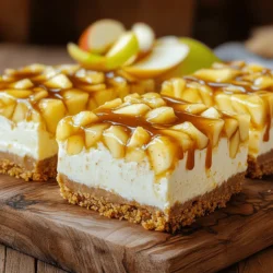 - 1 ½ cups graham cracker crumbs - ½ cup unsalted butter, melted - 2 tablespoons sugar - 1 (8 oz) package cream cheese, softened - ½ cup granulated sugar - 1 teaspoon vanilla extract - 2 large eggs - 2 cups finely chopped apples (about 2 medium apples) - 1 teaspoon cinnamon - ½ cup caramel sauce (plus extra for drizzling) Gather these ingredients for your caramel apple cheesecake bars. The graham cracker crumbs form a tasty crust. The butter makes it rich and smooth. Sugar adds sweetness to the crust and the filling. Cream cheese is the star, giving the bars their creamy texture. Granulated sugar and vanilla enhance the flavor. Eggs help bind everything together, while apples add a fresh, fruity taste. Cinnamon gives warmth and depth. Finally, caramel sauce brings a sweet finish, making these bars irresistible. - Calories per serving: About 200 - Key nutrients: - Fats: 10g - Carbohydrates: 26g - Proteins: 3g These bars are a sweet treat but still pack some nutritional value. You get a nice mix of fats, carbs, and proteins. Enjoy them as a dessert or a special snack. 1. Preheat the oven and prepare the baking pan: Set your oven to 325°F (160°C). Line an 8-inch square baking pan with parchment paper. Let some paper hang over the edges. This helps you lift the bars out later. 2. Make the graham cracker crust: In a medium bowl, mix 1 ½ cups of graham cracker crumbs, ½ cup of melted unsalted butter, and 2 tablespoons of sugar. Stir until well combined. Press this mixture firmly into the bottom of the prepared pan. 1. Beat cream cheese and add other ingredients: In a large bowl, beat 1 package (8 oz) of softened cream cheese with a hand mixer. Mix until smooth. Add ½ cup of granulated sugar and 1 teaspoon of vanilla extract. Blend until combined. 2. Fold in apples and cinnamon: Add 2 large eggs, mixing in one at a time. Be careful not to overmix. Gently fold in 2 cups of finely chopped apples and 1 teaspoon of cinnamon. Make sure they are evenly mixed in. 1. Pour mixture and swirl caramel: Pour the cheesecake mixture over the graham cracker crust. Use a spatula to spread it evenly. Drizzle ½ cup of caramel sauce over the top. Take a knife or skewer and swirl it gently into the cheesecake. 2. Bake and cool the cheesecake bars: Bake for about 30-35 minutes. Look for set edges and a slight jiggle in the center. Once done, remove from the oven and let it cool to room temperature. Then, refrigerate for at least 2 hours or overnight until firm. Follow these steps, and you will have delicious caramel apple cheesecake bars. For more details, check the Full Recipe. - Using room temperature ingredients: Bring your cream cheese and eggs to room temp. This helps them mix well. Cold ingredients can cause lumps in your batter. For best results, let them sit out for about 30 minutes before you start. - Importance of not overmixing: Mix your batter just until combined. Overmixing can add too much air. This can cause cracks in your cheesecake as it bakes. Aim for a smooth texture without overdoing it. - Presentation tips for serving: Serve the bars on a rustic wooden board. Add apple slices and a drizzle of caramel sauce on top. This makes the dish look fresh and inviting. You can also add a sprinkle of cinnamon for extra flair. - Pairing ideas with drinks: Pair these bars with a warm apple cider or a cup of coffee. The rich flavors balance nicely with these drinks. You could also serve them with vanilla ice cream for a special treat. - Underbaking vs. overbaking: Keep an eye on your bars as they bake. Underbaking can lead to a mushy texture. Overbaking makes them dry. The edges should be set, while the center should still jiggle a bit. - Incorrect measurements: Always measure your ingredients accurately. Too much or too little can change the texture and taste. Use proper measuring cups for dry and liquid ingredients to ensure success. {{image_2}} You can change the flavor of your caramel apple cheesecake bars in fun ways. Adding nuts, like walnuts or pecans, gives a nice crunch. Just chop them up and mix them into the apple filling. You can also replace the caramel sauce with chocolate. Melt some chocolate and drizzle it over the top instead. This twist makes it rich and delightful. If you need gluten-free options, use gluten-free graham cracker crumbs. They work just as well for the crust. For a vegan alternative, swap the cream cheese for a plant-based version. Use flax eggs instead of regular eggs. Mix one tablespoon of ground flaxseed with three tablespoons of water, and let it sit until it thickens. These changes let everyone enjoy this tasty treat. For the complete recipe, you can refer to the [Full Recipe]. To keep your caramel apple cheesecake bars fresh, store them in an airtight container. This helps prevent drying out and keeps them tasty. Place a piece of parchment paper between layers if you stack them. They stay fresh for about 5 days in the fridge. To reheat, use your oven at a low temperature. Just warm them at 300°F (150°C) for about 10 minutes. This method keeps them moist and delicious. You can also eat them cold, as they taste great straight from the fridge. If you have leftovers, you can freeze the bars. Wrap each piece in plastic wrap, then place them in a freezer bag. They last up to 3 months in the freezer. When ready to eat, thaw them in the fridge overnight. Enjoy a sweet treat anytime! Yes, you can make these cheesecake bars ahead of time. They stay fresh in the fridge for up to a week. Store them in an airtight container to keep them moist. If you want to serve them later, let them chill overnight. This helps the flavors blend well. When ready to serve, cut them into squares. Drizzle extra caramel sauce on top for a nice touch. The best apples for this recipe are Granny Smith and Honeycrisp. Granny Smith apples give a tart flavor that balances the sweetness. Honeycrisp apples add a nice crunch and sweetness. You can also mix different types of apples for added flavor. Just make sure they are firm and not too soft. Fresh apples will make your cheesecake bars taste amazing. Yes, you can change the cheesecake base if you want. Try using a chocolate cookie crust for a fun twist. You can also make it with an almond flour crust for a gluten-free option. If you like a fruity flavor, consider adding lemon or orange zest to the cheesecake mix. Each change will give your bars a unique taste while keeping them delicious. For the full recipe, check out the earlier section! These caramel apple cheesecake bars are a delicious treat you can easily make at home. We covered the key ingredients, step-by-step instructions, and various tips to help you succeed. I shared storage advice and how to adapt the recipe to your tastes. Remember, the best meals come from experimenting. Try adding your favorite nuts or different flavors. Enjoy creating your own version of this classic dessert!