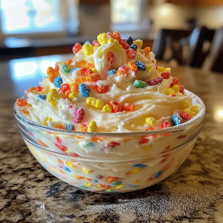To make this fun frosting, you will need: - 1 cup unsalted butter, softened - 4 cups powdered sugar - 1/2 cup heavy cream - 1 tsp vanilla extract - 1 cup Fruity Pebbles cereal - A pinch of salt These ingredients combine to create a creamy and colorful frosting that kids and adults love. You can swap some ingredients for fun twists. Here are a few ideas: - Butter: Use vegan butter for a dairy-free option. - Heavy cream: Substitute with coconut cream for a tropical flavor. - Fruity Pebbles: Try other cereal types like Cocoa Pebbles for a chocolatey version. These swaps keep the spirit of the recipe while adding new tastes. Accurate measuring is key for great frosting. Here are some tips: - Butter: Make sure it is softened but not melted. This helps achieve a smooth texture. - Powdered sugar: Spoon it into the measuring cup and level it off. This avoids packed sugar, which can make the frosting too sweet. - Cream: Measure the heavy cream in a liquid measuring cup for precision. These simple steps help you get the best out of your Fruity Pebbles Frosting. For the full recipe, check the details above. Making Fruity Pebbles frosting is simple and fun. Here are the steps: 1. Beat the butter. Start by placing 1 cup of softened butter in a large bowl. Use an electric mixer at medium speed. Beat until creamy, about 2-3 minutes. 2. Add powdered sugar. Gradually mix in 4 cups of powdered sugar. Start at low speed to avoid a sugary cloud. 3. Pour in cream and vanilla. Add 1/2 cup of heavy cream and 1 teaspoon of vanilla extract. Mix on medium speed until fluffy, about 3-5 minutes. 4. Balance the flavor. Add a pinch of salt to balance the sweetness. Mix again until well blended. 5. Fold in the cereal. Gently fold in 1 cup of Fruity Pebbles cereal. Make sure it spreads evenly throughout the frosting. 6. Adjust the thickness. If your frosting is too thick, add more cream. Use one tablespoon at a time until you like the texture. 7. Ready to use. Frost your favorite cake or cupcakes right away. You can also store it in an airtight container in the fridge for up to a week. Mixing is key to great frosting. Here are some tips: - Room temperature butter works best. It helps achieve a smooth texture. - Add dry ingredients slowly. This avoids lumps and makes mixing easier. - Scrape the bowl often. This ensures all ingredients blend well together. Sometimes, things may not go as planned. Here’s how to fix common issues: - Frosting is too thick. Add more heavy cream, one tablespoon at a time. - Frosting is too thin. Add more powdered sugar, a little at a time, to thicken it. - Cereal becomes soggy. Use the frosting right away for the best crunch. This recipe is fun, colorful, and perfect for any dessert. Don't forget to check out the Full Recipe for more details! To get that ideal frosting texture, start with room temperature butter. This helps it mix better. Beat the butter until creamy, about 2-3 minutes. Gradually add the powdered sugar slowly. Mixing on low speed prevents a sugar cloud. If your frosting is too thick, add more cream, one tablespoon at a time. Keep mixing until it feels light and fluffy. For extra flavor, try adding a splash of almond extract. It pairs well with the fruity taste. You can also mix in a few drops of lemon juice for a zesty kick. If you want a sweeter touch, consider adding more vanilla extract. Each small change can make your frosting pop. Use an electric mixer for best results. A stand mixer works great, too, if you have one. A large mixing bowl is essential for combining ingredients. For easy spreading, use an offset spatula. This tool helps you frost cakes and cupcakes evenly. Keep your tools clean and dry to avoid any unwanted flavors. For the full recipe, check out the detailed steps provided. {{image_2}} You can mix Fruity Pebbles frosting with other flavors for fun. Try vanilla frosting for a classic taste. Chocolate frosting adds a rich twist. A hint of lemon frosting brightens the mix. Each pairing makes your dessert more exciting! Fruity Pebbles frosting works on many treats. It’s perfect on cupcakes, cakes, and cookies. Spread it on brownies for a colorful touch. You can even use it as a dip for fruit. The bright colors and sweet taste make any dessert pop! Want a healthier version? Use Greek yogurt instead of butter. This swap cuts fat and adds protein. You can also use a sugar substitute to lower calories. For a dairy-free option, try coconut cream. These swaps keep the fun while being a bit healthier! For the full recipe, check out the detailed instructions above. To keep your Fruity Pebbles frosting fresh, place it in an airtight container. This helps prevent it from drying out. Make sure the container seals well. Store it in the refrigerator for up to a week. Before using it again, give it a good stir. This will help restore its creamy texture. You can freeze this frosting for longer storage. Start by spooning it into a freezer-safe container. Leave some space at the top for expansion. Seal the container tightly to avoid freezer burn. Label the container with the date. You can freeze it for up to three months. When you’re ready to use it, move it to the fridge overnight to thaw. After thawing, check the frosting's texture. If it looks a bit stiff, add a splash of heavy cream. Stir it well until you reach a smooth consistency again. Use it to frost cakes or cupcakes as usual. The fruity flavor will still shine through, making your treats colorful and fun! For the complete recipe, see the Full Recipe section. Fruity Pebbles Frosting can last up to one week. Store it in an airtight container. Keep it in the fridge to stay fresh. If it sits out too long, it may spoil. Yes, you can use margarine in place of butter. However, the taste may change slightly. Butter gives a richer flavor. If you choose margarine, pick a good quality one. Fruity Pebbles Frosting is great on many treats. It works well on cakes, cupcakes, and cookies. Try it on vanilla or chocolate desserts. The bright colors and flavors add fun to any sweet dish. Yes, this frosting is perfect for piping. It holds its shape well. Just make sure it is not too soft. If needed, chill it briefly before piping to get a better texture. You can create fun designs and shapes with ease. For the full recipe, check out the detailed instructions above. This blog post covered how to make Fruity Pebbles frosting. We explored ingredients, step-by-step instructions, and tips for the best results. You learned about variations, storage, and common questions too. With this simple guide, you can create delicious frosting quickly. Enjoy the bright flavors and fun textures in your desserts. Happy baking!