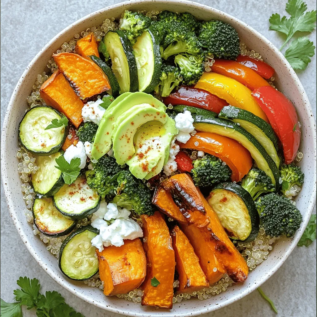 - 1 cup quinoa, rinsed - 2 cups vegetable broth or water - 1 small sweet potato, diced - 1 bell pepper (any color), diced - 1 zucchini, sliced - 1 cup broccoli florets - 1 carrot, julienned - 2 tablespoons olive oil - 1 teaspoon garlic powder - 1 teaspoon smoked paprika - Salt and pepper to taste - 1 avocado, sliced - ¼ cup feta cheese, crumbled (optional) - Fresh herbs (like parsley or cilantro) for garnish This roasted vegetable grain bowl is a simple and healthy meal. The main star is quinoa, a grain packed with protein. You can cook it in vegetable broth for more flavor. I like to use a mix of colorful veggies. Sweet potatoes, zucchini, and bell peppers add taste and fun colors to the bowl. When I roast the vegetables, I toss them in olive oil and spices. Garlic powder and smoked paprika bring warmth and depth. The sweet potato caramelizes perfectly, making each bite a treat. Feel free to add fresh herbs on top. They brighten the dish and make it look pretty. You can even sprinkle feta cheese for a creamy touch. For the full recipe, check out the instructions. Each step is easy and rewarding, ensuring you enjoy every bite of this wholesome meal! - Preheat the oven to 425°F (220°C). - Arrange diced sweet potato, bell pepper, zucchini, broccoli, and carrot on a baking sheet. - Drizzle olive oil over the vegetables and season with garlic powder, smoked paprika, salt, and pepper. Toss them lightly to coat evenly. - Roast the vegetables in the preheated oven for 25-30 minutes. - Stir halfway through roasting to ensure even cooking. They should become tender and slightly caramelized. - In a medium saucepan, combine 1 cup of rinsed quinoa and 2 cups of vegetable broth or water. - Bring the mixture to a boil, then reduce the heat to low. Cover and simmer until the quinoa is fluffy, about 15 minutes. - Divide the cooked quinoa into serving bowls. - Top each bowl with the roasted vegetables. - Add sliced avocado on top and sprinkle with feta cheese if you like. - Garnish with fresh herbs for an extra pop of flavor. This recipe is a great way to enjoy a colorful, healthy meal. For the full recipe, check out the details above! - Use a single layer for even cooking. This helps all veggies roast nicely. - Choose fresh, seasonal vegetables for the best flavor. They taste great and have more nutrients. - Rinse quinoa before cooking to remove bitterness. This makes it taste better. - Let quinoa rest after cooking for fluffiness. It will become light and airy. - Pair with a citrus vinaigrette or tahini sauce. This adds a zesty kick. - Serve alongside crusty bread for a full meal. It makes every bite satisfying. Try these tips for a delicious roasted vegetable grain bowl. For the full recipe, check out the details above! {{image_2}} You can switch quinoa for other grains. Try farro, brown rice, or couscous. These grains add their own taste and texture. If you want gluten-free options, consider using millet or buckwheat. Each grain brings a unique flavor to your bowl. Seasonal vegetables make great choices. Asparagus, squash, and Brussels sprouts are tasty options. They add color and nutrients to your meal. You can also mix in different color peppers. This not only makes your bowl look pretty but also adds different flavors. Add spices to boost flavor. Cumin and coriander work wonderfully with roasted veggies. They bring warmth and depth to the dish. You can also add nuts or seeds for crunch. Almonds, walnuts, or sunflower seeds add texture and nutrition. These simple changes can elevate your roasted vegetable grain bowl. For the full recipe, check out the complete guide above. Keep leftovers in an airtight container in the fridge. This helps keep the dish fresh. Consume within 3-4 days for the best taste. If you wait too long, the veggies may lose flavor and texture. You can freeze individual portions for quick meals later. This is great for busy days. Properly cool the grain bowl before transferring to freezer-safe containers. Label each container with the date. This way, you’ll know when to use them. Reheat gently in the microwave or on the stovetop. This keeps the food from drying out. Add a splash of water to keep the meal moist. Stir occasionally for even heating. Enjoy your tasty meal again! For the full recipe, check the detailed instructions above. You can use farro, brown rice, or even barley. Each of these grains adds unique flavor and texture. Farro is chewy and nutty, while brown rice is hearty and filling. Barley has a lovely, slightly sweet taste. Choose what you like best! Yes, simply omit the feta cheese or use a vegan alternative. Nutritional yeast is a great option. It adds a cheesy flavor without any dairy. This makes the dish vegan and still very tasty! Consider adding chickpeas, lentils, or grilled chicken. Chickpeas are rich in protein and fiber. Lentils cook quickly and pack a punch of nutrients. If you prefer meat, grilled chicken is a great choice that complements the veggies well. Yes, this bowl can be prepared in advance and stored for easy meals. Just keep the grains and vegetables separate until you’re ready to eat. This keeps everything fresh and delicious. You can make a big batch for the week! Try seeds, nuts, or a homemade dressing for added flavor. Sunflower seeds add crunch, while almonds bring a nice nutty taste. You can also drizzle a zesty lemon dressing on top. It brightens up the whole dish! For the full recipe, check out the Roasted Rainbow Veggie Grain Bowl 🥗. This blog post shared a delicious grain bowl recipe rich in flavor and nutrients. We covered simple steps for roasting veggies, cooking quinoa, and assembling your bowl. Remember to use fresh ingredients for the best taste. You can customize with different grains and toppings. Store leftovers in the fridge or freezer for easy meals later. Enjoy your healthy creation, and have fun experimenting with new flavors!