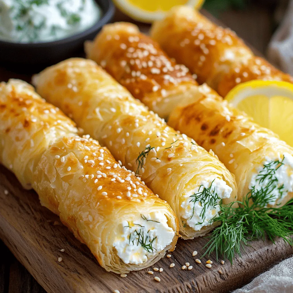 To make these oven fried feta rolls, you will need: - 200g feta cheese, crumbled - 100g ricotta cheese - 1 tablespoon fresh dill, finely chopped - 1 tablespoon fresh parsley, finely chopped - 1 teaspoon lemon zest - Salt and pepper to taste - 8 sheets of phyllo dough - 1/4 cup olive oil - Sesame seeds for garnish If you can't find feta cheese, try goat cheese instead. It gives a nice tang. You can use cottage cheese in place of ricotta, but drain it well first. For herbs, use dried dill and parsley if fresh is not available. Just remember, dried herbs are stronger, so use less—about half the amount. If you want a crunchier topping, swap sesame seeds for poppy seeds. Fresh herbs give a bright taste and nice texture to the rolls. They make the dish pop! Dried herbs are handy when fresh isn’t an option. They work well but can taste different. If you choose dried, remember to use less, as their flavor is more intense. Fresh herbs also add color, making your rolls look great on the plate. For the best flavor, I suggest sticking with fresh herbs when possible. Start by gathering all your ingredients. You will need: - 200g feta cheese, crumbled - 100g ricotta cheese - 1 tablespoon fresh dill, finely chopped - 1 tablespoon fresh parsley, finely chopped - 1 teaspoon lemon zest - Salt and pepper to taste - 8 sheets of phyllo dough - 1/4 cup olive oil - Sesame seeds for garnish In a bowl, mix the crumbled feta, ricotta, dill, parsley, lemon zest, salt, and pepper. Stir until creamy and well blended. This step builds the rich flavor you want in your rolls. Lay one sheet of phyllo dough on a clean surface. Brush it lightly with olive oil. Place another sheet on top and brush again. Repeat this step until you have four sheets stacked. This layering gives your rolls extra crunch. Now, cut the layered phyllo into rectangles, about 6 inches by 4 inches. At one end of each rectangle, place a tablespoon of the cheese mixture. Fold in the sides and roll tightly to form a cylinder. Make sure the seam is down on the baking sheet. This ensures they keep their shape. Repeat with the remaining phyllo and cheese mixture. Preheat your oven to 200°C (400°F) and line a baking sheet with parchment paper. Once you finish rolling, brush the tops of the rolls with olive oil. Sprinkle sesame seeds on top for a nice crunch. Now, bake the rolls for 20-25 minutes. Watch closely until they turn golden brown and crispy. Once done, let them cool slightly before serving. This gives you a perfect snack. For details on the full process, refer to the Full Recipe. To get crispy rolls, you need to use phyllo dough correctly. Make sure to layer the phyllo sheets well. Each sheet needs a brush of olive oil. This helps create a nice, flaky texture. Don't skip the sesame seeds! They add crunch and flavor. Bake the rolls until they are golden brown. Keep an eye on them; ovens vary. If they look golden, they are likely ready. Oven fried feta rolls taste best when served warm. Pair them with tzatziki for a fresh kick. You can also serve them with lemon wedges. The citrus adds brightness to the rich cheese. For a full meal, add a salad with crisp greens. These rolls can also be a great snack for parties. Arrange them on a platter to impress your guests. One common mistake is overfilling the rolls. Use just enough filling to avoid spills. Another mistake is not brushing enough oil on the phyllo. This can lead to dry rolls. Avoid baking them on a crowded tray. Give each roll space to cook evenly. Lastly, don’t skip cooling them before serving. This helps the flavors settle and makes them easier to eat. For the full recipe, check out the main article. {{image_2}} You can add different flavors to your oven fried feta rolls. Try mixing in sun-dried tomatoes or olives for a Mediterranean kick. You can also use spices like paprika or chili flakes for heat. A touch of garlic powder can add depth too. Experiment with flavors that excite your taste buds! If you need a dairy-free option, swap the feta and ricotta with vegan cheese. Look for a cheese made from nuts or soy. For a gluten-free version, choose gluten-free phyllo dough. You can usually find it at health food stores. These tweaks let everyone enjoy this tasty snack! Using different cheeses can change the whole dish. Try goat cheese for a creamy texture. A mix of mozzarella and feta will give a nice stretch. You could also blend in cheddar for a sharper taste. Each cheese adds its unique flavor, making the rolls even more special. For the complete recipe, check out the Full Recipe section. To keep your oven fried feta rolls fresh, store them in an airtight container. Make sure they cool down first. Place parchment paper between the layers to prevent sticking. The rolls will stay good for about three days in the fridge. To reheat, preheat your oven to 180°C (350°F). Place the rolls on a baking sheet. Bake for about 10 to 15 minutes. This method keeps them crispy. You can also use an air fryer. Heat at 180°C (350°F) for about 5 to 7 minutes for a quick option. You can freeze these rolls before baking. Wrap each roll tightly in plastic wrap. Then, place them in a freezer bag. They will last up to three months. When ready to bake, just take them out and bake straight from the freezer. Adjust the baking time to about 30 to 35 minutes. For the best flavor, try the Full Recipe. You can serve oven fried feta rolls with many tasty sides. A fresh salad adds crunch and color. Try a Greek salad for a perfect match. Tzatziki sauce pairs well and adds a cool touch. You can also use hummus or a spicy dip for more flavor. Lemon wedges brighten the dish and enhance taste. Consider serving them as part of a mezze platter for a fun sharing experience. Yes, you can prepare the rolls ahead of time. Once you fill and shape the rolls, cover them with plastic wrap. Store them in the fridge for up to 24 hours. This helps save time on busy days. When ready to bake, brush them with olive oil and sprinkle sesame seeds. Bake as instructed in the full recipe for the best results. To make oven fried feta rolls gluten-free, use gluten-free phyllo dough. Many stores sell this option now. Ensure all other ingredients, like cheese and herbs, are gluten-free too. Follow the same steps as the original recipe. This way, everyone can enjoy this tasty snack without worry. You learned about the key ingredients for oven-fried feta rolls and how to make them. I provided tips to ensure crispness and shared variations for your taste. Knowing how to store and reheat your rolls keeps them fresh. Consider these simple methods and answers to your questions next time you cook. Enjoy your cooking adventure with these tasty treats!